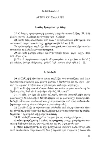 15
2ο ΚΕΦΑΛΑΙΟ
ΛΕΞΕΙΣ ΚΑΙ ΣΥΛΛΑΒΕΣ
1. Λέξη. Γράμματα της λέξης
27. Ο λόγος, προφορικός ή γραπτός, απαρτίζεται από λέξεις (βλ. § 6):
φείδου χρόνου (2 λέξεις), τοὺς γονεῖς τίμα (3 λέξεις).
28. Κάθε λέξη αποτελείται από έναν ή περισσότερους φθόγγους, που
παριστάνονται με τα αντίστοιχα γράμματα (βλ. § 2 και § 8).
Το πρώτο γράμμα της λέξης λέγεται αρχικό, το τελευταίο λέγεται τελι-
κό και όλα τα άλλα λέγονται εσωτερικά.
29. α) Κάθε φωνήεν μπορεί να είναι τελικό: σῶμα, φέρε, μάχη, περί,
ὑπό, δόρυ, ἐγώ.
β) Τελικά σύμφωνα στην αρχαία ελληνική είναι τα ν, ρ, ς (και τα διπλά ξ,
ψ): πλοῖον, ῥήτωρ, ἄνθρωπος, φύλαξ (κς), κώνωψ (πς)· (βλ. § 21, 2).
2. Συλλαβή
30. α) Συλλαβή λέγεται το τμήμα της λέξης που απαρτίζεται από ένα ή
περισσότερα σύμφωνα μαζί με ένα φωνήεν ή δίφθογγο: φῶ-τα, φῶς· ναῦ-
ται· Ἕλ-λη-νες· ἄν-θρω-πος, στρά-τευ-μα, σάλ-πιγξ, στρό-φιγξ.
β) Η συλλαβή μπορεί ν’ αποτελείται και από ένα μόνο φωνήεν ή ένα
δίφθογγο: ἴ-α, ἀ-εί, υἱ-οί, οὐ (=ὄχι), εἰ (=ἄν). Βλ. και § 7.
31. Η λέξη, αν έχει μία μόνο συλλαβή, λέγεται μονοσύλλαβη (νοῦς,
φῶς)· αν έχει δύο συλλαβές, δισύλλαβη (τι-μή, φέ-ρω)· αν έχει τρεις, τρισύλ-
λαβη (ἄν-θρω-πος, παι-δεύ-ω)· αν έχει περισσότερες από τρεις, πολυσύλλα-
βη (σω-φρο-σύ-νη, ἀ-γω-νί-ζο-μαι, ἀ-γω-νι-ζό-με-θα).
32. Σε κάθε λέξη με περισσότερες συλλαβές από μία, η τελευταία λέγε-
ται λήγουσα, η προτελευταία παραλήγουσα, η αντιπροτελευταία προπαρα-
λήγουσα· η πρώτη συλλαβή λέγεται αρχική.
33. Η συλλαβή, από το χρόνο του φωνήεντος που έχει, λέγεται:
α) φύσει μακρόχρονη ή απλώς μακρόχρονη, αν έχει μακρόχρονο φω-
νήεν ή δίφθογγο: θή-κη, τρώ-γω, χαί-ρω, κοί-τη, ὥ-ρα, εὐ-θυ-μῶ·
β) θέσει μακρόχρονη, αν έχει βραχύχρονο φωνήεν, αλλά ύστερ’ από
αυτό ακολουθούν στην ίδια λέξη δύο ή περισσότερα σύμφωνα ή ένα διπλό
22-0012.indd 15 2/19/14 5:36 PM
 