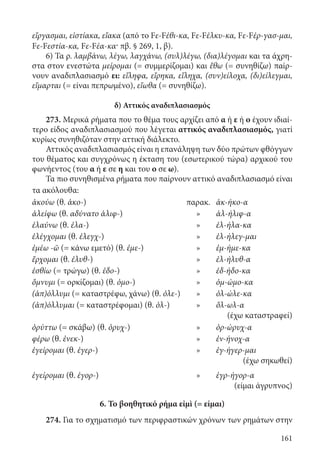 161
εἴργασμαι, εἱστίακα, εἴακα (από το Fε-Fέθι-κα, Fε-Fέλκυ-κα, Fε-Fέρ-γασ-μαι,
Fε-Fεστία-κα, Fε-Fέα-κα· πβ. § 269, 1, β).
6) Τα ρ. λαμβάνω, λέγω, λαγχάνω, (συλ)λέγω, (δια)λέγομαι και τα άχρη-
στα στον ενεστώτα μείρομαι (= συμμερίζομαι) και ἔθω (= συνηθίζω) παίρ-
νουν αναδιπλασιασμό ει: εἴληφα, εἴρηκα, εἴληχα, (συν)είλοχα, (δι)είλεγμαι,
εἵμαρται (= είναι πεπρωμένο), εἴωθα (= συνηθίζω).
δ) Αττικός αναδιπλασιασμός
273. Μερικά ρήματα που το θέμα τους αρχίζει από α ή ε ή ο έχουν ιδιαί-
τερο είδος αναδιπλασιασμού που λέγεται αττικός αναδιπλασιασμός, γιατί
κυρίως συνηθιζόταν στην αττική διάλεκτο.
Αττικός αναδιπλασιασμός είναι η επανάληψη των δύο πρώτων φθόγγων
του θέματος και συγχρόνως η έκταση του (εσωτερικού τώρα) αρχικού του
φωνήεντος (του α ή ε σε η και του ο σε ω).
Τα πιο συνηθισμένα ρήματα που παίρνουν αττικό αναδιπλασιασμό είναι
τα ακόλουθα:
ἀκούω (θ. ἀκο-) παρακ. ἀκ-ήκο-α
ἀλείφω (θ. αδύνατο ἀλιφ-) » ἀλ-ήλιφ-α
ἐλαύνω (θ. ἐλα-) » ἐλ-ήλα-κα
ἐλέγχομαι (θ. ἐλεγχ-) » ἐλ-ήλεγ-μαι
ἐμέω -ῶ (= κάνω εμετό) (θ. ἐμε-) » ἐμ-ήμε-κα
ἔρχομαι (θ. ἐλυθ-) » ἐλ-ήλυθ-α
ἐσθίω (= τρώγω) (θ. ἐδο-) » ἐδ-ήδο-κα
ὄμνυμι (= ορκίζομαι) (θ. ὀμο-) » ὀμ-ώμο-κα
(ἀπ)όλλυμι (= καταστρέφω, χάνω) (θ. ὀλε-) » ὀλ-ώλε-κα
(ἀπ)όλλυμαι (= καταστρέφομαι) (θ. ὀλ-) » ὄλ-ωλ-α
(έχω καταστραφεί)
ὀρύττω (= σκάβω) (θ. ὀρυχ-) » ὀρ-ώρυχ-α
φέρω (θ. ἐνεκ-) » ἐν-ήνοχ-α
ἐγείρομαι (θ. ἐγερ-) » ἐγ-ήγερ-μαι
(έχω σηκωθεί)
ἐγείρομαι (θ. ἐγορ-) » ἐγρ-ήγορ-α
(είμαι άγρυπνος)
6. Το βοηθητικό ρήμα εἰμὶ (= είμαι)
274. Για το σχηματισμό των περιφραστικών χρόνων των ρημάτων στην
22-0012.indd 161 2/19/14 5:36 PM
 