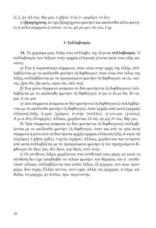 16
(ζ, ξ, ψ): ἄλ-λος, θερ-μός, ἐ-χθρός· ὄ-ζω (= μυρίζω), τό-ξον.
γ) βραχύχρονη, αν έχει βραχύχρονο φωνήεν και ακολουθεί άλλο φωνή-
εν ή απλό σύμφωνο ή τίποτε: νέ-ος, φέ-ρο-μεν, λό-γος, ἔ-χε.
3. Συλλαβισμός
34. Το χώρισμα μιας λέξης στις συλλαβές της λέγεται συλλαβισμός. Ο
συλλαβισμός των λέξεων στην αρχαία ελληνική γίνεται κατά τους εξής κα-
νόνες:
α) Ένα ή περισσότερα σύμφωνα, όταν είναι στην αρχή της λέξης, συλ-
λαβίζονται με το ακόλουθο φωνήεν (ή δίφθογγο)· όταν είναι στο τέλος της
λέξης, συλλαβίζονται με το προηγούμενο φωνήεν (ή δίφθογγο): να-ός, ναύ-
της, βρα-δύς, βα-φεύς, στρα-τός, σάλ-πιγξ.
β) Ένα μόνο σύμφωνο ανάμεσα σε δύο φωνήεντα (ή διφθόγγους) συλ-
λαβίζεται με το ακόλουθο φωνήεν (ή δίφθογγο): ἀ-γω-νι-ζό-με-θα, δύ-να-
μαι, ἄ-πει-ροι.
γ) Δύο σύμφωνα ανάμεσα σε δύο φωνήεντα (ή διφθόγγους) συλλαβίζο-
νται με το ακόλουθο φωνήεν (ή δίφθογγο), όταν αρχίζει από αυτά (αρχαία)
ελληνική λέξη: ἀ-γροὶ (γράφω), ἀ-στὴρ (στέλλω), γί-γνο-μαι (γνῶσις),
Ἀ-ρι-ά-δνη (δνοφερός). Αλλιώς, χωρίζονται: ἐλ-πίς, ὁρ-μή, ἵπ-πος, θάρ-ρος.
δ) Τρία σύμφωνα ανάμεσα σε δύο φωνήεντα (ή διφθόγγους) συλλαβί-
ζονται με το ακόλουθο φωνήεν (ή δίφθογγο), όταν και από τα τρία αυτά
σύμφωνα ή μόνο από τα δύο πρώτα αρχίζει αρχαία ελληνική λέξη: ἀ-στρα-πὴ
(στρέφω), ἐ-χθρὸς (χθές), ἰ-σχνὸς (σχῆμα). Αλλιώς, χωρίζονται· και το πρώτο
από αυτά συλλαβίζεται με το προηγούμενο φωνήεν ή τον προηγούμενο δί-
φθογγο: ἄν-θρω-πος, δέν-δρον, πορ-θμός, στιλ-πνός.
ε) Οι σύνθετες λέξεις χωρίζονται στα συνθετικά τους μέρη, αν κατά τη
σύνθεση δεν έχει αποβληθεί το τελικό φωνήεν του θέματος του α΄ συνθε-
τικού· αλλιώς, συλλαβίζονται σαν απλές λέξεις: ἐξ-έρχομαι, συν-άγω, προσ-
φέρω, δυσ-τυχής, Ἑλλήσ-ποντος, νουν-εχής· αλλά: πα-ρέρχομαι, ἀ-πέχω, κά-
θοδος, νο-μάρχης, φί-λιππος, πρω-ταγωνιστής.
22-0012.indd 16 2/19/14 5:36 PM
 