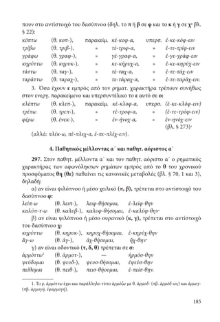 185
πουν στο αντίστοιχό του δασύπνοο (δηλ. το π ή β σε φ και το κ ή γ σε χ· βλ.
§ 22):
κόπτω (θ. κοπ-), παρακείμ. κέ-κοφ-α, υπερσ. ἐ-κε-κόφ-ειν
τρίβω (θ. τριβ-), » τέ-τριφ-α, » ἐ-τε-τρίφ-ειν
γράφω (θ. γραφ-), » γέ-γραφ-α, » ἐ-γε-γράφ-ειν
κηρύττω (θ. κηρυκ-), » κε-κήρυχ-α, » ἐ-κε-κηρύχ-ειν
τάττω (θ. ταγ-), » τέ-ταχ-α, » ἐ-τε-τάχ-ειν
ταράττω (θ. ταραχ-), » τε-τάραχ-α, » ἐ-τε-ταράχ-ειν.
3.	 Όσα έχουν ε εμπρός από τον ρηματ. χαρακτήρα τρέπουν συνήθως
στον ενεργ. παρακείμενο και υπερσυντέλικο το ε αυτό σε ο:
κλέπτω (θ. κλεπ-), παρακείμ. κέ-κλοφ-α, υπερσ. (ἐ-κε-κλόφ-ειν)
τρέπω (θ. τρεπ-), » τέ-τροφ-α, » (ἐ-τε-τρόφ-ειν)
φέρω (θ. ἐνεκ-), » ἐν-ήνοχ-α, » ἐν-ηνόχ-ειν
(βλ. § 273)·
(αλλά: πλέκ-ω, πέ-πλεχ-α, ἐ-πε-πλέχ-ειν).
4. Παθητικός μέλλοντας α΄ και παθητ. αόριστος α΄
297. Στον παθητ. μέλλοντα α΄ και τον παθητ. αόριστο α΄ ο ρηματικός
χαρακτήρας των αφωνόληκτων ρημάτων εμπρός από το θ του χρονικού
προσφύματος θη (θε) παθαίνει τις κανονικές μεταβολές (βλ. § 70, 1 και 3),
δηλαδή:
α) αν είναι ψιλόπνοο ή μέσο χειλικό (π, β), τρέπεται στο αντίστοιχό του
δασύπνοο φ:
λείπ-ω	 (θ. λειπ-),	 λειφ-θήσομαι,	ἐ-λείφ-θην
καλύπ-τ-ω	(θ. καλυβ-),	 καλυφ-θήσομαι,	ἐ-καλύφ-θην·
β) αν είναι ψιλόπνοο ή μέσο ουρανικό (κ, γ), τρέπεται στο αντίστοιχό
του δασύπνοο χ:
κηρύττω	(θ. κηρυκ-),	 κηρυχ-θήσομαι,	ἐ-κηρύχ-θην
ἄγ-ω	 (θ. ἀγ-),	 ἀχ-θήσομαι,	 ἤχ-θην·
γ) αν είναι οδοντικό (τ, δ, θ) τρέπεται σε σ:
ἁρμόττω1
	(θ. ἁρμοτ-), 	 — 	 ἡρμόσ-θην
ψεύδομαι	(θ. ψευδ-),	 ψευσ-θήσομαι,	ἐψεύσ-θην
πείθομαι	 (θ. πειθ-), 	 πεισ-θήοομαι,	ἐ-πείσ-θην.
1. Το ρ. ἁρμόττω έχει και παράλληλο τύπο ἁρμόζω με θ. ἁρμοδ- (πβ. ἁρμόδ-ιος) και ἁρμογ-
(πβ. ἁρμογή, ἐφαρμογή). 	
22-0012.indd 185 2/19/14 5:36 PM
 