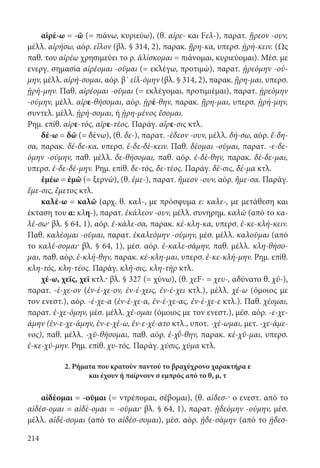 214
αἱρέ-ω = -ῶ (= πιάνω, κυριεύω), (θ. αἱρε- και Fελ-), παρατ. ᾕρεον -ουν,
μέλλ. αἱρήσω, αόρ. εἷλον (βλ. § 314, 2), παρακ. ᾕρη-κα, υπερσ. ᾑρή-κειν. (Ως
παθ. του αἱρέω χρησιμεύει το ρ. ἁλίσκομαι = πιάνομαι, κυριεύομαι). Μέσ. με
ενεργ. σημασία αἱρέομαι -οῦμαι (= εκλέγω, προτιμώ), παρατ. ᾑρεόμην -ού-
μην, μέλλ. αἱρή-σομαι, αόρ. β΄ εἱλ-όμην (βλ. § 314, 2), παρακ. ᾕρη-μαι, υπερσ.
ᾑρή-μην. Παθ. αἱρέομαι -οῦμαι (= εκλέγομαι, προτιμιέμαι), παρατ. ᾑρεόμην
-ούμην, μέλλ. αἱρε-θήσομαι, αόρ. ᾑρέ-θην, παρακ. ᾕρη-μαι, υπερσ. ᾑρή-μην,
συντελ. μέλλ. ᾑρή-σομαι, ή ᾑρη-μένος ἔσομαι.
Ρημ. επίθ. αἱρε-τός, αἱρε-τέος. Παράγ. αἵρε-σις κτλ.
δέ-ω = δῶ (= δένω), (θ. δε-), παρατ. -έδεον -ουν, μέλλ. δή-σω, αόρ. ἔ-δη-
σα, παρακ. δέ-δε-κα, υπερσ. ἐ-δε-δέ-κειν. Παθ. δέομαι -οῦμαι, παρατ. -ε-δε-
όμην -ούμην, παθ. μέλλ. δε-θήσομαι, παθ. αόρ. ἐ-δέ-θην, παρακ. δέ-δε-μαι,
υπερσ. ἐ-δε-δέ-μην. Ρημ. επίθ. δε-τός, δε-τέος. Παράγ. δέ-σις, δέ-μα κτλ.
ἐμέω = ἐμῶ (= ξερνώ), (θ. ἐμε-), παρατ. ἤμεον -ουν, αόρ. ἤμε-σα. Παράγ.
ἔμε-σις, ἔμετος κτλ.
καλέ-ω = καλῶ (αρχ. θ. καλ-, με πρόσφυμα ε: καλε-, με μετάθεση και
έκταση του α: κλη-), παρατ. ἐκάλεον -ουν, μέλλ. συνηρημ. καλῶ (από το κα-
λέ-σω· βλ. § 64, 1), αόρ. ἐ-κάλε-σα, παρακ. κέ-κλη-κα, υπερσ. ἐ-κε-κλή-κειν.
Παθ. καλέομαι -οῦμαι, παρατ. ἐκαλεόμην -ούμην, μέσ. μέλλ. καλοῦμαι (από
το καλέ-σομαι· βλ. § 64, 1), μέσ. αόρ. ἐ-καλε-σάμην, παθ. μέλλ. κλη-θήσο-
μαι, παθ. αόρ. ἐ-κλή-θην, παρακ. κέ-κλη-μαι, υπερσ. ἐ-κε-κλή-μην. Ρημ. επίθ.
κλη-τός, κλη-τέος. Παράγ. κλῆ-σις, κλη-τὴρ κτλ.
χέ-ω, χεῖς, χεῖ κτλ.· βλ. § 327 (= χύνω), (θ. χεF- = χευ-, αδύνατο θ. χῠ-),
παρατ. -έ-χε-ον (ἐν-έ-χε-ον, ἐν-έ-χεις, ἐν-έ-χει κτλ.), μέλλ. χέ-ω (όμοιος με
τον ενεστ.), αόρ. -έ-χε-α (ἐν-έ-χε-α, ἐν-έ-χε-ας, ἐν-έ-χε-ε κτλ.). Παθ. χέομαι,
παρατ. ἐ-χε-όμην, μέσ. μέλλ. χέ-ομαι (όμοιος με τον ενεστ.), μέσ. αόρ. -ε-χε-
άμην (ἐν-ε-χε-άμην, ἐν-ε-χέ-ω, ἐν-ε-χέ-ατο κτλ., υποτ. -χέ-ωμαι, μετ. -χε-άμε-
νος), παθ. μέλλ. -χῠ-θήσομαι, παθ. αόρ. ἐ-χ΄ῠ-θην, παρακ. κέ-χῠ-μαι, υπερσ.
ἐ-κε-χύ-μην. Ρημ. επίθ. χυ-τός. Παράγ. χύσις, χύμα κτλ.
2. Ρήματα που κρατούν παντού το βραχύχρονο χαρακτήρα ε
και έχουν ή παίρνουν σ εμπρός από το θ, μ, τ
αἰδέομαι = -οῦμαι (= ντρέπομαι, σέβομαι), (θ. αἰδεσ-· ο ενεστ. από το
αἰδέσ-ομαι = αἰδέ-ομαι = -οῦμαι· βλ. § 64, 1), παρατ. ᾐδεόμην -ούμην, μέσ.
μέλλ. αἰδέ-σομαι (από το αἰδέσ-σομαι), μέσ. αόρ. ᾐδε-σάμην (από το ᾐδεσ-
22-0012.indd 214 2/19/14 5:36 PM
 