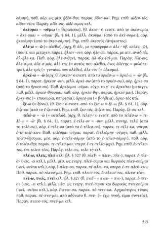 215
σάμην), παθ. αόρ. ως μέσ. ᾐδέσ-θην, παρακ. ᾔδεσ-μαι. Ρημ. επίθ. αἰδεσ-τός,
αἰδεσ-τέον. Παράγ. αἴδε-σις, αἰδέ-σιμος κτλ.
ἀκέομαι = -οῦμαι (= θεραπεύω), (θ. ἀκεσ-· ο ενεστ. από το ἀκέσ-ομαι
= ἀκέ-ομαι = -οῦμαι· βλ. § 64, 1), μέλλ. ἀκοῦμαι (από το ἀκέ-σομαι), αόρ.
ἠκεσάμην (από το ἠκεσ-σάμην). Ρημ. επίθ. ἀκεστὸς (ἀνήκεστος).
ἀλέ-ω = -ῶ (= αλέθω), (αρχ. θ. ἀλ-, με πρόσφυμα ε: ἀλε-· πβ. καλέω -ῶ),
(ποιητ. και μεταγεν. παρατ. ἤλεον -ουν, αόρ. ἤλε-σα, παρακ. με αττ. αναδιπλ.
ἀλ-ήλε-κα. Παθ. αόρ. ἠλέ-σ-θην), παρακ. ἀλ-ήλε-(σ)-μαι. Παράγ. ἄλε-σις,
ἄλε-σ-μα, ἀλε-σ-μός, ἀλέ-της (= αυτός που αλέθει, ὄνος ἀλέτης = μυλόπε-
τρα), ἀλε-τρὶς (= γυναίκα που αλέθει), ἀλε-τὸς (= άλεσμα).
ἀρκέ-ω = -ῶ (αρχ. θ. ἀρκεσ-· ο ενεστ. από το ἀρκέσ-ω = ἀρκέ-ω = -ῶ· βλ.
§ 64, 1), παρατ. ἤρκεον -ουν, μέλλ. ἀρκέ-σω (από το ἀρκέσ-σω), αόρ. ἤρκε-σα
(από το ἤρκεσ-σα). Παθ. ἀρκέομαι -οῦμαι, εύχρ. το γ΄ εν. ἀρκεῖται (μεταγεν.
παθ. μέλλ. ἀρκεσ-θήσομαι, παθ. αόρ. ἠρκέσ-θην, παρακ. ἤρκεσ-μαι). Παράγ.
ἄρκε-σις (= επικουρία, υπηρεσία), ἄρκεσ-μα (= βοήθεια), ἀρκε-τὸς κτλ.
ξέ-ω (= ξύνω), (θ. ξεσ-· ο ενεστ. από το ξέσ-ω = ξέ-ω, βλ. § 64, 1), αόρ.
ἔ-ξε-σα (από το ἔ-ξεσ-σα). Ρημ. επίθ. ξεσ-τός, ἄ-ξεσ-τος. Παράγ. ξέ-σις κτλ.
τελέ-ω = -ῶ (= εκτελώ), (αρχ. θ. τελεσ-· ο ενεστ. από το τελέσ-ω = τε­
λέ-ω = -ῶ· βλ. § 64, 1), παρατ. ἐ-τέλε-ον = -ουν, μέλλ. συνηρ. τελῶ (από
το τελέ-σω), αόρ. ἐ-τέλε-σα (από το ἐ-τέλεσ-σα), παρακ. τε-τέλε-κα, υπερσ.
ἐ-τε-τελέ-κειν. Παθ. τελέομαι -οῦμαι, παρατ. ἐτελεόμην -ούμην, παθ. μέλλ.
τελεσ-θήσομαι, μέσ. αόρ. ἐ-τελε-σάμην (από το ἐ-τελεσ-σάμην), παθ. αόρ.
ἐ-τελέσ-θην, παρακ. τε-τέλεσ-μαι, υπερσ. ἐ-τε-τελέσ-μην). Ρημ. επίθ. ἀ-τέλεσ-
τος, ἐπι-τελεσ-τέος. Παράγ. τέλε-σις, τελε-τὴ κτλ.
πλέ-ω, πλεῖς, πλεῖ κτλ.· βλ. § 327 (θ. πλεF- = πλευ-, πλε-), παρατ. ἔ-πλε-
ον (-εις, -ει κτλ.), μέλλ. μέσ. ως ενεργ. πλεύ-σομαι και δωρικός πλευ-σοῦμαι
(-σεῖ, -σεῖται κτλ.), αόρ. ἔ-πλευ-σα, παρακ. πέ-πλευ-κα, υπερσ. ἐ-πε-πλεύ-κειν.
Παθ. παρακ. πέ-πλευσ-μαι. Ρημ. επίθ. πλευσ-τός, ἄ-πλευσ-τος, πλευσ-τέον.
πνέ-ω, πνεῖς, πνεῖ κτλ.· βλ. § 327 (θ. πνεF- = πνευ- = πνε-), παρατ. ἔ-πνε-
ον (-εις, -ει κτλ.), μέλλ. μέσ. ως ενεργ. πνεύ-σομαι και δωρικός πνευσοῦμαι
(-σεῖ, -σεῖται κτλ.), αόρ. ἔ-πνευ-σα, παρακ. πέ-πνευ-κα. Αρχαιότερος τύπος
παθ. παρακ. πέ-πνυ-μαι, από αδύνατο θ. πνυ- (= έχω πνοή, είμαι συνετός).
Παράγ. πνευσ-τός, πνεῦ-μα κτλ.
22-0012.indd 215 3/5/15 1:42 PM
 