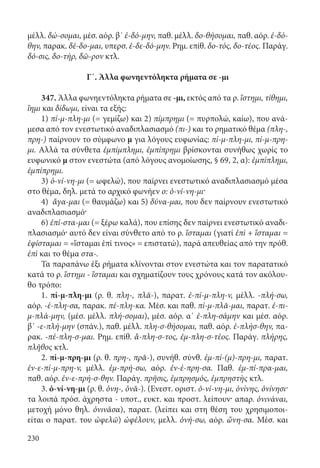230
μέλλ. δώ-σομαι, μέσ. αόρ. β΄ ἐ-δό-μην, παθ. μέλλ. δο-θήσομαι, παθ. αόρ. ἐ-δό-
θην, παρακ. δέ-δο-μαι, υπερσ. ἐ-δε-δό-μην. Ρημ. επίθ. δο-τός, δο-τέος. Παράγ.
δό-σις, δο-τήρ, δῶ-ρον κτλ.
Γ΄. Άλλα φωνηεντόληκτα ρήματα σε -μι
347. Άλλα φωνηεντόληκτα ρήματα σε -μι, εκτός από τα ρ. ἵστημι, τίθημι,
ἵημι και δίδωμι, είναι τα εξής:
1) πί-μ-πλη-μι (= γεμίζω) και 2) πίμπρημι (= πυρπολώ, καίω), που ανά-
μεσα από τον ενεστωτικό αναδιπλασιασμό (πι-) και το ρηματικό θέμα (πλη-,
πρη-) παίρνουν το σύμφωνο μ για λόγους ευφωνίας: πί-μ-πλη-μι, πί-μ-πρη-
μι. Αλλά τα σύνθετα ἐμπίμπλημι, ἐμπίπρημι βρίσκονται συνήθως χωρίς το
ευφωνικό μ στον ενεστώτα (από λόγους ανομοίωσης, § 69, 2, α): ἐμπίπλημι,
ἐμπίπρημι.
3) ὀ-νί-νη-μι (= ωφελώ), που παίρνει ενεστωτικό αναδιπλασιασμό μέσα
στο θέμα, δηλ. μετά το αρχικό φωνήεν ο: ὀ-νί-νη-μι·
4) ἄγα-μαι (= θαυμάζω) και 5) δύνα-μαι, που δεν παίρνουν ενεστωτικό
αναδιπλασιασμό·
6) ἐπί-στα-μαι (= ξέρω καλά), που επίσης δεν παίρνει ενεστωτικό αναδι-
πλασιασμό· αυτό δεν είναι σύνθετο από το ρ. ἵσταμαι (γιατί ἐπὶ + ἵσταμαι =
ἐφίσταμαι = «ἵσταμαι ἐπί τινος» = επιστατώ), παρά απευθείας από την πρόθ.
ἐπὶ και το θέμα στα-.
Τα παραπάνω έξι ρήματα κλίνονται στον ενεστώτα και τον παρατατικό
κατά το ρ. ἵστημι - ἵσταμαι και σχηματίζουν τους χρόνους κατά τον ακόλου-
θο τρόπο:
1. πί-μ-πλη-μι (ρ. θ. πλη-, πλᾰ-), παρατ. ἐ-πί-μ-πλη-ν, μέλλ. -πλή-σω,
αόρ. -έ-πλη-σα, παρακ. πέ-πλη-κα. Μέσ. και παθ. πί-μ-πλᾰ-μαι, παρατ. ἐ-πι-
μ-πλά-μην, (μέσ. μέλλ. πλή-σομαι), μέσ. αόρ. α΄ ἐ-πλη-σάμην και μέσ. αόρ.
β΄ -ε-πλή-μην (σπάν.), παθ. μέλλ. πλη-σ-θήσομαι, παθ. αόρ. ἐ-πλήσ-θην, πα-
ρακ. -πέ-πλη-σ-μαι. Ρημ. επίθ. ἄ-πλη-σ-τος, ἐμ-πλη-σ-τέος. Παράγ. πλήρης,
πλῆθος κτλ.
2. πί-μ-πρη-μι (ρ. θ. πρη-, πρᾰ-), συνήθ. σύνθ. ἐμ-πί-(μ)-πρη-μι, παρατ.
ἐν-ε-πί-μ-πρη-ν, μέλλ. ἐμ-πρή-σω, αόρ. ἐν-έ-πρη-σα. Παθ. ἐμ-πί-πρα-μαι,
παθ. αόρ. ἐν-ε-πρή-σ-θην. Παράγ. πρῆσις, ἐμπρησμός, ἐμπρηστὴς κτλ.
3. ὀ-νί-νη-μι (ρ. θ. ὀνη-, ὀνᾰ-). (Ενεστ. οριστ. ὀ-νί-νη-μι, ὀνίνης, ὀνίνησι·
τα λοιπά πρόσ. άχρηστα - υποτ., ευκτ. και προστ. λείπουν· απαρ. ὀνινάναι,
μετοχή μόνο θηλ. ὀνινᾶσα), παρατ. (λείπει και στη θέση του χρησιμοποι-
είται ο παρατ. του ὠφελῶ) ὠφέλουν, μελλ. ὀνή-σω, αόρ. ὤνη-σα. Μέσ. και
22-0012.indd 230 2/19/14 5:36 PM
 