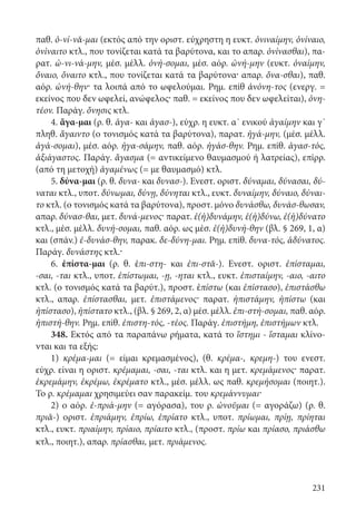 231
παθ. ὀ-νί-νᾰ-μαι (εκτός από την οριστ. εύχρηστη η ευκτ. ὀνιναίμην, ὀνίναιο,
ὀνίναιτο κτλ., που τονίζεται κατά τα βαρύτονα, και το απαρ. ὀνίνασθαι), πα-
ρατ. ὠ-νι-νά-μην, μέσ. μέλλ. ὀνή-σομαι, μέσ. αόρ. ὠνή-μην (ευκτ. ὀναίμην,
ὄναιο, ὄναιτο κτλ., που τονίζεται κατά τα βαρύτονα· απαρ. ὄνα-σθαι), παθ.
αόρ. ὠνή-θην· τα λοιπά από το ωφελούμαι. Ρημ. επίθ ἀνόνη-τος (ενεργ. =
εκείνος που δεν ωφελεί, ανώφελος· παθ. = εκείνος που δεν ωφελείται), ὀνη-
τέον. Παράγ. ὄνησις κτλ.
4. ἄγα-μαι (ρ. θ. ἀγα- και ἀγασ-), εύχρ. η ευκτ. α΄ ενικού ἀγαίμην και γ΄
πληθ. ἄγαιντο (ο τονισμός κατά τα βαρύτονα), παρατ. ἠγά-μην, (μέσ. μέλλ.
ἀγά-σομαι), μέσ. αόρ. ἠγα-σάμην, παθ. αόρ. ἠγάσ-θην. Ρημ. επίθ. ἀγασ-τός,
ἀξιάγαστος. Παράγ. ἄγασμα (= αντικείμενο θαυμασμού ή λατρείας), επίρρ.
(από τη μετοχή) ἀγαμένως (= με θαυμασμό) κτλ.
5. δύνα-μαι (ρ. θ. δυνα- και δυνασ-). Ενεστ. οριστ. δύναμαι, δύνασαι, δύ-
ναται κτλ., υποτ. δύνωμαι, δύνῃ, δύνηται κτλ., ευκτ. δυναίμην, δύναιο, δύναι-
το κτλ. (ο τονισμός κατά τα βαρύτονα), προστ. μόνο δυνάσθω, δυνάσ-θωσαν,
απαρ. δύνασ-θαι, μετ. δυνά-μενος· παρατ. ἐ(ἠ)δυνάμην, ἐ(ἠ)δύνω, ἐ(ἠ)δύνατο
κτλ., μέσ. μέλλ. δυνή-σομαι, παθ. αόρ. ως μέσ. ἐ(ἠ)δυνή-θην (βλ. § 269, 1, α)
και (σπάν.) ἐ-δυνάσ-θην, παρακ. δε-δύνη-μαι. Ρημ. επίθ. δυνα-τός, ἀδύνατος.
Παράγ. δυνάστης κτλ.·
6. ἐπίστα-μαι (ρ. θ. ἐπι-στη- και ἐπι-στᾰ-). Ενεστ. οριστ. ἐπίσταμαι,
-σαι, -ται κτλ., υποτ. ἐπίστωμαι, -ῃ, -ηται κτλ., ευκτ. ἐπισταίμην, -αιο, -αιτο
κτλ. (ο τονισμός κατά τα βαρύτ.), προστ. ἐπίστω (και ἐπίστασο), ἐπιστάσθω
κτλ., απαρ. ἐπίστασθαι, μετ. ἐπιστάμενος· παρατ. ἠπιστάμην, ἠπίστω (και
ἠπίστασο), ἠπίστατο κτλ., (βλ. § 269, 2, α) μέσ. μέλλ. ἐπι-στή-σομαι, παθ. αόρ.
ἠπιστή-θην. Ρημ. επίθ. ἐπιστη-τός, -τέος. Παράγ. ἐπιστήμη, ἐπιστήμων κτλ.
348. Εκτός από τα παραπάνω ρήματα, κατά το ἵστημι - ἵσταμαι κλίνο-
νται και τα εξής:
1) κρέμα-μαι (= είμαι κρεμασμένος), (θ. κρέμα-, κρεμη-) του ενεστ.
εύχρ. είναι η οριστ. κρέμαμαι, -σαι, -ται κτλ. και η μετ. κρεμάμενος· παρατ.
ἐκρεμάμην, ἐκρέμω, ἐκρέματο κτλ., μέσ. μέλλ. ως παθ. κρεμήσομαι (ποιητ.).
Το ρ. κρέμαμαι χρησιμεύει σαν παρακείμ. του κρεμάννυμαι·
2) ο αόρ. ἐ-πριά-μην (= αγόρασα), του ρ. ὠνοῦμαι (= αγοράζω) (ρ. θ.
πριᾰ-) οριστ. ἐπριάμην, ἐπρίω, ἐπρίατο κτλ., υποτ. πρίωμαι, πρίῃ, πρίηται
κτλ., ευκτ. πριαίμην, πρίαιο, πρίαιτο κτλ., (προστ. πρίω και πρίασο, πριάσθω
κτλ., ποιητ.), απαρ. πρίασθαι, μετ. πριάμενος.
22-0012.indd 231 2/19/14 5:36 PM
 