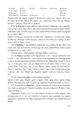 237
δέ-δοι-κε δέ-δι-ε δε-δί-ῃ (δε-δί-τω) δε-δι-έναι δε-δοι-κὸς
δε-δοί-καμεν δέ-δι-μεν — — ή δε-δι-ὼς
δε-δοί-κατε δέ-δι-τε — — δε-δι-υῖα
δε-δοί-κασι(ν) δε-δί-ασι(ν) δε-δί-ωσι(ν) — δε-δι-ὸς
Υπερσυντέλ. (με σημασ. παρατ.) ἐ-δε-δοί-κειν, -κεις, -κει, -κεμεν, -κετε, -κε-
σαν και ἐ-δέ-δι-σαν. Μέλλ. δεί-σομαι, -σει, -σεται κτλ. Αόρ. ἔ-δει-σα. Παράγ.
δεῖ-μα (= τρόμος), δέος ουδ. (= φόβος).
9) Το τέ-θνη-κα (= έχω πεθάνει, είμαι νεκρός), παρακείμ. του ρ. ἀποθνῄ-
σκω (ρ. θαν-, θνα-, θνη-, θνε-). Και τούτο εκτός από τους κανονικούς τύπους
(τέθνηκα, -κας, -κε κτλ.) έχει και τους ακόλουθους τύπους κατά τα ρήματα
σε -μι (πβ. § 346):
Οριστ. τέ-θνα-μεν, τέ-θνα-τε, τε-θνᾶ-σι(ν). Υπερσυντ. ἐ-τέ-θνα-σαν. Απαρ.
τε-θνά-ναι. Μετοχή: τε-θνε-ὼς (γεν. -ῶτος), τε-θνε-ῶσα (γεν. -ώσης), τε-θνε-
ὼς ή τε-θνε-ὸς (γων. -ῶτος).
10) Το βέβηκα (= έχω βαδίσει), παρακείμ. του ρ. βαίνω (θ. βη-, βᾰ-), που
εκτός από τους κανονικούς τύπους έχει και τους ακόλουθους τύπους κατά
τα ρήματα σε -μι (πβ. § 346):
Υποτακτική γ΄ πληθ. βεβῶσι. Μετοχή: βεβώς, -ῶσα, -ώς.
11) Το ἔοικα (= μοιάζω· ρ. θ. ισχυρό Fεικ = εἰκ- = και με τροπή του ε σε
ο: Fοικ- = οἰκ-· αδύνατο Fικ- = ἰκ-). Τούτο είναι παρακείμενος του άχρηστου
ρ. εἴκ-ω και έχει σημασία ενεστώτα. Κλίνεται έτσι: Παρακείμ. Οριστ. ἔ-οικ-α,
-ας, -ε, ἐ-οίκ-αμεν, -ατε, -ασι και εἴξασι (από το εἴκ-σασι). Υποτ. ἐ-οίκ-ω, -ῃς,
-ῃ κτλ. Ευκτ. ἐ-οίκ-οιμι, -οις, -οι κτλ. Προστ. λείπει. Απαρ. εἰκ-έναι (και με-
ταγεν. ἐ-οικ-έναι). Μετ. εἰκὼς (-ότος), εἰκυῖα (-υίας), εἰκὸς (-ότος) (και μεταγ.
ἐ-οικ-ώς, -υῖα, -ός). Υπερσ. (με σημασία παρατ.) ἐ-ῴκ-ειν, ἐ-ῴκ-εις, ἐ-ῴκ-ει
κτλ.
12) Το απρόσωπο χρὴ (= είναι ανάγκη, πρέπει):
Οριστ. ενεστ. χρή. Παρατ. χρῆν ή ἐχρῆν. Υποτ. χρῇ. Ευκτ. χρείη. Απαρ.
χρῆναι. Μετοχή μόνο ουδ. τὸ χρεὼν με σημασία ουσιαστικού (βλ. § 152, 1).
13) Το απρόσωπο εἵμαρται (= είναι πεπρωμένο). Τούτο είναι παρακείμ.
του ποιητ. ρ. μείρομαι (= παίρνω το μέρος που μου ανήκει) (ρ. θ. σμερ- (-μερ,
-μορ) και σμαρ-).
Εύχρηστοι τύποι: το γ΄ εν. του παρακ. εἵ-μαρ-ται (από αρχικό τύπο
σέ-σμαρ-ται), το γ΄ εν. του υπερσυντ. εἵ-μαρ-το και η μετοχή του παρακ.
εἱμαρμένος (μάλιστα στο θηλ. εἱμαρμένη σαν ουσιαστ. με παράλειψη του
μοῖρα).
22-0012.indd 237 2/19/14 5:36 PM
 