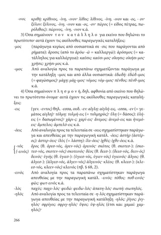 266
-ινος κριθή: κρίθινος, -ίνη, -ινον· λίθος: λίθινος, -ίνη, -ινον και -ος, - ον·
ξύλον: ξύλινος, -ίνη, -ινον και -ος, -ον· πῶρος (= είδος πέτρας, πω-
ρόλιθος): πώρινος, -ίνη, -ινον κ.ά.
3) Όσα σημαίνουν τ ο ν κ α τ ά λ λ η λ ο για εκείνο που δηλώνει το
πρωτότυπο· αυτά έχουν τις ακόλουθες παραγωγικές καταλήξεις:
-μος (παράγωγα κυρίως από ουσιαστικά σε -σις που παράγονται από
ρήματα): ἄροσις (από το ἀρόω -ῶ = καλλιεργώ): ἀρόσιμος (= κα-
τάλληλος για καλλιέργεια): καῦσις: καύσι-μος· οἴκησις: οἰκήσι-μος·
χρῆσις: χρήσι-μος κ.ά.
-ιμος Από αναλογία προς τα παραπάνω σχηματίζονται παράγωγα με
την κατάληξη -ιμος και από άλλα ουσιαστικά: ἐδωδή: ἐδώδ-ιμος
(= φαγώσιμος)· μάχη: μάχ-ιμος· νόμος: νόμ-ιμος· πένθος: πένθ-ιμος
κ.ά.
4) Όσα σημαίνουν π λ η σ μ ο ν ή, δηλ. αφθονία από εκείνο που δηλώ-
νει το πρωτότυπο όνομα· αυτά έχουν τις ακόλουθες παραγωγικές καταλή-
ξεις:
-εις (γεν. -εντος) θηλ. -εσσα, ουδ. -εν: αἴγλη: αἰγλή-εις, -εσσα, -εν (= γε-
μάτος αίγλη)· τόλμη: τολμή-εις (= τολμηρός)· ὕλη (= δάσος): ὑλή-
εις (= δασωμένος)· χάρι-ς: χαρί-εις· ἄνεμος: ἀνεμό-εις και ἠνεμό-
εις· ἄμπελος: ἀμπελό-εις κ.ά.
-όεις Από αναλογία προς τα τελευταία σε -οεις σχηματίστηκαν παράγω-
γα και απευθείας με την παραγωγική κατάλ. -όεις: ἀστὴρ (ἀστέρ-
ος): ἀστερ-όεις· ἰλὺς (= λάσπη): ἰλυ-όεις· ἰχθύς: ἰχθυ-όεις κ.ά.
-νὸς ὄρος (θ. ὀρεσ-νός, ὀρεν-νός) ὀρεινός· σκότος (θ. σκοτεσ-): (σκο-
τεσ-νός, σκοτεν-νός) σκοτεινός· δέος (θ. δεεσ-): (δεεσ-νός, δεεν-ός)
δεινός· ὑγιὴς (θ. ὑγιεσ-): (ὑγιεσ-νός, ὑγιεν-νός) ὑγιεινός· ἄλγος: (θ.
ἀλγεσ-): (ἀλγεσ-νός, ἀλγεν-νός) ἀλγεινός· κλέος: (θ. κλεεσ-): (κλε-
εσ-νός, κλεεν-νός) κλεινὸς (πβ. § 68, 2).
(-εινὸς)
-εινὸς Από αναλογία προς τα παραπάνω σχηματίστηκαν παράγωγα
απευθείας με την παραγωγική κατάλ. -εινός: πόθος: ποθ-εινός·
φῶς: φωτ-εινὸς κ.ά.
-λὸς παχύς: παχυ-λός· φειδώ: φειδω-λός· ἀπατη-λός· σιωπή: σιωπηλός.
-ηλὸς Από αναλογία προς τα τελευταία σε -η-λὸς σχηματίστηκαν παρά-
γωγα απευθείας με την παραγωγική κατάληξη -ηλός: ῥῖγος: ῥιγ-
ηλός· σφρίγος: σφριγ-ηλός· ὕψος: ὑψ-ηλὸς (έτσι και: χαμαί: χαμ-
ηλός)·
{
22-0012.indd 266 2/19/14 5:36 PM
 