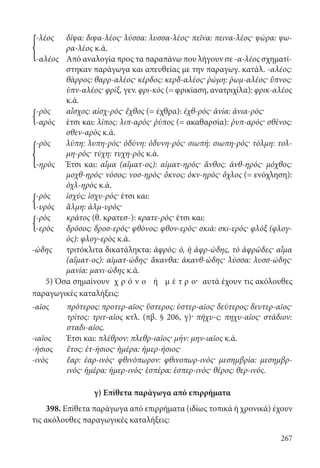 267
-λέος δίψα: διψα-λέος· λύσσα: λυσσα-λέος· πεῖνα: πεινα-λέος· ψώρα: ψω-
ρα-λέος κ.ά.
-αλέος Από αναλογία προς τα παραπάνω που λήγουν σε -α-λέος σχηματί-
στηκαν παράγωγα και απευθείας με την παραγωγ. κατάλ. -αλέος:
θάρρος: θαρρ-αλέος· κέρδος: κερδ-αλέος· ῥώμη: ῥωμ-αλέος· ὕπνος:
ὑπν-αλέος· φρίξ, γεν. φρι-κὸς (= φρικίαση, ανατριχίλα): φρικ-αλέος
κ.ά.
-ρὸς αἶσχος: αἰσχ-ρός· ἔχθος (= έχθρα): ἐχθ-ρός· ἀνία: ἀνια-ρός·
-αρὸς έτσι και: λίπος: λιπ-αρός· ῥύπος (= ακαθαρσία): ῥυπ-αρός· σθένος:
σθεν-αρὸς κ.ά.
-ρὸς λύπη: λυπη-ρός· ὀδύνη: ὀδυνη-ρός· σιωπή: σιωπη-ρός· τόλμη: τολ-
μη-ρός· τύχη: τυχη-ρὸς κ.ά.
-ηρὸς Έτσι και: αἷμα (αἵματ-ος): αἱματ-ηρός· ἄνθος: ἀνθ-ηρός· μόχθος:
μοχθ-ηρός· νόσος: νοσ-ηρός· ὄκνος: ὀκν-ηρός· ὄχλος (= ενόχληση):
ὀχλ-ηρὸς κ.ά.
-ρὸς ἰσχύς: ἰσχυ-ρός· έτσι και:
-υρὸς ἅλμη: ἁλμ-υρός·
-ρὸς κράτος (θ. κρατεσ-): κρατε-ρός· έτσι και:
-ερὸς δρόσος: δροσ-ερός· φθόνος: φθον-ερός· σκιά: σκι-ερός· φλόξ (φλογ-
ός): φλογ-ερὸς κ.ά.
-ώδης τριτόκλιτα δικατάληκτα: ἀφρός: ὁ, ἡ ἀφρ-ώδης, τὸ ἀφρῶδες· αἷμα
(αἵματ-ος): αἱματ-ώδης· ἄκανθα: ἀκανθ-ώδης· λύσσα: λυσσ-ώδης·
μανία: μανι-ώδης κ.ά.
5) Όσα σημαίνουν χ ρ ό ν ο ή μ έ τ ρ ο· αυτά έχουν τις ακόλουθες
παραγωγικές καταλήξεις:
-αῖος πρότερος: προτερ-αῖος· ὕστερος: ὑστερ-αῖος· δεύτερος: δευτερ-αῖος·
τρίτος: τριτ-αῖος κτλ. (πβ. § 206, γ)· πῆχυ-ς: πηχυ-αῖος· στάδιον:
σταδι-αῖος.
-ιαῖος Έτσι και: πλέθρον: πλεθρ-ιαῖος· μήν: μην-ιαῖος κ.ά.
-ήσιος ἔτος: ἐτ-ήσιος· ἡμέρα: ἡμερ-ήσιος·
-ινὸς ἔαρ: ἐαρ-ινός· φθινόπωρον: φθινοπωρ-ινός· μεσημβρία: μεσημβρ-
ινός· ἡμέρα: ἡμερ-ινός· ἑσπέρα: ἑσπερ-ινός· θέρος: θερ-ινός.
γ) Επίθετα παράγωγα από επιρρήματα
398. Επίθετα παράγωγα από επιρρήματα (ιδίως τοπικά ή χρονικά) έχουν
τις ακόλουθες παραγωγικές καταλήξεις:
{
{
{
{
{
22-0012.indd 267 2/19/14 5:36 PM
 