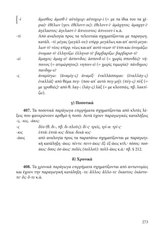 273
-ὶ ἄμισθος: ἀμισθ-ί· αὐτόχειρ: αὐτοχειρ-ὶ (= με τα ίδια του τα χέ-
ρια)· ἐθέλων (γεν. ἐθέλοντ-ος): ἐθελοντ-ί· ἀμάχητος: ἀμαχητ-ί·
ἀγέλαστος: ἀγελαστ-ί· ἄπνευστος: ἀπνευστ-ὶ κ.ά.
-τὶ Από αναλογία προς τα τελευταία σχηματίζονται με παραγωγ.
κατάλ. -τί: μέγας (μεγάλ-ου): επίρρ. μεγάλως και απ’ αυτό μεγα-
λωσ-τί· νέος: επίρρ. νέως και απ’ αυτό νεωσ-τί· έτσι και: ὀνομάζω:
ὀνομασ-τί· ἑλληνίζω: ἑλληνισ-τί· βαρβαρίζω: βαρβαρισ-τί·
-εὶ ἄμαχος: ἀμαχ-εί· ἄσπονδος: ἀσπονδ-εὶ (= χωρίς σπονδές)· νή-
ποινος (= ατιμώρητος): νηποιν-εὶ (= χωρίς τιμωρία)· πάνδημος:
πανδημ-εί·
-ς ἀναμίσγω: (ἀναμὶγ-ς) ἀναμίξ· ἐναλλάσσομαι: (ἐναλλὰγ-ς)
ἐναλλάξ· από θέμα πυγ- (που απ’ αυτό πυγ-μή): (πύγ-ς) πὺξ (=
με γροθιές)· από θ. λαγ-: (λάγ-ς) λὰξ (= με κλοτσιές, πβ. λακτί-
ζω).
γ) Ποσοτικά
407. Τα ποσοτικά παράγωγα επιρρήματα σχηματίζονται από κλιτές λέ-
ξεις που φανερώνουν αριθμό ή ποσό. Αυτά έχουν παραγωγικές καταλήξεις
-ς, -κις, -άκις:
-ς δύο (θ. δι-, πβ. δι-πλοῦς): δί-ς· τρεῖς, τρί-α: τρί-ς·
-κις ἑπτά: ἑπτά-κις· δέκα: δεκά-κις·
-άκις από αναλογία προς τα παραπάνω σχηματίζονται με παραγωγι-
κή κατάληξη -άκις: πέντε: πεντ-άκις· ἕξ: ἑξ-άκις κτλ.· πόσος: ποσ-
άκις· ὅσος: ὁσ-άκις· πολὺς (πολλοῦ): πολλ-άκις κ.ά.· πβ. § 212.
δ) Χρονικά
408. Τα χρονικά παράγωγα επιρρήματα σχηματίζονται από αντωνυμίες
και έχουν την παραγωγική κατάληξη -τε: ἄλλος: ἄλλο-τε· ἕκαστος: ἑκάστο-
τε· ὅς: ὅ-τε κ.ά.
{
22-0012.indd 273 3/5/15 1:45 PM
 