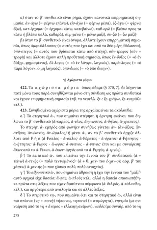 278
α) όταν το β΄ συνθετικό είναι ρήμα, έχουν κανονικά επιρρηματική ση-
μασία: ἀν-άγω (= φέρνω επάνω), εἰσ-άγω (= φέρνω μέσα), ἐξ-άγω (= φέρνω
έξω), κατ-έρχομαι (= έρχομαι κάτω, κατεβαίνω), καθ-ορῶ (= βλέπω προς τα
κάτω ή βλέπω καλά, καθαρά), συμ-μένω (= μένω μαζί), συ-ζῶ (= ζω μαζί)·
β) όταν το β΄ συνθετικό είναι όνομα, άλλοτε έχουν επιρρηματική σημα-
σία, όπως ἀμφι-θάλασσος (= αυτός που έχει και από τα δύο μέρη θάλασσα),
ὑπό-στεγος (= αυτός που βρίσκεται κάτω από στέγη), σύν-τροφος (σὺν +
τροφὴ) και άλλοτε έχουν απλή προθετική σημασία, όπως ἔν-δοξος (= «ὁ ἐν
δόξῃ», φημισμένος), ἔλ-λογος (= «ὁ ἐν λόγῳ», λογικός), παρά-λογος (= «ὁ
παρὰ λόγον», ο μη λογικός), ὑπό-δικος (= «ὁ ὑπὸ δίκην»).
γ) Αχώριστο μόριο
422. Τα α χ ώ ρ ι σ τ α μ ό ρ ι α όπως είδαμε (§ 370, 7), δε λέγονται
ποτέ μόνα τους παρά συνηθίζονται μόνο στη σύνθεση ως πρώτα συνθετικά
και έχουν επιρρηματική σημασία (πβ. τα νεοελλ. ξε-: ξε-γράφω, ξε-κουράζω
κτλ.).
423. Συνηθισμένα αχώριστα μόρια της αρχαίας είναι τα ακόλουθα:
α΄) Το στερητικό ἀ-, που σημαίνει στέρηση ή άρνηση εκείνου που δη-
λώνει το β΄ συνθετικό (ἄ-καρπος, ἄ-υλος, ἄ-γνωστος, ἄ-δηλος, ἄ-γραπτος).
Το στερητ. ἀ- εμπρός από φωνήεν συνήθως γίνεται ἀν- (ἀν-άξιος, ἄν-
ανδρος, ἀν-ίκανος, ἀν-ώμαλος) ή μένει ἀ-, αν το β΄ συνθετικό άρχιζε άλ-
λοτε από F ή σ (ἄ-Fοπλος - ἄ-οπλος· ἀ-Fόρατος - ἀ-όρατος· ἀ-Fήττητος -
ἀ-ήττητος· ἄ-Fωρος - ἄ-ωρος· ἄ-συπνος - ἄ-υπνος· έτσι και με συναίρεση:
ἄκων από το ἀ-Fέκων, ἀ-έκων· ἀργὸς από το ἀ-Fεργός, ἀ-εργός).
β΄) Το επιτατικό ἀ-, που επιτείνει την έννοια του β΄ συνθετικού: (ἀ +
τείνω) ἀ-τενὴς (= πολύ τεντωμένος)· (ἀ + θ. χαν- του ἔ-χαν-ον, αόρ. βʹ του
χάσκω) ἀ-χαν-ὴς (= που χάσκει πολύ, πολύ ανοιχτός).
γ΄) Το αθροιστικό ἀ-, που σημαίνει άθροιση ή έχει την έννοια του “μαζί”·
αυτό αρχικά είχε δασεία: ἅ-πας, ἁ-πλοῦς κτλ., αλλά η δασεία αποσιωπήθη-
κε πρώτα στις λέξεις που είχαν δασύπνοο σύμφωνο (ἀ-δελφός, ἀ-κόλουθος,
κτλ.), και αργότερα από αναλογία και σε άλλες λέξεις.
δ΄) Το στερητικό νη-, που σημαίνει ό,τι και το στερητικό ἀ-, αλλά είναι
πιο σπάνιο: (νη + ποινὴ) νήποινος, νηποινεὶ (= ατιμώρητα), νηνεμία (με συ-
ναίρεση από το νη + ἄνεμος = έλλειψη ανέμων), νωδὸς (με συναίρ. από το νη
22-0012.indd 278 2/19/14 5:36 PM
 