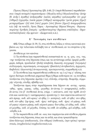283
(Ἄρειος Πάγος) Ἀρεοπαγίτης (βλ. § 60, 2)· (παρὰ θάλασσαν) παραθαλάσ-
σιος· (παρὰ ποταμὸν) παραποτάμιος· (Μεγάλη πόλις) Μεγαλοπολίτης· (ἀνὴρ
[θ. ἀνδρ-] ἀγαθὸς) ἀνδραγαθία· (καλὸς κἀγαθὸς) καλοκαγαθία· (ἐν χειρὶ
[τίθημι]) ἐγχειρίζω, (κατὰ χώραν [τίθημι]) καταχωρίζω· (μετὰ χεῖρας [ἔχω])
μεταχειρίζομαι· ([ὁ] ἀπὸ [τῶν] χειρῶν [τὸν] βίοτον [ἔχων]) ἀποχειροβίοτος
κ.ά. (πβ. τα νεοελλ.: Άγιος Τάφος - Αγιοταφίτης· Βόρεια Ήπειρος - Βορειοη-
πειρώτης· Ερυθρός Σταυρός - ερυθροσταυρίτης· δημόσιος υπάλληλος - δημο-
σιοϋπαλληλικός· έξω φρενών - εξωφρενικός κ.ά.).
Ε΄ Τον ι σ μ ό ς των σ υν θ έτων
432. Όπως είδαμε (§ 39, 5), στις σύνθετες λέξεις ο τόνος κανονικά ανε-
βαίνει ως την τελευταία συλλαβή του α΄ συνθετικού, αν το επιτρέπει η λή-
γουσα.
Αντίθετα με τον κανόνα:
1) Τα σύνθετα (και παρασύνθετα) ουσιαστικά σε -α, -η, -μος, -ευς, -της,
-τηρ τονίζονται στη λήγουσα όπως και τα αντίστοιχα απλά: (φορὰ) μισθο-
φορά, ἐκδορά, προσλαλιά· (βολὴ) ἀποβολή, διακοπή, συγγραφή· (λογισμὸς)
συλλογισμός, περισπασμός, συναγερμός· (βασιλεὺς) ἀντιβασιλεύς, ἀρχιερεύς,
διαβολεύς· (ἀγωνιστὴς) ἀνταγωνιστής, πρωταγωνιστής, συμμαθητὴς κ.ά.
2) Τα σύνθετα (και παρασύνθετα) επίθετα σε -ης (-ες) της γ΄ κλίσης που
έχουν δεύτερο συνθετικό ρηματικό θέμα ή θέμα ουδετέρου σε -ος συνήθως
τονίζονται στη λήγουσα: ἀμελὴς (-ές), ἐλλιπής, εὐπρεπής, θεοφιλής, συμμι-
γής· εὐγενής, εὐειδής, ἀβαθὴς κ.ά.
Τονίζονται όμως στην παραλήγουσα όσα λήγουν σε -αντης, -αρκης,
-ηθης, -ηρης, -μηκης, -ωδης, -μεγεθης: ἀν-άντης (= ανηφορικός), ουδέτ.
ἄν-αντες (το β΄ συνθετικό ἄντα, επίρρ. = απέναντι, από την πρόθ. ἀντί)·
έτσι και: κατάντης (= κατηφορικός), προσάντης (= που υψώνεται απέναντι)·
αὐτ-άρκης, ουδ. αὔτ-αρκες· εὐ-ήθης (= ανόητος), ουδ. εὔ-ηθες· συν-ήθης,
ουδ. σύν-ηθες· ξιφ-ήρης, ουδ. -ῆρες· ποδ-ήρης, ουδ. -ῆρες· εὐ-μήκης, ουδ.
εὔ-μηκες· οὐρανο-μήκης, ουδ. οὐρανό-μηκες· δυσ-ώδης, εὐ-ώδης, ουδ. -ῶδες·
εὐ-μεγέθης, ουδ. εὐ-μέγεθες. Επίσης τα επίθ. ἀν-αλήθης, φιλ-αλήθης, ουδ.
-άληθες κ.ά.
3) Τα παρασύνθετα επίθ. σε -ικος που παράγονται από σύνθετα ρήματα
τονίζονται στη λήγουσα, όπως και τα απλά, και είναι τρικατάληκτα:
(ἀπο-δείκνυμι) ἀποδεικτικός, (ἐπι-τίθεμαι) ἐπιθετικός, (προ-τρέπω) προτρε-
πτικός, (συμβουλεύω) συμβουλευτικὸς κ.ά.
22-0012.indd 283 2/19/14 5:36 PM
 