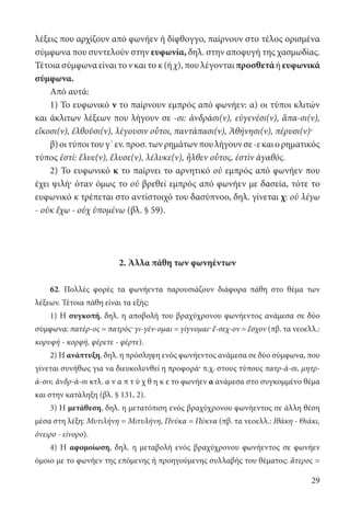 29
λέξεις που αρχίζουν από φωνήεν ή δίφθογγο, παίρνουν στο τέλος ορισμένα
σύμφωνα που συντελούν στην ευφωνία, δηλ. στην αποφυγή της χασμωδίας.
Τέτοια σύμφωνα είναι το ν και το κ (ή χ), που λέγονται προσθετά ή ευφωνικά
σύμφωνα.
Από αυτά:
1) Το ευφωνικό ν το παίρνουν εμπρός από φωνήεν: α) οι τύποι κλιτών
και άκλιτων λέξεων που λήγουν σε -σι: ἀνδράσι(ν), εὐγενέσι(ν), ἅπα-σι(ν),
εἴκοσι(ν), ἐλθοῦσι(ν), λέγουσιν οὗτοι, παντάπασι(ν), Ἀθήνησι(ν), πέρυσι(ν)·
β)οιτύποιτουγ΄εν.προσ.τωνρημάτωνπουλήγουνσε-εκαιορηματικός
τύπος ἐστί: ἔλυε(ν), ἔλυσε(ν), λέλυκε(ν), ἦλθεν οὗτος, ἐστὶν ἀγαθός.
2) Το ευφωνικό κ το παίρνει το αρνητικό οὐ εμπρός από φωνήεν που
έχει ψιλή· όταν όμως το οὐ βρεθεί εμπρός από φωνήεν με δασεία, τότε το
ευφωνικό κ τρέπεται στο αντίστοιχό του δασύπνοο, δηλ. γίνεται χ: οὐ λέγω
- οὐκ ἔχω - οὐχ ὑπομένω (βλ. § 59).
2. Άλλα πάθη των φωνηέντων
62. Πολλές φορές τα φωνήεντα παρουσιάζουν διάφορα πάθη στο θέμα των
λέξεων. Τέτοια πάθη είναι τα εξής:
1) Η συγκοπή, δηλ. η αποβολή του βραχύχρονου φωνήεντος ανάμεσα σε δύο
σύμφωνα: πατέρ-ος = πατρός· γι-γέν-ομαι = γίγνομαι· ἔ-σεχ-ον = ἔσχον (πβ. τα νεοελλ.:
κορυφή - κορφή, φέρετε - φέρτε).
2) Η ανάπτυξη, δηλ. η πρόσληψη ενός φωνήεντος ανάμεσα σε δύο σύμφωνα, που
γίνεται συνήθως για να διευκολυνθεί η προφορά· π.χ. στους τύπους πατρ-ά-σι, μητρ-
ά-σιν, ἀνδρ-ά-σι κτλ. α ν α π τ ύ χ θ η κ ε το φωνήεν α ανάμεσα στο συγκομμένο θέμα
και στην κατάληξη (βλ. § 131, 2).
3) Η μετάθεση, δηλ. η μετατόπιση ενός βραχύχρονου φωνήεντος σε άλλη θέση
μέσα στη λέξη: Μυτιλήνη = Μιτυλήνη, Πνύκα = Πύκνα (πβ. τα νεοελλ.: Ιθάκη - Θιάκι,
όνειρο - είνορο).
4) Η αφομοίωση, δηλ. η μεταβολή ενός βραχύχρονου φωνήεντος σε φωνήεν
όμοιο με το φωνήεν της επόμενης ή προηγούμενης συλλαβής του θέματος: ἅτερος =
22-0012.indd 29 2/19/14 5:36 PM
 