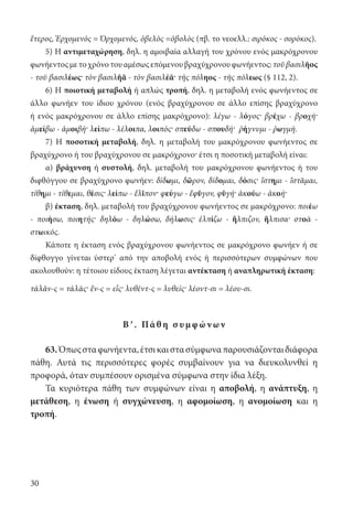 30
ἕτερος, Ἐρχομενός = Ὀρχομενός, ὀβελὸς =ὀβολὸς (πβ. το νεοελλ.: σιρόκος - σορόκος).
5) Η αντιμεταχώρηση, δηλ. η αμοιβαία αλλαγή του χρόνου ενός μακρόχρονου
φωνήεντοςμετοχρόνοτουαμέσωςεπόμενουβραχύχρονουφωνήεντος:τοῦβασιλῆος
- τοῦ βασιλέως· τὸν βασιλῆᾰ - τὸν βασιλέᾱ· τῆς πόληος - τῆς πόλεως (§ 112, 2).
6) Η ποιοτική μεταβολή ή απλώς τροπή, δηλ. η μεταβολή ενός φωνήεντος σε
άλλο φωνήεν του ίδιου χρόνου (ενός βραχύχρονου σε άλλο επίσης βραχύχρονο
ή ενός μακρόχρονου σε άλλο επίσης μακρόχρονο): λέγω - λόγος· βρέχω - βροχή·
ἀμείβω - ἀμοιβή· λείπω - λέλοιπα, λοιπός· σπεύδω - σπουδή· ῥήγνυμι - ῥωγμή.
7) Η ποσοτική μεταβολή, δηλ. η μεταβολή του μακρόχρονου φωνήεντος σε
βραχύχρονο ή του βραχύχρονου σε μακρόχρονο· έτσι η ποσοτική μεταβολή είναι:
α) βράχυνση ή συστολή, δηλ. μεταβολή του μακρόχρονου φωνήεντος ή του
διφθόγγου σε βραχύχρονο φωνήεν: δίδωμι, δῶρον, δίδομαι, δόσις· ἵστημι - ἵστᾰμαι,
τίθημι - τίθεμαι, θέσις· λείπω - ἔλῐπον· φεύγω - ἔφῠγον, φῠγή· ἀκούω - ἀκοή·
β) έκταση, δηλ. μεταβολή του βραχύχρονου φωνήεντος σε μακρόχρονο: ποιέω
- ποιήσω, ποιητής· δηλόω - δηλώσω, δήλωσις· ἐλπίζω - ἤλπιζον, ἤλπισα· στοὰ -
στωικός.
Κάποτε η έκταση ενός βραχύχρονου φωνήεντος σε μακρόχρονο φωνήεν ή σε
δίφθογγο γίνεται ύστερ’ από την αποβολή ενός ή περισσότερων συμφώνων που
ακολουθούν: η τέτοιου είδους έκταση λέγεται αντέκταση ή αναπληρωτική έκταση:
τάλᾰν-ς = τάλᾱς· ἕν-ς = εἷς· λυθέντ-ς = λυθείς· λέοντ-σι = λέου-σι.
Βʹ. Πά θ η σ υμ φ ών ων
63.Όπωςσταφωνήεντα,έτσικαιστασύμφωναπαρουσιάζονταιδιάφορα
πάθη. Αυτά τις περισσότερες φορές συμβαίνουν για να διευκολυνθεί η
προφορά, όταν συμπέσουν ορισμένα σύμφωνα στην ίδια λέξη.
Τα κυριότερα πάθη των συμφώνων είναι η αποβολή, η ανάπτυξη, η
μετάθεση, η ένωση ή συγχώνευση, η αφομοίωση, η ανομοίωση και η
τροπή.
22-0012.indd 30 2/19/14 5:36 PM
 
