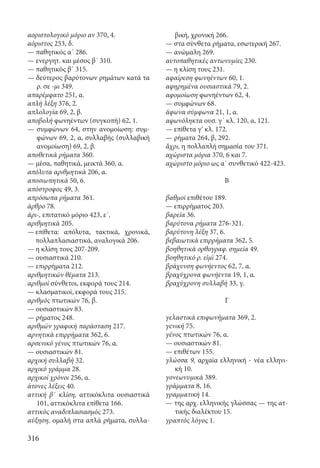 316
αοριστολογικό μόριο αν 370, 4.
αόριστος 253, δ.
— παθητικός α΄ 286.
— ενεργητ. και μέσος β΄ 310.
— παθητικός β΄ 315.
— δεύτερος βαρύτονων ρημάτων κατά τα
ρ. σε -μι 349.
απαρέμφατο 251, α.
απλή λέξη 376, 2.
απλολογία 69, 2, β.
αποβολή φωνηέντων (συγκοπή) 62, 1.
— συμφώνων 64, στην ανομοίωση: συμ-
φώνων 69, 2, α, συλλαβής (συλλαβική
ανομοίωση) 69, 2, β.
αποθετικά ρήματα 360.
— μέσα, παθητικά, μεικτά 360, α.
απόλυτα αριθμητικά 206, α.
αποσιωπητικά 50, 6.
απόστροφος 49, 3.
απρόσωπα ρήματα 361.
άρθρο 78.
ἀρι-, επιτατικό μόριο 423, ε΄.
αριθμητικά 205.
—	επίθετα: απόλυτα, τακτικά, χρονικά,
πολλαπλασιαστικά, αναλογικά 206.
— η κλίση τους 207-209.
— ουσιαστικά 210.
— επιρρήματα 212.
αριθμητικών θέματα 213.
αριθμοί σύνθετοι, εκφορά τους 214.
— κλασματικοί, εκφορά τους 215.
αριθμός πτωτικών 76, β.
— ουσιαστικών 83.
— ρήματος 248.
αριθμών γραφική παράσταση 217.
αρνητικά επιρρήματα 362, 6.
αρσενικό γένος πτωτικών 76, α.
— ουσιαστικών 81.
αρχική συλλαβή 32.
αρχικό γράμμα 28.
αρχικοί χρόνοι 256, α.
άτονες λέξεις 40.
αττική β΄ κλίση, αττικόκλιτα ουσιαστικά
101, αττικόκλιτα επίθετα 166.
αττικός αναδιπλασιασμός 273.
αύξηση, ομαλή στα απλά ρήματα, συλλα-
βική, χρονική 266.
— στα σύνθετα ρήματα, εσωτερική 267.
— ανώμαλη 269.
αυτοπαθητικές αντωνυμίες 230.
— η κλίση τους 231.
αφαίρεση φωνηέντων 60, 1.
αφηρημένα ουσιαστικά 79, 2.
αφομοίωση φωνηέντων 62, 4.
— συμφώνων 68.
άφωνα σύμφωνα 21, 1, α.
αφωνόληκτα ουσ. γ΄ κλ. 120, α, 121.
— επίθετα γʹ κλ. 172.
— ρήματα 264, β, 292.
ἄχρι, η πολλαπλή σημασία του 371.
αχώριστα μόρια 370, 6 και 7.
αχώριστο μόριο ως α΄ συνθετικό 422-423.
Β
βαθμοί επιθέτου 189.
— επιρρήματος 203.
βαρεία 36.
βαρύτονα ρήματα 276-321.
βαρύτονη λέξη 37, 6.
βεβαιωτικά επιρρήματα 362, 5.
βοηθητικά ορθογραφ. σημεία 49.
βοηθητικό ρ. εἰμὶ 274.
βράχυνση φωνήεντος 62, 7, α.
βραχύχρονα φωνήεντα 19, 1, α.
βραχύχρονη συλλαβή 33, γ.
Γ
γελαστικά επιφωνήματα 369, 2.
γενική 75.
γένος πτωτικών 76, α.
— ουσιαστικών 81.
— επιθέτων 155.
γλώσσα 9, αρχαία ελληνική - νέα ελληνι-
κή 10.
γονεωνυμικά 389.
γράμματα 8, 16.
γραμματική 14.
— της αρχ. ελληνικής γλώσσας — της ατ-
τικής διαλέκτου 15.
γραπτός λόγος 1.
22-0012.indd 316 2/19/14 5:36 PM
 