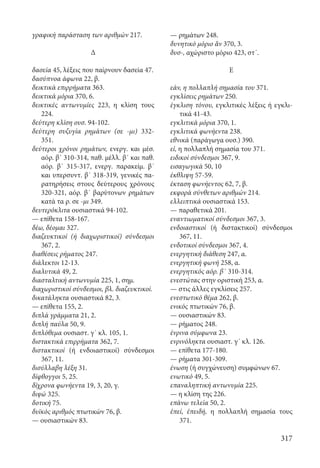 317
γραφική παράσταση των αριθμών 217.
Δ
δασεία 45, λέξεις που παίρνουν δασεία 47.
δασύπνοα άφωνα 22, β.
δεικτικά επιρρήματα 363.
δεικτικά μόρια 370, 6.
δεικτικές αντωνυμίες 223, η κλίση τους
224.
δεύτερη κλίση ουσ. 94-102.
δεύτερη συζυγία ρημάτων (σε -μι) 332-
351.
δεύτεροι χρόνοι ρημάτων, ενεργ. και μέσ.
αόρ. β΄ 310-314, παθ. μέλλ. β΄ και παθ.
αόρ. β΄ 315-317, ενεργ. παρακείμ. β΄
και υπερσυντ. β΄ 318-319, γενικές πα-
ρατηρήσεις στους δεύτερους χρόνους
320-321, αόρ. β΄ βαρύτονων ρημάτων
κατά τα ρ. σε -μι 349.
δευτερόκλιτα ουσιαστικά 94-102.
— επίθετα 158-167.
δέω, δέομαι 327.
διαζευκτικοί (ή διαχωριστικοί) σύνδεσμοι
367, 2.
διαθέσεις ρήματος 247.
διάλεκτοι 12-13.
διαλυτικά 49, 2.
διασταλτική αντωνυμία 225, 1, σημ.
διαχωριστικοί σύνδεσμοι, βλ. διαζευκτικοί.
δικατάληκτα ουσιαστικά 82, 3.
— επίθετα 155, 2.
διπλά γράμματα 21, 2.
διπλή παύλα 50, 9.
διπλόθεμα ουσιαστ. γ΄ κλ. 105, 1.
διστακτικά επιρρήματα 362, 7.
διστακτικοί (ή ενδοιαστικοί) σύνδεσμοι
367, 11.
δισύλλαβη λέξη 31.
δίφθογγοι 5, 25.
δίχρονα φωνήεντα 19, 3, 20, γ.
διψώ 325.
δοτική 75.
δυϊκός αριθμός πτωτικών 76, β.
— ουσιαστικών 83.
— ρημάτων 248.
δυνητικό μόριο ἄν 370, 3.
δυσ-, αχώριστο μόριο 423, στ΄.
Ε
εάν, η πολλαπλή σημασία του 371.
εγκλίσεις ρημάτων 250.
έγκλιση τόνου, εγκλιτικές λέξεις ή εγκλι-
τικά 41-43.
εγκλιτικά μόρια 370, 1.
εγκλιτικά φωνήεντα 238.
εθνικά (παράγωγα ουσ.) 390.
εἰ, η πολλαπλή σημασία του 371.
ειδικοί σύνδεσμοι 367, 9.
εισαγωγικά 50, 10
έκθλιψη 57-59.
έκταση φωνήεντος 62, 7, β.
εκφορά σύνθετων αριθμών 214.
ελλειπτικά ουσιαστικά 153.
— παραθετικά 201.
εναντιωματικοί σύνδεσμοι 367, 3.
ενδοιαστικοί (ή διστακτικοί) σύνδεσμοι
367, 11.
ενδοτικοί σύνδεσμοι 367, 4.
ενεργητική διάθεση 247, α.
ενεργητική φωνή 258, α.
ενεργητικός αόρ. β΄ 310-314.
ενεστώτας στην οριστική 253, α.
— στις άλλες εγκλίσεις 257.
ενεστωτικό θέμα 262, β.
ενικός πτωτικών 76, β.
— ουσιαστικών 83.
— ρήματος 248.
ένρινα σύμφωνα 23.
ενρινόληκτα ουσιαστ. γ΄ κλ. 126.
— επίθετα 177-180.
— ρήματα 301-309.
ένωση (ή συγχώνευση) συμφώνων 67.
ενωτικό 49, 5.
επαναληπτική αντωνυμία 225.
— η κλίση της 226.
επάνω τελεία 50, 2.
ἐπεί, ἐπειδή, η πολλαπλή σημασία τους
371.
22-0012.indd 317 2/19/14 5:36 PM
 