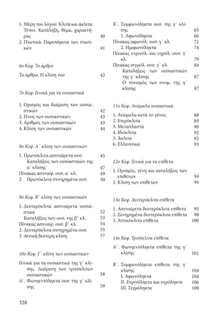 328
Β΄.	Συμφωνόληκτα ουσ. της γ΄ κλί-
σης
	 1. Αφωνόληκτα
Πίνακας αφωνόλ. ουσ. γ΄ κλ.
	 2. Ημιφωνόληκτα
Πίνακας ενρινόλ. και υγρόλ. ουσ. γ΄
κλ.
Πίνακας σιγμόλ. ουσ. γ΄ κλ.
	Καταλήξεις των ουσιαστικών
της γ΄ κλίσης
	Ο τονισμός των ονομ. της γ΄
κλίσης
11ο Κεφ. Ανώμαλα ουσιαστικά
1. Ανώμαλα κατά το γένος
2. Ετερόκλιτα
3. Μεταπλαστά
4. Ιδιόκλιτα
5. Άκλιτα
6. Ελλειπτικά
12ο Κεφ. Γενικά για τα επίθετα
1. Ορισμός, γένη και καταλήξεις των
επιθέτων
2. Κλίση των επιθέτων
13ο Κεφ. Δευτερόκλιτα επίθετα
1. Ασυναίρετα δευτερόκλιτα επίθετα
2. Συνηρημένα δευτερόκλιτα επίθετα
3. Αττικόκλιτα επίθετα
14ο Κεφ. Τριτόκλιτα επίθετα
Α΄. Φωνηεντόληκτα επίθετα της γ΄
κλίσης
Β΄.	Συμφωνόληκτα επίθετα της γ΄
κλίσης
	 I. Αφωνόληκτα
	 II. Ενρινόληκτα και υγρόληκτα
	 III. Σιγμόληκτα
1. Μέρη του λόγου. Κλιτά και άκλιτα.
Τύποι. Κατάληξη, θέμα, χαρακτή-
ρας
2. Πτωτικά. Παρεπόμενα των πτωτι-
κών
6ο Κεφ. Το άρθρο
Το άρθρο. Η κλίση του
7ο Κεφ. Γενικά για τα ουσιαστικά
1. Ορισμός και διαίρεση των ουσια-
στικών
2. Γένος των ουσιαστικών
3. Αριθμός των ουσιαστικών
4. Κλίση των ουσιαστικών
8ο Κεφ. Α΄ κλίση των ουσιαστικών
1. Πρωτόκλιτα ασυναίρετα ουσ.
	 Καταλήξεις των ουσιαστικών της
α΄ κλίσης
Πίνακας ασυναίρ. ουσ. α΄ κλ.
2.	 Πρωτόκλιτα συνηρημένα ουσ.
9ο Κεφ. Β΄ κλίση των ουσιαστικών
1. Δευτερόκλιτα ασυναίρετα ουσια-
στικά
Καταλήξεις των ουσ. της β΄ κλ.
Πίνακας ασυναίρ. ουσ. β΄ κλ.
2. Δευτερόκλιτα συνηρημένα ουσ.
3. Αττική δεύτερη κλίση
10ο Κεφ. Γ΄ κλίση των ουσιαστικών
Γενικά για τα ουσιαστικά της γ΄ κλί-
σης. Διαίρεση των τριτόκλιτων
ουσιαστικών
Α΄.	Φωνηεντόληκτα ουσ. της γ΄ κλί-
σης
65
66
71
74
79
84
87
87
88
89
90
92
92
93
94
94
95
98
100
101
104
104
106
109
40
41
42
42
43
43
44
45
47
49
50
52
53
54
55
57
58
59
22-0012.indd 328 2/19/14 5:36 PM
 