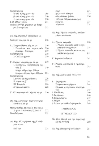 331
φημὶ
ἠμί, κεῖμαι, κάθημαι
οἶδα, δέδοικα ή δέδια
τέθνηκα, βέβηκα, ἔοικα, χρή,
εἴμαρται
πέπρωται
30ό Κεφ. Ρήματα ανώμαλα, αποθετι-
κά και απρόσωπα
Α΄.	Ρήματα ανώμαλα
	 1. Ρήματα ανώμαλα κατά το σχη-
ματισμό των χρόνων
	 2. Ρήματα ανώμαλα κατά τη ση-
μασία των χρόνων
Β΄. Ρήματα αποθετικά
Γ΄. Ρήματα απρόσωπα ή τριτοπρό-
σωπα
31ο Κεφ. Άκλιτα μέρη του λόγου
1.	Επιρρήματα
	 Συσχετικά επιρρήματα
	 Πίνακας συσχετικών επιρρημά-
των
2. Προθέσεις
3. Σύνδεσμοι
4. Επιφωνήματα
5. Μόρια
6. Άκλιτα με πολλαπλή σημασία
ΤΡΙΤΟ ΜΕΡΟΣ
ΕΤΥΜΟΛΟΓΙΚΟ
32ο Κεφ. Γενικά για την παραγωγή
και τη σύνθεση
33ο Κεφ. Παραγωγή των λέξεων
Παρατηρήσεις
α) στα συνηρ. ρ. σε -άω
β) στα συνηρ. ρ. σε -έω
γ) στα συνηρ. ρ. σε -όω
2. Οι άλλοι χρόνοι
Πίνακας συνηρ. ρημάτων με διαφο-
ρές ή ανωμαλίες
27ο Κεφ. Ρήματα β΄ συζυγίας σε -μι
Διαίρεση των ρημ. σε -μι
Α΄.	Συμφωνόληκτα ρήμ. σε -μι
	 1. Ενεστώτας και παρατατικός
δείκνυμι - δείκνυμαι
Παρατηρήσεις
	 2. Οι άλλοι χρόνοι
Β΄. Φωνηεντόληκτα ρήμ. σε -μι
	 1. Ενεστώτας, παρατατικός και
αόρ. β΄
ἵστημι, τίθημι, ἵημι, δίδωμι,
ἵσταμαι, τίθεμαι, ἵεμαι, δίδομαι
Παρατηρήσεις
Ι. Ενεστ. και παρατατικός
II. Αόριστος β΄
III. Τονισμός
	 2. Οι άλλοι χρόνοι
Γ΄. Άλλα φωνηεντόλ. ρήματα σε -μι
28ο Κεφ. Αόριστοι β΄ βαρύτονων ρημ.
κατά τα ρ. σε -μι
Με χαρακτήρα 1) η και ᾰ, 2) ᾱ και ᾰ,
3) η και ε, 4) ω και ο, 5) ῡ και ῠ
Παραδείγματα
29ο Κεφ. Άλλα ρήματα της β΄ συζυ-
γίας σε -μι
εἰμί, εἶμι
208
210
210
211
212
216
216
216
217
218
219
219
219
223
226
227
228
228
230
232
232
234
234
235
236
237
238
238
238
241
242
243
244
244
245
246
246
247
248
248
250
251
22-0012.indd 331 2/19/14 5:36 PM
 
