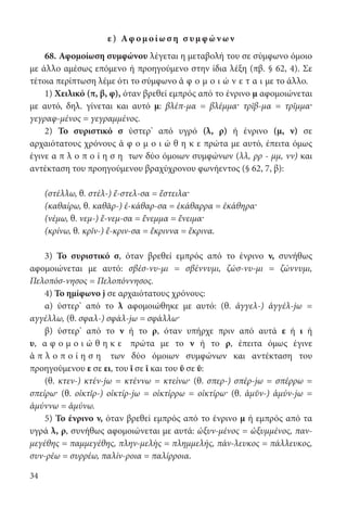 34
ε ) Αφ ομ οί ω σ η σ υμ φ ών ων
68. Αφομοίωση συμφώνου λέγεται η μεταβολή του σε σύμφωνο όμοιο
με άλλο αμέσως επόμενο ή προηγούμενο στην ίδια λέξη (πβ. § 62, 4). Σε
τέτοια περίπτωση λέμε ότι το σύμφωνο ἀ φ ο μ ο ι ώ ν ε τ α ι με το άλλο.
1) Χειλικό (π, β, φ), όταν βρεθεί εμπρός από το ένρινο μ αφομοιώνεται
με αυτό, δηλ. γίνεται και αυτό μ: βλέπ-μα = βλέμμα· τρῖβ-μα = τρῖμμα·
γεγραφ-μένος = γεγραμμένος.
2) Το συριστικό σ ύστερ’ από υγρό (λ, ρ) ή ένρινο (μ, ν) σε
αρχαιότατους χρόνους ἀ φ ο μ ο ι ώ θ η κ ε πρώτα με αυτό, έπειτα όμως
έγινε α π λ ο π ο ί η σ η των δύο όμοιων συμφώνων (λλ, ρρ - μμ, νν) και
αντέκταση του προηγούμενου βραχύχρονου φωνήεντος (§ 62, 7, β):
(στέλλω, θ. στέλ-) ἔ-στελ-σα = ἔστειλα·
(καθαίρω, θ. καθᾰρ-) ἐ-κάθαρ-σα = ἐκάθαρρα = ἐκάθηρα·
(νέμω, θ. νεμ-) ἔ-νεμ-σα = ἔνεμμα = ἔνειμα·
(κρίνω, θ. κρῐν-) ἔ-κριν-σα = ἔκριννα = ἔκρινα.
3) Το συριστικό σ, όταν βρεθεί εμπρός από το ένρινο ν, συνήθως
αφομοιώνεται με αυτό: σβέσ-νυ-μι = σβέννυμι, ζώσ-νυ-μι = ζώννυμι,
Πελοπόσ-νησος = Πελοπόννησος.
4) Το ημίφωνο j σε αρχαιότατους χρόνους:
α) ύστερ’ από το λ αφομοιώθηκε με αυτό: (θ. ἀγγελ-) ἀγγέλ-jω =
αγγέλλω, (θ. σφαλ-) σφάλ-jω = σφάλλω·
β) ύστερ’ από το ν ή το ρ, όταν υπήρχε πριν από αυτά ε ή ι ή
υ, α φ ο μ ο ι ώ θ η κ ε πρώτα με το ν ή το ρ, έπειτα όμως έγινε
ἁ π λ ο π ο ί η σ η των δύο όμοιων συμφώνων και αντέκταση του
προηγούμενου ε σε ει, του ῐ σε ῑ και του ῠ σε ῡ:
(θ. κτεν-) κτέν-jω = κτέννω = κτείνω· (θ. σπερ-) σπέρ-jω = σπέρρω =
σπείρω· (θ. οἰκτῐρ-) οἰκτίρ-jω = οἰκτίρρω = οἰκτίρω· (θ. ἀμῠν-) ἀμύν-jω =
ἀμύννω = ἀμύνω.
5) Το ένρινο ν, όταν βρεθεί εμπρός από το ένρινο μ ή εμπρός από τα
υγρά λ, ρ, συνήθως αφομοιώνεται με αυτά: ὠξυν-μένος = ὠξυμμένος, παν-
μεγέθης = παμμεγέθης, πλην-μελὴς = πλημμελής, πάν-λευκος = πάλλευκος,
συν-ρέω = συρρέω, παλίν-ροια = παλίρροια.
22-0012.indd 34 2/19/14 5:36 PM
 