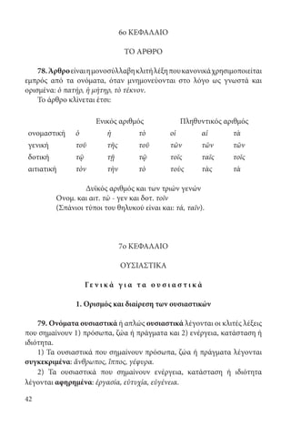 42
6ο ΚΕΦΑΛΑΙΟ
ΤΟ ΑΡΘΡΟ
78.Άρθροείναιημονοσύλλαβηκλιτήλέξηπουκανονικάχρησιμοποιείται
εμπρός από τα ονόματα, όταν μνημονεύονται στο λόγο ως γνωστά και
ορισμένα: ὁ πατήρ, ἡ μήτηρ, τὸ τέκνον.
Το άρθρο κλίνεται έτσι:
Ενικός αριθμός Πληθυντικός αριθμός
ονομαστική ὁ ἡ τὸ οἱ αἱ τὰ
γενική τοῦ τῆς τοῦ τῶν τῶν τῶν
δοτική τῷ τῇ τῷ τοῖς ταῖς τοῖς
αιτιατική τὸν τὴν τὸ τοὺς τὰς τὰ
Δυϊκός αριθμός και των τριών γενών
Ονομ. και αιτ. τὼ - γεν και δοτ. τοῖν
(Σπάνιοι τύποι του θηλυκού είναι και: τά, ταῖν).
7ο ΚΕΦΑΛΑΙΟ
ΟΥΣΙΑΣΤΙΚΑ
Γε ν ι κ ά γ ι α τ α ο υ σ ι α σ τ ι κ ά
1. Ορισμός και διαίρεση των ουσιαστικών
79. Ονόματα ουσιαστικά ή απλώς ουσιαστικά λέγονται οι κλιτές λέξεις
που σημαίνουν 1) πρόσωπα, ζώα ή πράγματα και 2) ενέργεια, κατάσταση ή
ιδιότητα.
1) Τα ουσιαστικά που σημαίνουν πρόσωπα, ζώα ή πράγματα λέγονται
συγκεκριμένα: ἄνθρωπος, ἵππος, γέφυρα.
2) Τα ουσιαστικά που σημαίνουν ενέργεια, κατάσταση ή ιδιότητα
λέγονται αφηρημένα: ἐργασία, εὐτυχία, εὐγένεια.
22-0012.indd 42 2/19/14 5:36 PM
 