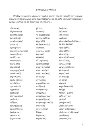 5
ΣΥΝΤΟΜΟΓΡΑΦΙΕΣ
(Ανεξάρτητα από το γένος, τον αριθμό και την πτώση της κάθε συντομογρα-
φίας, νοούνται ανάλογα με τα συμφραζόμενα, και τα άλλα γένη, οι πτώσεις και οι
αριθμοί, καθώς και τα παράγωγα επιρρήματα).
αδύν(ατο) βλ(έπε) θετ(ικός)
αθροιστ(ικό) γεν(ική) θηλ(υκό)
αιγυπτ(ιακός) γραμμ(ατικός) ιστ(ορικοί)
αιτ-ιατ(ική) δευτερόκλ(ιτα) ιων(ικό)
αιτιολογ(ικός) δηλ(αδή) κ(αι) α(κόλουθα) [ύστε-
ρα από αριθμό]αι(ώνας) διαζευκτ(ικός)
αμετάβ(ατο) διάθ(εση) κ(αι) ά(λλα)
αναδιπλ(ασιασμός) δικατάλ(ηκτα) κ(αι) α(λλού)
αναφορ(ικός) δοτ(ική) κ(αι) ε(ξής)
αντίθ(ετο) δυϊκ(ός) κ(αι) τ(α) λ(οιπά)
αντων(υμία) ελλ-ην(ικός) κατ-άλ(ηξη)
ανώμ(αλο) εμπρόθ(ετος) κατάλ(ογος)
αόρ(ιστος) ενεργ-ητ(ικός) καταχρηστ(ικός)
απαρ-έμφ(ατο) ενεστ-ώτ(ας) κάτ(οικος)
αποθετ(ικό) ενεστ-ωτ(ικός) κεφ(άλαιο)
απρόσ(ωπο) εν-ικ(ός) κλ-ητ(ική)
αριθμ-ητ(ικό) ενν(οεῖται) κλ-ίσ(η)
αρ-ιθμ(ός) ενρινόλ(ηκτα) κύρ(ιο)
αρσ-εν(ικό) επίθ(ετο) κυριολ(εκτικά)
αρχ(αίος) επιθ(ετικός) λ(έξη)
αρχ(ικός) επίρρ(ημα) λ(όγου) χ(άρη)
ασυναίρ(ετος) επιρρ(ηματικός) μέλλ-οντ(ας)
αττ(ικός) επιφων(ήματα) μέσ(ος)
αύξ(ηση) επιφωνηματ(ικός) μεταβ(ατικό)
αφηρημ(ένο) ευκτ(ική) μ(ε)τ(α)β(ατικό)
αφωνόλ(ηκτα) εύχρ(ηστος) μεταγ-εν(έστερος)
άχρ(ηστος) θ(έμα) μ(ε)τ(α)γ(ε)ν(έστερο)
αχώρ(ιστο) θέμ(ατος) μετάθ(εση)
βαρύτ(ονα) θεματ(ικό) μεταφορ(ικά)
22-0012.indd 5 2/19/14 5:36 PM
 