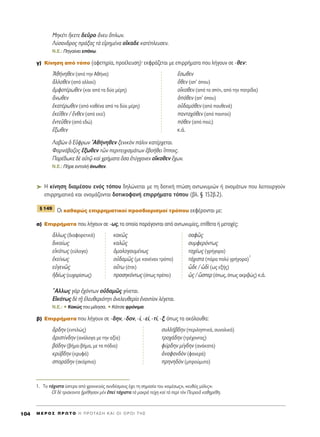 ªËÎ¤ÙÈ ≥ÎÂÙÂ ‰ÂÜÚÔ ôÓÂ˘ ¬ÏˆÓ.
§‡Û·Ó‰ÚÔ˜ Ú¿Í·˜ Ùa ÂåÚËÌ¤Ó· ÔúÎ·‰Â Î·Ù¤ÏÂ˘ÛÂÓ.
N.E.: ¶ËÁ·›ÓÂÈ Â¿Óˆ.
Á) ∫›ÓËÛË ·ﬁ ÙﬁÔ (·ÊÂÙËÚ›·, ÚÔ¤ÏÂ˘ÛË)Ø ÂÎÊÚ¿˙ÂÙ·È ÌÂ ÂÈÚÚ‹Ì·Ù· Ô˘ Ï‹ÁÔ˘Ó ÛÂ -ıÂÓ:
Aı‹ÓËıÂÓ (·ﬁ ÙËÓ ∞ı‹Ó·) öÛˆıÂÓ
ôÏÏÔıÂÓ (·ﬁ ·ÏÏÔ‡) ¬ıÂÓ (·’ ﬁÔ˘)
àÌÊÔÙ¤ÚˆıÂÓ (Î·È ·ﬁ Ù· ‰‡Ô Ì¤ÚË) ÔúÎÔıÂÓ (·ﬁ ÙÔ Û›ÙÈ, ·ﬁ ÙËÓ ·ÙÚ›‰·)
ôÓˆıÂÓ ïﬁıÂÓ (·’ ﬁÔ˘)
ëÎ·Ù¤ÚˆıÂÓ (·ﬁ Î·ı¤Ó· ·ﬁ Ù· ‰‡Ô Ì¤ÚË) Ôé‰·ÌﬁıÂÓ (·ﬁ Ô˘ıÂÓ¿)
âÎÂÖıÂÓ / öÓıÂÓ (·ﬁ ÂÎÂ›) ·ÓÙ·¯ﬁıÂÓ (·ﬁ ·ÓÙÔ‡)
âÓÙÂÜıÂÓ (·ﬁ Â‰Ò) ﬁıÂÓ (·ﬁ Ô‡;)
öÍˆıÂÓ Î.¿.
§·‚gÓ ï ∂ûÊÚˆÓ Aı‹ÓËıÂÓ ÍÂÓÈÎeÓ ¿ÏÈÓ Î·Ù¤Ú¯ÂÙ·È.
º·ÚÓ¿‚·˙Ô˜ öÍˆıÂÓ ÙáÓ ÂÚÈÙÂÈ¯ÈÛÌ¿ÙˆÓ â‚Ô‹ıÂÈ ¥ÔÈ˜.
¶·Ú¤‰ˆÎÂ ‰b ·éÙˇá Î·d ¯Ú‹Ì·Ù· ¬Û· âÙ‡Á¯·ÓÂÓ ÔúÎÔıÂÓ ö¯ˆÓ.
N.E.: ¶‹ÚÂ ÂÓÙÔÏ‹ ¿ÓˆıÂÓ.
➤ ∏ Î›ÓËÛË ‰È·Ì¤ÛÔ˘ ÂÓﬁ˜ ÙﬁÔ˘ ‰ËÏÒÓÂÙ·È ÌÂ ÙË ‰ÔÙÈÎ‹ ÙÒÛË ·ÓÙˆÓ˘ÌÈÒÓ ‹ ÔÓÔÌ¿ÙˆÓ Ô˘ ÏÂÈÙÔ˘ÚÁÔ‡Ó
ÂÈÚÚËÌ·ÙÈÎ¿ Î·È ÔÓÔÌ¿˙ÔÓÙ·È ‰ÔÙÈÎÔÊ·Ó‹ ÂÈÚÚ‹Ì·Ù· ÙﬁÔ˘ (‚Ï. ¨ 152‚.2).
√È Î·ı·ÚÒ˜ ÂÈÚÚËÌ·ÙÈÎÔ› ÚÔÛ‰ÈÔÚÈÛÌÔ› ÙÚﬁÔ˘ ÂÎÊ¤ÚÔÓÙ·È ÌÂ:
·) ∂ÈÚÚ‹Ì·Ù· Ô˘ Ï‹ÁÔ˘Ó ÛÂ -ˆ˜, Ù· ÔÔ›· ·Ú¿ÁÔÓÙ·È ·ﬁ ·ÓÙˆÓ˘Ì›Â˜, Â›ıÂÙ· ‹ ÌÂÙÔ¯¤˜:
ôÏÏˆ˜ (‰È·ÊÔÚÂÙÈÎ¿) Î·Îá˜ Û·Êá˜
‰ÈÎ·›ˆ˜ Î·Ïá˜ Û˘ÌÊÂÚﬁÓÙˆ˜
ÂåÎﬁÙˆ˜ (Â‡ÏÔÁ·) ïÌÔÏÔÁÔ˘Ì¤Óˆ˜ Ù·¯¤ˆ˜ (ÁÚ‹ÁÔÚ·)
âÎÂ›Óˆ˜ Ôé‰·Ìá˜ (ÌÂ Î·Ó¤Ó·Ó ÙÚﬁÔ) Ù¿¯ÈÛÙ· (¿Ú· ÔÏ‡ ÁÚ‹ÁÔÚ·)
1
ÂéÁÂÓá˜ Ô≈Ùˆ (¤ÙÛÈ) z‰Â / ó‰d (ˆ˜ ÂÍ‹˜)
ì‰¤ˆ˜ (Â˘¯·Ú›ÛÙˆ˜) ÚÔÛËÎﬁÓÙˆ˜ (ﬁˆ˜ Ú¤ÂÈ) ó˜ / œÛÂÚ (ﬁˆ˜, ﬁˆ˜ ·ÎÚÈ‚Ò˜) Î.¿.
òAÏÏˆ˜ ÁaÚ â¯ﬁÓÙˆÓ Ôé‰·Ìá˜ Á›ÓÂÙ·È.
∂åÎﬁÙˆ˜ ‰b Ù÷É âÏÂ˘ıÂÚÈﬁÙËÙÈ àÓÂÏÂ˘ıÂÚ›· âÓ·ÓÙ›ÔÓ Ï¤ÁÂÙ·È.
N.E.: ñ ∫·ÎÒ˜ ÙÔ˘ Ì›ÏËÛ·. ñ ∫¿ÙÛÂ ÊÚﬁÓÈÌ·.
‚) ∂ÈÚÚ‹Ì·Ù· Ô˘ Ï‹ÁÔ˘Ó ÛÂ -‰ËÓ, -‰ÔÓ, -›, -Â›, -Ù›, -Í, ﬁˆ˜ Ù· ·ÎﬁÏÔ˘ı·:
ôÚ‰ËÓ (ÂÓÙÂÏÒ˜) Û˘ÏÏ‹‚‰ËÓ (ÂÚÈÏËÙÈÎ¿, Û˘ÓÔÏÈÎ¿)
àÚÈÛÙ›Ó‰ËÓ (·Ó¿ÏÔÁ· ÌÂ ÙËÓ ·Í›·) ÙÚÔ¯¿‰ËÓ (ÙÚ¤¯ÔÓÙ·˜)
‚¿‰ËÓ (‚‹Ì·-‚‹Ì·, ÌÂ Ù· ﬁ‰È·) Ê‡Ú‰ËÓ Ì›Á‰ËÓ (·Ó¿Î·Ù·)
ÎÚ‡‚‰ËÓ (ÎÚ˘Ê¿) àÓ·Ê·Ó‰eÓ (Ê·ÓÂÚ¿)
ÛÔÚ¿‰ËÓ (ÛÎﬁÚÈ·) ÚËÓË‰eÓ (ÌÚÔ‡Ì˘Ù·)
¨ 149
M E ƒ O ™ ¶ ƒ ø Δ O ∏ ¶ ƒ O Δ ∞ ™ ∏ ∫ ∞ π O π O ƒ O π Δ ∏ ™104
1. ΔÔ Ù¿¯ÈÛÙ· ‡ÛÙÂÚ· ·ﬁ ¯ÚÔÓÈÎÔ‡˜ Û˘Ó‰¤ÛÌÔ˘˜ ¤¯ÂÈ ÙË ÛËÌ·Û›· ÙÔ˘ «·Ì¤Ûˆ˜», «Â˘ı‡˜ ÌﬁÏÈ˜»:
√î ‰b ÙÚÈ¿ÎÔÓÙ· ÷ìÚ¤ıËÛ·Ó ÌbÓ âÂd Ù¿¯ÈÛÙ· Ùa Ì·ÎÚa ÙÂ›¯Ë Î·d Ùa ÂÚd ÙeÓ ¶ÂÈÚ·ÈÄ Î·ı÷ËÚ¤ıË.
 