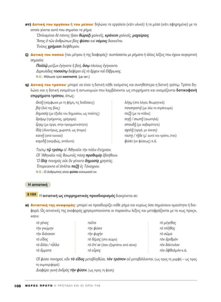ÛÙ) ¢ÔÙÈÎ‹ ÙÔ˘ ÔÚÁ¿ÓÔ˘ ‹ ÙÔ˘ Ì¤ÛÔ˘Ø ‰ËÏÒÓÂÈ ÙÔ ÂÚÁ·ÏÂ›Ô (Î¿ÙÈ ˘ÏÈÎﬁ) ‹ ÙÔ Ì¤ÛÔ (Î¿ÙÈ ·ÊËÚËÌ¤ÓÔ) ÌÂ ÙÔ
ÔÔ›Ô Á›ÓÂÙ·È ·˘Ùﬁ Ô˘ ÛËÌ·›ÓÂÈ ÙÔ Ú‹Ì·:
^øÏÈÛÌ¤ÓÔÈ ‰b ¿ÓÙÂ˜ qÛ·Ó ıÒÚ·ÍÈ ¯·ÏÎÔÖ˜, ÎÚ¿ÓÂÛÈ ¯·ÏÎÔÖ˜, Ì·¯·›Ú·È˜.
≠A·˜ ï ÙáÓ àÓıÚÒˆÓ ‚›Ô˜ Ê‡ÛÂÈ Î·d ÓﬁÌÔÈ˜ ‰ÈÔÈÎÂÖÙ·È.
EÓ›Ô˘˜ ¯Ú‹Ì·ÛÈ ‰È¤ÊıÂÈÚÔÓ.
˙) ¢ÔÙÈÎ‹ ÙÔ˘ ÔÛÔ‡ (ÙÔ˘ Ì¤ÙÚÔ˘ ‹ ÙË˜ ‰È·ÊÔÚ¿˜)Ø Û˘ÓÙ¿ÛÛÂÙ·È ÌÂ Ú‹Ì·Ù· ‹ ¿ÏÏÂ˜ Ï¤ÍÂÈ˜ Ô˘ ¤¯Ô˘Ó Û˘ÁÎÚÈÙÈÎ‹
ÛËÌ·Û›·:
¶ÔÏÏˇá ÌÂ›˙ˆÓ âÁ›ÁÓÂÙÔ ì ‚Ô‹, ¬Ûˇˆ ÏÂ›Ô˘˜ âÁ›ÁÓÔÓÙÔ.
¢ÂÚÎ˘Ï›‰·˜ ÙÔÛÔ‡Ùˇˆ ‰È¤ÊÂÚÂÓ Âå˜ Ùe ôÚ¯ÂÈÓ ÙÔÜ £›‚ÚˆÓÔ˜.
N.E.: æ‹ÏˆÛÂ ÙÚ›· ÂÎ·ÙÔÛÙ¿. [ÌÂ ·ÈÙ.]
Ë) ¢ÔÙÈÎ‹ ÙÔ˘ ÙÚﬁÔ˘Ø ÌÔÚÂ› Ó· Â›Ó·È Ë ‰ÔÙÈÎ‹ Î¿ıÂ ÔÓﬁÌ·ÙÔ˜ Î·È Û˘ÓËı¤ÛÙÂÚ· Ë ‰ÔÙÈÎ‹ ÙÚﬁˇˆ. ΔÚﬁÔ ‰Ë-
ÏÒÓÂÈ Î·È Ë ‰ÔÙÈÎ‹ ÔÓÔÌ¿ÙˆÓ ‹ ·ÓÙˆÓ˘ÌÈÒÓ Ô˘ Ï·Ì‚¿ÓÔÓÙ·È ˆ˜ ÂÈÚÚ‹Ì·Ù· Î·È ÔÓÔÌ¿˙ÔÓÙ·È ‰ÔÙÈÎÔÊ·Ó‹
ÂÈÚÚ‹Ì·Ù· ÙÚﬁÔ˘, ﬁˆ˜:
àÎÔ÷É (Û‡ÌÊˆÓ· ÌÂ ÙË Ê‹ÌË, ÙÈ˜ ‰È·‰ﬁÛÂÈ˜) ÏﬁÁˇˆ (ÛÙ· ÏﬁÁÈ·, ıÂˆÚËÙÈÎ¿)
‚›÷· (‰È¿ ÙË˜ ‚›·˜) ·ÓÛÙÚ·ÙÈ÷Ä (ÌÂ ﬁÏÔ ÙÔ ÛÙÚ¿ÙÂ˘Ì·)
‰ËÌÔÛ›÷· (ÌÂ ¤ÍÔ‰· ÙÔ˘ ‰ËÌÔÛ›Ô˘, ˆ˜ ÔÏ›ÙË˜) Â˙÷É (ÌÂ Ù· ﬁ‰È·)
‰ÚﬁÌˇˆ (ÙÚ¤¯ÔÓÙ·˜, ÁÚ‹ÁÔÚ·) ÛÈÁ÷É / ÛÈˆ÷É (ÛÈˆËÏ¿)
öÚÁˇˆ (ÌÂ ¤ÚÁ·, ÛÙËÓ Ú·ÁÌ·ÙÈÎﬁÙËÙ·) ÛÔ˘‰÷É (ÌÂ ÛÔ‚·ÚﬁÙËÙ·)
å‰›÷· (È‰È·ÈÙ¤Úˆ˜, ¯ˆÚÈÛÙ¿, ˆ˜ ¿ÙÔÌÔ) Û¯ÔÏ÷É (·ÚÁ¿, ÌÂ ¿ÓÂÛË)
ÎÔÈÓ÷É (·ﬁ ÎÔÈÓÔ‡) Ù·‡ÙFË / Ù÷É‰Â (Ì’ ·˘Ùﬁ ÙÔÓ ÙÚﬁÔ, ¤ÙÛÈ)
ÎÔÌÈ‰÷É (·ÎÚÈ‚Ò˜, ·ﬁÏ˘Ù·) Ê‡ÛÂÈ (ÂÎ Ê‡ÛÂˆ˜) Î.¿.
ΔÔ‡Ùˇˆ Ùˇá ÙÚﬁˇˆ Ôî AıËÓ·ÖÔÈ ÙcÓ ﬁÏÈÓ âÙÂ›¯ÈÛ·Ó.
√î AıËÓ·ÖÔÈ ÙÔÖ˜ μÔÈˆÙÔÖ˜ ¿Û÷Ë ÚÔı˘Ì›÷· â‚Ô‹ıÔ˘Ó.
^O å‰›÷· ÔÓËÚe˜ ÔéÎ iÓ Á¤ÓÔÈÙÔ ‰ËÌÔÛ›÷· ¯ÚËÛÙﬁ˜.
EÔÚÂ‡ÔÓÙÔ Ôî ïÏÖÙ·È Â˙÷É â˜ Δ¿Ó·ÁÚ·Ó.
N.E.: O ¿ÓıÚˆÔ˜ Â›Ó·È Ê‡ÛÂÈ ÎÔÈÓˆÓÈÎﬁ ÔÓ.
∏ ·ÈÙÈ·ÙÈÎ‹
∏ ·ÈÙÈ·ÙÈÎ‹ ˆ˜ ÂÈÚÚËÌ·ÙÈÎﬁ˜ ÚÔÛ‰ÈÔÚÈÛÌﬁ˜ ‰È·ÎÚ›ÓÂÙ·È ÛÂ:
·) ∞ÈÙÈ·ÙÈÎ‹ ÙË˜ ·Ó·ÊÔÚ¿˜Ø ÌÔÚÂ› Ó· ÚÔÛ‰ÈÔÚ›˙ÂÈ Î¿ıÂ Ú‹Ì· Î·È Î˘Ú›ˆ˜ ﬁÛ· ÛËÌ·›ÓÔ˘Ó ÔÌÔÈﬁÙËÙ· ‹ ‰È·-
ÊÔÚ¿. ø˜ ·ÈÙÈ·ÙÈÎ¤˜ ÙË˜ ·Ó·ÊÔÚ¿˜ ¯ÚËÛÈÌÔÔÈÔ‡ÓÙ·È ÔÈ ·Ú·Î¿Ùˆ Ï¤ÍÂÈ˜ Î·È ÌÂÙ·ÊÚ¿˙ÔÓÙ·È ÌÂ Ù· «ˆ˜ ÚÔ˜»,
«ÛÂ»:
Ùe Á¤ÓÔ˜ Ù·ÜÙ· Ùe Ì¤ÁÂıÔ˜
ÙcÓ ÁÓÒÌËÓ ÙcÓ Ê‡ÛÈÓ Ùe ÏÉıÔ˜
ÙcÓ ‰È¿ÓÔÈ·Ó ÙcÓ „˘¯cÓ Ùe ÛáÌ·
Ùe Âr‰Ô˜ Ùe ‰¤Ì·˜ (ÛÙÔ ÛÒÌ·) ÙeÓ àÚÈıÌeÓ
Ùa ôÏÏ· / ÙpÏÏ· Ùe â› ÛÂ (ﬁÛÔ ÂÍ·ÚÙ¿Ù·È ·ﬁ Û¤Ó·) ÙeÓ ‰¿ÎÙ˘ÏÔÓ
Ùa ùÌÌ·Ù· Ùe ÂsÚÔ˜ ÙeÓ çÊı·ÏÌeÓ Î.¿.
√î Ê‡ÛÂÈ ÔÓËÚÔ›, ÎiÓ Ùe Âr‰Ô˜ ÌÂÙ·‚ÏËıáÛÈ, ÙeÓ ÙÚﬁÔÓ Ôé ÌÂÙ·‚¿ÏÏÔÓÙ·È. (ˆ˜ ÚÔ˜ ÙË ÌÔÚÊ‹ – ˆ˜ ÚÔ˜
ÙË Û˘ÌÂÚÈÊÔÚ¿)
¢È·Ê¤ÚÂÈ Á˘Óc àÓ‰Úe˜ ÙcÓ Ê‡ÛÈÓ. (ˆ˜ ÚÔ˜ ÙË Ê‡ÛË)
¨ 153
M E ƒ O ™ ¶ ƒ ø Δ O ∏ ¶ ƒ O Δ ∞ ™ ∏ ∫ ∞ π O π O ƒ O π Δ ∏ ™108
 