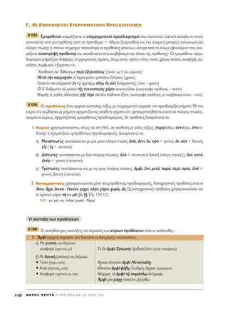 °. OI EM¶PO£ETOI ∂¶IPPHMATIKOI ¶PO™¢IOPI™MOI
∂ÌÚﬁıÂÙÔÈ ÔÓÔÌ¿˙ÔÓÙ·È ÔÈ ÂÈÚÚËÌ·ÙÈÎÔ› ÚÔÛ‰ÈÔÚÈÛÌÔ› Ô˘ Û˘ÓÈÛÙÔ‡Ó ÏÂÎÙÈÎﬁ Û‡ÓÔÏÔ ÙÔ ÔÔ›Ô
·ÔÙÂÏÂ›Ù·È ·ﬁ Ì›· ÚﬁıÂÛË (·ﬁ ÙÔ ÚÔÙ›ıÂÌ·È = Ù›ıÂÌ·È öÌÚÔÛıÂÓ) Î·È ¤Ó· ﬁÓÔÌ· ‹ ÌÂÙÔ¯‹ ‹ ·ÓÙˆÓ˘Ì›· (ÛÂ
Ï¿ÁÈ· ÙÒÛË) ‹ Û¿ÓÈ· Â›ÚÚËÌ·Ø Û·ÓÈﬁÙÂÚ· ÔÈ ÚÔı¤ÛÂÈ˜ Ì·›ÓÔ˘Ó ‡ÛÙÂÚ· ·ﬁ ÙÔ ﬁÓÔÌ· (Ê·ÈÓﬁÌÂÓÔ Ô˘ ÔÓÔ-
Ì¿˙ÂÙ·È ·Ó·ÛÙÚÔÊ‹ ÚﬁıÂÛË˜ Î·È Û˘ÓÔ‰Â‡ÂÙ·È ·ﬁ ·Ó·‚È‚·ÛÌﬁ ÙÔ˘ ÙﬁÓÔ˘ ÙË˜ ÚﬁıÂÛË˜). √È ÂÌÚﬁıÂÙÔÈ ÚÔÛ-
‰ÈÔÚÈÛÌÔ› ÂÎÊÚ¿˙Ô˘Ó ‰È¿ÊÔÚÂ˜ ÂÈÚÚËÌ·ÙÈÎ¤˜ Û¯¤ÛÂÈ˜, ﬁˆ˜ ·ÈÙ›·, ÙÚﬁÔ, ÙﬁÔ, ÔÛﬁ, ¯ÚﬁÓÔ, ÛÎÔﬁ, ·Ó·ÊÔÚ¿, Û˘-
ÓÔ‰Â›·, Û˘ÌÊˆÓ›·, ÂÍ·›ÚÂÛË Î.¿.:
A¤ı·ÓÔÓ ‰b AıËÓ·›ˆÓ ÂÚd ëÍ·ÎÔÛ›Ô˘˜. [ÔÛﬁØ ˆ˜ À ÙÔ˘ Ú‹Ì·ÙÔ˜]
ªÂÙa ÙcÓ Ó·˘Ì·¯›·Ó Ôî ∫ÂÚÎ˘Ú·ÖÔÈ ÙÚÔ·ÖÔÓ öÛÙËÛ·Ó. [¯ÚﬁÓÔ]
KÂ›ÛÂÙ·› ÛÔÈ ÂéÂÚÁÂÛ›· âÓ Ùˇá ìÌÂÙ¤Úˇˆ ÔúÎˇˆ â˜ ·åÂd àÓ¿ÁÚ·ÙÔ˜. [ÙﬁÔ – ¯ÚﬁÓÔ]
√î ‰’ ôÓıÚˆÔÈ Ôé ÌﬁÓÔÓ ÙÉ˜ ÙÂÎÓÔÔÈ›·˜ ¯¿ÚÈÓ Û˘ÓÔÈÎÔÜÛÈÓ. [·Ó·ÛÙÚÔÊ‹ ÚﬁıÂÛË˜ – ÛÎÔﬁ]
NÔÌ›Û÷Ë ÙÂ ÌË‰Âd˜ àÏÏÔÙÚ›·˜ ÁÉ˜ ¤ÚÈ ÔåÎÂÖÔÓ Î›Ó‰˘ÓÔÓ ≤ÍÂÈÓ. [·Ó·ÛÙÚÔÊ‹ ÚﬁıÂÛË˜ ÌÂ ·Ó·‚È‚·ÛÌﬁ ÙﬁÓÔ˘ – ·ÈÙ›·]
√È ÚÔı¤ÛÂÈ˜ ‹Ù·Ó ·Ú¯ÈÎ¿ ·˘ÙÔÙÂÏÂ›˜ Ï¤ÍÂÈ˜ ÌÂ ÂÈÚÚËÌ·ÙÈÎ‹ ÛËÌ·Û›· Î·È ÚÔÛ‰ÈﬁÚÈ˙·Ó Ú‹Ì·Ù·. ªÂ ÙÔÓ
Î·ÈÚﬁ Â›ÙÂ ÂÓÒıËÎ·Ó ÌÂ Ú‹Ì·Ù· Û¯ËÌ·Ù›˙ÔÓÙ·˜ Û‡ÓıÂÙ· Ú‹Ì·Ù· Â›ÙÂ ¯ÚËÛÈÌÔÔÈ‹ıËÎ·Ó ÎÔÓÙ¿ ÛÂ Ï¿ÁÈÂ˜ ÙÒÛÂÈ˜,
ÔÓÔÌ¿ÙˆÓ Î˘Ú›ˆ˜, Û¯ËÌ·Ù›˙ÔÓÙ·˜ ÂÌÚﬁıÂÙÔ˘˜ ÚÔÛ‰ÈÔÚÈÛÌÔ‡˜. OÈ ÚÔı¤ÛÂÈ˜ ‰È·ÎÚ›ÓÔÓÙ·È ÛÂ:
1. ∫‡ÚÈÂ˜Ø ¯ÚËÛÈÌÔÔÈÔ‡ÓÙ·È, ﬁˆ˜ Î·È ÛÙË N.E., ÛÂ Û‡ÓıÂÛË ÌÂ ¿ÏÏÂ˜ Ï¤ÍÂÈ˜ (ÂÚÈ‚¿ÏÏˆ, àÓÙÈÏ¤Áˆ, âÈÎ›Ó-
‰˘ÓÔ˜) ‹ Û¯ËÌ·Ù›˙Ô˘Ó ÂÌÚﬁıÂÙÔ˘˜ ÚÔÛ‰ÈÔÚÈÛÌÔ‡˜. ¢È·ÎÚ›ÓÔÓÙ·È ÛÂ:
·) ªÔÓﬁÙˆÙÂ˜Ø Û˘ÓÙ¿ÛÛÔÓÙ·È ÌÂ Ì›· ÌﬁÓÔ Ï¿ÁÈ· ÙÒÛË: àﬁ, àÓÙ›, âÎ, Úe + ÁÂÓÈÎ‹, âÓ, ÛfÓ + ‰ÔÙÈÎ‹,
Âå˜ / â˜ + ·ÈÙÈ·ÙÈÎ‹.
‚) ¢›ÙˆÙÂ˜Ø Û˘ÓÙ¿ÛÛÔÓÙ·È ÌÂ ‰‡Ô Ï¿ÁÈÂ˜ ÙÒÛÂÈ˜: àÓa + ·ÈÙÈ·ÙÈÎ‹ ‹ ‰ÔÙÈÎ‹ (ÛÙÔ˘˜ ÔÈËÙ¤˜), ‰È¿, Î·Ù¿,
ñbÚ + ÁÂÓÈÎ‹ ‹ ·ÈÙÈ·ÙÈÎ‹.
Á) ΔÚ›ÙˆÙÂ˜Ø Û˘ÓÙ¿ÛÛÔÓÙ·È Î·È ÌÂ ÙÈ˜ ÙÚÂÈ˜ Ï¿ÁÈÂ˜ ÙÒÛÂÈ˜: àÌÊ›, â›, ÌÂÙ¿, ·Ú¿, ÂÚ›, Úﬁ˜, ñe +
ÁÂÓÈÎ‹, ‰ÔÙÈÎ‹ ‹ ·ÈÙÈ·ÙÈÎ‹.
2. ∫·Ù·¯ÚËÛÙÈÎ¤˜Ø ¯ÚËÛÈÌÔÔÈÔ‡ÓÙ·È ÌﬁÓÔ ÛÂ ÂÌÚﬁıÂÙÔ˘˜ ÚÔÛ‰ÈÔÚÈÛÌÔ‡˜. K·Ù·¯ÚËÛÙÈÎ¤˜ ÚÔı¤ÛÂÈ˜ Â›Ó·È ÔÈ
ôÓÂ˘, ô¯ÚÈ, ≤ÓÂÎ· / ≤ÓÂÎÂÓ, Ì¤¯ÚÈ, Ï‹Ó, ¯¿ÚÈÓ, ¯ˆÚ›˜, ó˜. ø˜ Î·Ù·¯ÚËÛÙÈÎ¤˜ ÚÔı¤ÛÂÈ˜ ¯ÚËÛÈÌÔÔÈÔ‡ÓÙ·È Î·È
Ù· ÔÌÔÙÈÎ¿ ÌﬁÚÈ· Óc Î·È Ìa (‚Ï. ¨¨ 37·, 159.12).
N.E.: ÌÂ, ÁÈ·, ˆ˜, ›Û·ÌÂ, ¯ˆÚ›˜ / ‰›¯ˆ˜
H Û‡ÓÙ·ÍË ÙˆÓ ÚÔı¤ÛÂˆÓ
√È Û˘ÓËı¤ÛÙÂÚÂ˜ Û˘ÓÙ¿ÍÂÈ˜ Î·È ÛËÌ·Û›Â˜ ÙˆÓ Î‡ÚÈˆÓ ÚÔı¤ÛÂˆÓ Â›Ó·È ÔÈ ·ÎﬁÏÔ˘ıÂ˜:
1. AÌÊd (·Ú¯ÈÎ‹ ÛËÌ·Û›·: ÛÙ· ‰‡Ô/·ﬁ Ù· ‰‡Ô Ì¤ÚË)Ø Û˘ÓÙ¿ÛÛÂÙ·È:
·) ªÂ ÁÂÓÈÎ‹ Î·È ‰ËÏÒÓÂÈ
·Ó·ÊÔÚ¿ (Û¯ÂÙÈÎ¿ ÌÂ) Δa ‰b àÌÊd ∑‹ÓˆÓÔ˜ àÚ›‰ËÏ¿ âÛÙÈ. (Â›Ó·È ·ÛÈÊ·Ó‹)
‚) ªÂ ‰ÔÙÈÎ‹ (Û¿ÓÈ·) Î·È ‰ËÏÒÓÂÈ:
ñ ΔﬁÔ (Á‡Úˆ ·ﬁ) A¯·ÈÔd ≤ÛÙ·Û·Ó àÌÊd ªÂÓÔÈÙÈ¿‰÷Ë.
ñ ∞ÈÙ›· (ÂÍ·ÈÙ›·˜, ·ﬁ) £·Ó¿ÙÔ˘ àÌÊd Êﬁ‚ˇˆ Δ˘Ó‰·Úd˜ å¿¯ËÛÂ. (ÎÚ·‡Á·ÛÂ)
ñ ∞Ó·ÊÔÚ¿ (Û¯ÂÙÈÎ¿ ÌÂ, ÁÈ·) ¡¤·Ú¯Ô˜ Ùa àÌÊd Ùˇá ·Ú¿Ïˇˆ àÓ¤ÁÚ·„Â.
AÌÊd ÌbÓ Ì¿¯÷Ë ÙÔÛ·ÜÙ· ÂåÚ‹Ûıˆ.
¨ 156
¨ 155
¨ 154
M E ƒ O ™ ¶ ƒ ø Δ O ∏ ¶ ƒ O Δ ∞ ™ ∏ ∫ ∞ π O π O ƒ O π Δ ∏ ™110
 