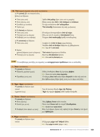 18. ^Ye (·Ú¯ÈÎ‹ ÛËÌ·Û›·: Î¿Ùˆ ·ﬁ)Ø Û˘ÓÙ¿ÛÛÂÙ·È:
·) ªÂ ÁÂÓÈÎ‹ (‚Ï. Î·È ÔÈËÙÈÎﬁ ·›ÙÈÔ,
¨ 66.·) Î·È ‰ËÏÒÓÂÈ:
ñ ΔﬁÔ (Î¿Ùˆ ·ﬁ) •ÈÊ›‰È· ñe Ì¿ÏË˜ Âr¯ÔÓ. (Î¿Ùˆ ·ﬁ ÙË Ì·Û¯¿ÏË)
ñ ∞ÈÙ›· (ÂÍ·ÈÙ›·˜, ·ﬁ) £¿ÛÔ˜ Î·Îá˜ Âr¯ÂÓ ñﬁ ÙÂ ÙáÓ ÔÏ¤ÌˆÓ Î·d ÛÙ¿ÛÂˆÓ.
ñ ™˘ÓÔ‰Â›· (ÌÂ Û˘ÓÔ‰Â›·) Δa ÙÂ›¯Ë Î·Ù¤ÛÎ·ÙÔÓ ñ’ ·éÏËÙÚ›‰ˆÓ.
ñ ΔÚﬁÔ (ÌÂ) ^Ye ÛÔ˘‰É˜ âÂÛÎÂ‡·Û·Ó Ùa˜ Ó·Ü˜. (ÌÂ ‚È·Û‡ÓË)
‚) ªÂ ‰ÔÙÈÎ‹ Î·È ‰ËÏÒÓÂÈ:
ñ ΔﬁÔ (Î¿Ùˆ ·ﬁ) √î ÔÏ¤ÌÈÔÈ àÓÙÈ·ÚÂÙ¿Í·ÓÙÔ ñe Ùˇá ÙÂ›¯ÂÈ.
ñ ÀÔÙ·Á‹ (˘ﬁ ÙËÓ ÂÍÔ˘Û›·) √≈Ùˆ Î·d ÓÜÓ öÙÈ ÔÈÔÜÛÈ Ôî ñe ‚·ÛÈÏÂÖ ùÓÙÂ˜.
ñ ∂›‚ÏÂ„Ë (˘ﬁ ÙËÓ Â›‚ÏÂ„Ë) EÙ‡Á¯·ÓÂ ñe ·È‰ÔÙÚ›‚FË àÁ·ıˇá Â·È‰Â˘Ì¤ÓÔ˜.
Á) ªÂ ·ÈÙÈ·ÙÈÎ‹ Î·È ‰ËÏÒÓÂÈ:
ñ ΔﬁÔ (Î¿Ùˆ ·ﬁ) •ÂÓÔÊáÓ âÓ ÙFÉ ñe Ùe ùÚÔ˜ ÎÒÌFË âÛÎ‹ÓÔ˘.
AÉÏıÔÓ ñe Ùa ‰¤Ó‰Ú· ôÓıÚˆÔÈ ó˜ ë‚‰ÔÌ‹ÎÔÓÙ·.
N.E.: Œ¯ÂÈ 38ÆC ˘ﬁ ÛÎÈ¿Ó.
ñ ÃÚﬁÓÔØ
¯ÚÔÓÈÎ‹ ‰È¿ÚÎÂÈ· (Î·Ù¿ ÙË ‰È¿ÚÎÂÈ·) ^Ye Ó‡ÎÙ· âÔÚÂ‡ÔÓÙÔ Ôî ïÏÖÙ·È.
ñ ÀÔÙ·Á‹ (˘ﬁ ÙËÓ ÂÍÔ˘Û›·) ∞úÁ˘ÙÔ˜ ñe ‚·ÛÈÏ¤· âÁ¤ÓÂÙÔ.
N.E.: ∂›Ó·È ˘ﬁ ÙÈ˜ ‰È·Ù·Á¤˜ ÌÔ˘.
OÈ Û˘ÓËı¤ÛÙÂÚÂ˜ Û˘ÓÙ¿ÍÂÈ˜ Î·È ÛËÌ·Û›Â˜ ÙˆÓ Î·Ù·¯ÚËÛÙÈÎÒÓ ÚÔı¤ÛÂˆÓ Â›Ó·È ÔÈ ·ÎﬁÏÔ˘ıÂ˜:
1. òAÓÂ˘Ø Û˘ÓÙ¿ÛÛÂÙ·È:
ªÂ ÁÂÓÈÎ‹ Î·È ‰ËÏÒÓÂÈ:
ñ ∂Í·›ÚÂÛË, ¯ˆÚÈÛÌﬁ (¯ˆÚ›˜) √é‰Âd˜ àÔıÓ÷‹ÛÎÂÈ ôÓÂ˘ ÙÉ˜ ñÌÂÙ¤Ú·˜ „‹ÊÔ˘.
N.E.: ŒÎ·ÓÂ ¤Ó· Û¯ﬁÏÈÔ ¿ÓÂ˘ ÛËÌ·Û›·˜.
ñ ¶ÚÔÛı‹ÎË (ÂÎÙﬁ˜ ·ﬁ) ^O ﬁÏÂÌÔ˜ ôÓÂ˘ ÙÔÜ Î·ÏcÓ ‰ﬁÍ·Ó âÓÂÁÎÂÖÓ âÓ ÄÛÈ ÙÔÖ˜ Î·Ùa ÙeÓ
‚›ÔÓ àÊıÔÓˆÙ¤ÚÔÈ˜ ‰ÈÉÁÂÓ ìÌÄ˜. (ÂÎÙﬁ˜ ÙÔ˘ ﬁÙÈ ¤ÊÂÚÂ Î·Ï‹ ‰ﬁÍ·)
2. òA¯ÚÈ / ô¯ÚÈ˜Ø Û˘ÓÙ¿ÛÛÂÙ·È:
ªÂ ÁÂÓÈÎ‹ Î·È ‰ËÏÒÓÂÈ ﬁÚÈÔ
ÙÔÈÎﬁØ ΔÔf˜ ‰b ÏÔÈÔf˜ â‰›ˆÍÂÓ ô¯ÚÈ ÙÉ˜ ª·Ï¤·˜.
‹ ¯ÚÔÓÈÎﬁ (¤ˆ˜) òA¯ÚÈ ÙÉ˜ Ù‹ÌÂÚÔÓ ìÌ¤Ú·˜ Ôé‰bÓ ÚÄÍ·È ‰˘Ó¿ÌÂı·.
3. ≠EÓÂÎ· / ≤ÓÂÎÂÓØ Û˘ÓÙ¿ÛÛÂÙ·È:
ªÂ ÁÂÓÈÎ‹ Î·È ‰ËÏÒÓÂÈ:
ñ ∞ÈÙ›· (ÂÍ·ÈÙ›·˜) I‰›·˜ ö¯ıÚ·˜ ≤ÓÂÎ· Ù·ÜÙ· ÔÈÔÜÛÈ.
ñ ™ÎÔﬁ (ÁÈ·, ÁÈ· Ó·) ¶¿ÓÙ· ÔÈÂÖ ≤ÓÂÎ· ÙÔÜ ÙcÓ ·ÙÚ›‰’ âÏÂ˘ıÂÚáÛ·È.
N.E.: μÚ·‚Â‡ÙËÎÂ ÙÈÌ‹˜ ¤ÓÂÎÂÓ.
ñ ∞Ó·ÊÔÚ¿ (ﬁÛÔÓ ·ÊÔÚ¿, ˆ˜ ÚÔ˜) ºá˜ Âå Ìc Âú¯ÔÌÂÓ, ¬ÌÔÈÔÈ ÙÔÖ˜ Ù˘ÊÏÔÖ˜ iÓ qÌÂÓ ≤ÓÂÎ¿ ÁÂ ÙáÓ ìÌÂÙ¤-
ÚˆÓ çÊı·ÏÌáÓ.
4. ª¤¯ÚÈØ Û˘ÓÙ¿ÛÛÂÙ·È:
ªÂ ÁÂÓÈÎ‹ Î·È ‰ËÏÒÓÂÈ ﬁÚÈÔ:
ÙÔÈÎﬁ √î Í‡ÌÌ·¯ÔÈ Ì¤¯ÚÈ ÙÔÜ IÛıÌÔÜ qÏıÔÓ.
N.E.: ¶‹ÁÂ Ì¤¯ÚÈ ÙÔ Û›ÙÈ. [Ì¤¯ÚÈ + ·ÈÙ.]
¨ 157
K E º ∞ § ∞ π O I ° ΄ O I E ¶ I P P H M A T I K O I ¶ P O ™ ¢ I O P I ™ M O I 121
 