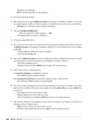 N·d Ìa ÙeÓ ¢›·, àÏËıÉ Ï¤ÁÂÈ˜.
¡c ÙeÓ ¶ÔÛÂÈ‰á Î·Ïá˜ ôÚ· ÙcÓ ﬁÏÈÓ ÔåÎ‹ÛÔÌÂÓ.
13. ÌÌ‹‹Ø ·ÚÓËÙÈÎﬁ ÌﬁÚÈÔ (‚Ï. ¨ 160.2).
14. ÌÌ‹‹ÓÓØ ¯ÚËÛÈÌÔÔÈÂ›Ù·È ˆ˜ ÈÛ¯˘Úﬁ ‚Â‚·ÈˆÙÈÎﬁ ÌﬁÚÈÔ ÌÂ ÙË ÛËÌ·Û›· ÙÔ˘ «·Ï‹ıÂÈ·», «‚¤‚·È·», Ë ÔÔ›· Â›Ó·È
Î·È Ë ·Ú¯ÈÎ‹ ÛËÌ·Û›· ÙÔ˘ (‚Ï. ÙËÓ ·ÓÙÈıÂÙÈÎ‹ ÛËÌ·Û›· ÙÔ˘ ÛÙËÓ ¨ 168). ∂Ó›ÔÙÂ Û˘Ó¿ÙÂÙ·È Î·È ÌÂ ¿ÏÏÂ˜ Ï¤ÍÂÈ˜:
∫·d ÌcÓ Î·d ÙáÓ ^HÚ·ÎÏ¤Ô˘˜ ·›‰ˆÓ ÛˆÙÉÚÂ˜ èÓÔÌ¿ÛıËÛ·Ó.
15. ÓÓ··››Ø ÌﬁÚÈÔ Î·Ù·Ê·ÙÈÎﬁ-‚Â‚·ÈˆÙÈÎﬁ:
— ¶¿ÓÙ· ‰b Ùa Ì¤ÚË ñe ÙÔÜ ¬ÏÔ˘ ÂÚÈ¤¯ÂÙ·È; — ¡·›.
AÏÏa Ó·d Ìa ÙeÓ ¢›·, t ™ÒÎÚ·ÙÂ˜, Î·Ïá˜ Ï¤ÁÂÈ˜.
16. ÔÔééØ ·ÚÓËÙÈÎﬁ ÌﬁÚÈÔ (‚Ï. ¨ 160.1).
17. ÔÔssÓÓØ ÂÎÙﬁ˜ ·ﬁ ÙË ÏÂÈÙÔ˘ÚÁ›· ÙÔ˘ ˆ˜ ·Ú·Ù·ÎÙÈÎÔ‡ Û˘ÌÂÚ·ÛÌ·ÙÈÎÔ‡ Û˘Ó‰¤ÛÌÔ˘ (‚Ï. ¨ 170.2), ··ÓÙ¿ Î·È
ˆ˜ ‚Â‚·ÈˆÙÈÎﬁ ÌﬁÚÈÔ Î·È ÌÂÙ·ÊÚ¿˙ÂÙ·È «Ú¿ÁÌ·ÙÈ», «‚¤‚·È·». ªÂ ÙËÓ ›‰È· ÛËÌ·Û›· ··ÓÙ¿ Î·È ÛÙËÓ ¤ÎÊÚ·-
ÛË ÌbÓ ÔsÓ:
™˘Ó¤Ê·Û·Ó ÔsÓ Î·d Ôî ôÏÏÔÈ Ù·éÙa Ù·ÜÙ· Ùˇá Ã·ÈÚÂÊáÓÙÈ.
òEÁˆÁÂ ìÁÔÜÌ·È ÌbÓ ÔsÓ, öÊË.
18. ¤¤ÚÚØ ÂÁÎÏÈÙÈÎﬁ ‚Â‚·ÈˆÙÈÎﬁ ÌﬁÚÈÔ Ô˘ ··ÓÙ¿ Û˘ÓËı¤ÛÙÂÚ· ÂÓˆÌ¤ÓÔ ÌÂ ·Ó·ÊÔÚÈÎ¤˜ ·ÓÙˆÓ˘Ì›Â˜ Î·È ÂÈÚÚ‹-
Ì·Ù· ‹ ¿ÏÏ· ÌﬁÚÈ·, ÂÈÙÂ›ÓÔÓÙ·˜ ÙË ÛËÌ·Û›· ÙÔ˘˜. ªÂÙ·ÊÚ¿˙ÂÙ·È «·ÎÚÈ‚Ò˜», «Ì¿ÏÈÛÙ·»:
¶¿ÓÙ· Ï¤ÁÂÈ˜ Ôx¿ ÂÚ iÓ Á¤ÓÔÈÙÔ.
AÁËÛ›Ï·Ô˜ âÛÙÚ·ÙÔÂ‰Â‡Û·ÙÔ öÓı·ÂÚ ÙÔf˜ ÔÏÂÌ›Ô˘˜ Âr‰Â ·Ú·ÙÂÙ·ÁÌ¤ÓÔ˘˜.
19. ÔÔÙÙ¤¤Ø ÂÁÎÏÈÙÈÎﬁ ÌﬁÚÈÔ Ô˘ ¯ÚËÛÈÌÔÔÈÂ›Ù·È:
·) ø˜ ¯ÚÔÓÈÎﬁ Â›ÚÚËÌ· Î·È ÌÂÙ·ÊÚ¿˙ÂÙ·È «Î¿ÔÙÂ»:
Δ·‡ÙËÓ ÔÙb ÙcÓ ¯ÒÚ·Ó Î·ÙˇÒÎËÛ·Ó ∫ÈÚÚ·ÖÔÈ.
‚) ™Â ÂÚˆÙËÌ·ÙÈÎ¤˜ ÚÔÙ¿ÛÂÈ˜ ÌÂ ÙË ÛËÌ·Û›· ÙÔ˘ «¿Ú·ÁÂ», «Ù¿¯·», «Ù¤ÏÔ˜ ¿ÓÙˆÓ»:
º¤ÚÂ ‰‹, ú‰ˆÌÂÓ Ù› ÔÙÂ Î·d Ï¤ÁÔÌÂÓ ÂÚd ÙÉ˜ ®ËÙÔÚÈÎÉ˜.
20. ÒÒØ ÂÁÎÏÈÙÈÎﬁ ÌﬁÚÈÔ Ô˘ ¯ÚËÛÈÌÔÔÈÂ›Ù·È ÛÂ ·ÚÓËÙÈÎ¤˜ ÚÔÙ¿ÛÂÈ˜ ÌÂ ÙË ÛËÌ·Û›· ÙÔ˘ «·ÎﬁÌË», «¤ˆ˜ ÙÒÚ·».
™˘¯Ó¿ ··ÓÙ¿ ÛÂ Û‡ÓıÂÛË ÌÂ ¿ÏÏ· ÌﬁÚÈ·, ﬁˆ˜ Û˘Ì‚·›ÓÂÈ ÛÙÈ˜ Ï¤ÍÂÈ˜ Ì‹ˆ, Ôûˆ (ﬁ¯È ·ÎﬁÌË), ÒÔÙÂ (ÔÙ¤
¤ˆ˜ ÙÒÚ·) Î.¿.:
√é Á¿Ú ˆ ÔyÙÔÈ îÎ·ÓÔ› ÂåÛÈÓ àÁˆÓÈÛÙ·›. (·ÎﬁÌË)
√é‰Âd˜ Ì¤ ˆ äÚÒÙËÎÂÓ Î·ÈÓeÓ Ôé‰¤Ó. (¤ˆ˜ ÙÒÚ·)
^O ÌbÓ ÔsÓ AÁËÛ›Ï·Ô˜ âÎ ÙÉ˜ àÛıÂÓÂ›·˜ Ôûˆ úÛ¯˘ÂÓ. (‰ÂÓ ‹Ù·Ó ·ÎﬁÌË Ï‹ÚË˜ ‰˘Ó¿ÌÂˆÓ)
21. ÙÙ¿¿¯¯··Ø ‰ËÏÒÓÂÈ Èı·ÓﬁÙËÙ· Î·È ÌÂÙ·ÊÚ¿˙ÂÙ·È «›Ûˆ˜». ∂Ó›ÔÙÂ ÏÂÈÙÔ˘ÚÁÂ› Î·È ˆ˜ Â›ÚÚËÌ· ÌÂ ÙË ÛËÌ·Û›· ÙÔ˘
«ÁÚ‹ÁÔÚ·», ﬁˆ˜ ÙÔ Â›ÚÚËÌ· Ù·¯¤ˆ˜:
Δ¿¯· ‰’ ôÓ ÙÈÓÂ˜, t ôÚÈÛÙÂ, Î·d ÙÔ‡ÙˆÓ àÁÓÔÔÖÂÓ. (›Ûˆ˜)
¡ÔÌÔı¤Ù·È ÁaÚ ÁÈÁÓﬁÌÂı· àÏÏ’ ÔéÎ âÛÌ¤Ó ˆ, Ù¿¯· ‰b úÛˆ˜ iÓ ÁÂÓÔ›ÌÂı·. (ÁÚ‹ÁÔÚ·)
M E ƒ O ™ ¶ ƒ ø Δ O ∏ ¶ ƒ O Δ ∞ ™ ∏ ∫ ∞ π O π O ƒ O π Δ ∏ ™126
 