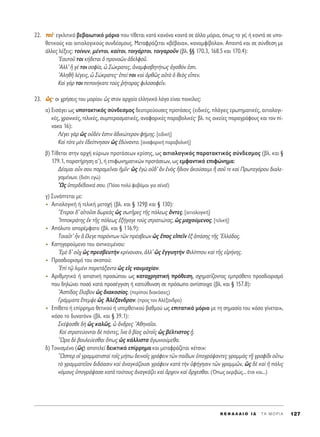 22. ÙÙÔÔ››Ø ÂÁÎÏÈÙÈÎﬁ ‚Â‚·ÈˆÙÈÎﬁ ÌﬁÚÈÔ Ô˘ Ù›ıÂÙ·È Î·Ù¿ Î·ÓﬁÓ· ÎÔÓÙ¿ ÛÂ ¿ÏÏ· ÌﬁÚÈ·, ﬁˆ˜ ÙÔ Á¤, ‹ ÎÔÓÙ¿ ÛÂ ˘Ô-
ıÂÙÈÎÔ‡˜ Î·È ·ÈÙÈÔÏÔÁÈÎÔ‡˜ Û˘Ó‰¤ÛÌÔ˘˜. ªÂÙ·ÊÚ¿˙ÂÙ·È «‚¤‚·È·», «·Ó·ÌÊ›‚ÔÏ·». ∞·ÓÙ¿ Î·È ÛÂ Û‡ÓıÂÛË ÌÂ
¿ÏÏÂ˜ Ï¤ÍÂÈ˜: ÙÔ›Ó˘Ó, Ì¤ÓÙÔÈ, Î·›ÙÔÈ, ÙÔÈÁ¿ÚÙÔÈ, ÙÔÈÁ·ÚÔÜÓ (‚Ï. ¨¨ 170.3, 168.5 Î·È 170.4):
^E·˘ÙÔÜ ÙÔÈ Î‹‰ÂÙ·È ï ÚÔÓÔáÓ à‰ÂÏÊÔÜ.
AÏÏ’ ≥ Á¤ ÙÔÈ ÛÔÊ›·, t ™ÒÎÚ·ÙÂ˜, àÓ·ÌÊÈÛ‚ËÙ‹Ùˆ˜ àÁ·ıﬁÓ âÛÙÈ.
AÏËıÉ Ï¤ÁÂÈ˜, t ™ÒÎÚ·ÙÂ˜Ø âÂ› ÙÔÈ Î·d çÚıá˜ ·éÙe ï ıÂe˜ ÂrÂÓ.
∫·d Á¿Ú ÙÔÈ ÂÔÈ‹Î·ÙÂ ÙÔf˜ ®‹ÙÔÚ·˜ ÊÈÏÔÛÔÊÂÖÓ.
23. óó˜˜Ø ÔÈ ¯Ú‹ÛÂÈ˜ ÙÔ˘ ÌÔÚ›Ô˘ ó˜ ÛÙÔÓ ·Ú¯·›Ô ÂÏÏËÓÈÎﬁ ÏﬁÁÔ Â›Ó·È ÔÈÎ›ÏÂ˜:
·) ∂ÈÛ¿ÁÂÈ ˆ˜ ˘ÔÙ·ÎÙÈÎﬁ˜ Û‡Ó‰ÂÛÌÔ˜ ‰Â˘ÙÂÚÂ‡Ô˘ÛÂ˜ ÚÔÙ¿ÛÂÈ˜ (ÂÈ‰ÈÎ¤˜, Ï¿ÁÈÂ˜ ÂÚˆÙËÌ·ÙÈÎ¤˜, ·ÈÙÈÔÏÔÁÈ-
Î¤˜, ¯ÚÔÓÈÎ¤˜, ÙÂÏÈÎ¤˜, Û˘ÌÂÚ·ÛÌ·ÙÈÎ¤˜, ·Ó·ÊÔÚÈÎ¤˜ ·Ú·‚ÔÏÈÎ¤˜Ø ‚Ï. ÙÈ˜ ÔÈÎÂ›Â˜ ·Ú·ÁÚ¿ÊÔ˘˜ Î·È ÙÔÓ ›-
Ó·Î· 16):
§¤ÁÂÈ ÁaÚ ó˜ Ôé‰¤Ó âÛÙÈÓ à‰ÈÎÒÙÂÚÔÓ Ê‹ÌË˜. [ÂÈ‰ÈÎ‹]
∫·d ÙﬁÙÂ ÌbÓ â‰Â›ÓËÛ·Ó ó˜ â‰‡Ó·ÓÙÔ. [·Ó·ÊÔÚÈÎ‹ ·Ú·‚ÔÏÈÎ‹]
‚) Δ›ıÂÙ·È ÛÙËÓ ·Ú¯‹ Î‡ÚÈˆÓ ÚÔÙ¿ÛÂˆÓ ÎÚ›ÛË˜, ˆ˜ ·ÈÙÈÔÏÔÁÈÎﬁ˜ ·Ú·Ù·ÎÙÈÎﬁ˜ Û‡Ó‰ÂÛÌÔ˜ (‚Ï. Î·È ¨
179.1, ·Ú·Ù‹ÚËÛË ·′), ‹ ÂÈÊˆÓËÌ·ÙÈÎÒÓ ÚÔÙ¿ÛÂˆÓ, ˆ˜ ÂÌÊ·ÓÙÈÎﬁ ÂÈÊÒÓËÌ·:
¢¤ÔÌ·È ÔsÓ ÛÔ˘ ·Ú·ÌÂÖÓ·È ìÌÖÓØ ó˜ âÁg Ôé‰’ iÓ ëÓe˜ ≥‰ÈÔÓ àÎÔ‡Û·ÈÌÈ j ÛÔÜ ÙÂ Î·d ¶ÚˆÙ·ÁﬁÚÔ˘ ‰È·ÏÂ-
ÁÔÌ¤ÓˆÓ. (‰ÈﬁÙÈ ÂÁÒ)
^ø˜ ñÂÚ‰¤‰ÔÈÎ¿ ÛÔ˘. (¶ﬁÛÔ ÔÏ‡ ÊÔ‚¿Ì·È ÁÈ· Û¤Ó·!)
Á) ™˘Ó¿ÙÂÙ·È ÌÂ:
∞ÈÙÈÔÏÔÁÈÎ‹ ‹ ÙÂÏÈÎ‹ ÌÂÙÔ¯‹ (‚Ï. Î·È ¨ 129‚ Î·È ¨ 130):
≠EÙÂÚÔÈ ‰’ ·åÙÔÜÛÈ ‰ˆÚÂa˜ ó˜ ÛˆÙÉÚÂ˜ ÙÉ˜ ﬁÏÂˆ˜ ùÓÙÂ˜. [·ÈÙÈÔÏÔÁÈÎ‹]
^IÔÎÚ¿ÙË˜ âÎ ÙÉ˜ ﬁÏÂˆ˜ âÍ‹Á·ÁÂ ÙÔf˜ ÛÙÚ·ÙÈÒÙ·˜, ó˜ Ì·¯Ô‡ÌÂÓÔ˜. [ÙÂÏÈÎ‹]
∞ﬁÏ˘ÙÔ ··Ú¤ÌÊ·ÙÔ (‚Ï. Î·È ¨ 116.9):
ΔÔÈ·ÜÙ’ qÓ L öÏÂÁÂ ·ÚﬁÓÙˆÓ ÙáÓ Ú¤Û‚ÂˆÓ ó˜ öÔ˜ ÂåÂÖÓ âÍ ê¿ÛË˜ ÙÉ˜ ^EÏÏ¿‰Ô˜.
∫·ÙËÁÔÚÔ‡ÌÂÓÔ ÙÔ˘ ·ÓÙÈÎÂÈÌ¤ÓÔ˘:
EÌb ‰’ Ôé¯ ó˜ ÚÂÛ‚Â˘ÙcÓ ÎÚ›ÓÔ˘ÛÈÓ, àÏÏ’ ó˜ âÁÁ˘ËÙcÓ ºÈÏ›Ô˘ Î·d ÙÉ˜ ÂåÚ‹ÓË˜.
¶ÚÔÛ‰ÈÔÚÈÛÌﬁ ÙÔ˘ ÛÎÔÔ‡:
Ed Ùˇá ÏÈÌ¤ÓÈ ·ÚÂÙ¿Í·ÓÙÔ ó˜ Âå˜ Ó·˘Ì·¯›·Ó.
∞ÚÈıÌËÙÈÎﬁ ‹ ·ÈÙÈ·ÙÈÎ‹ ÚÔÛÒÔ˘ ˆ˜ Î·Ù·¯ÚËÛÙÈÎ‹ ÚﬁıÂÛË, Û¯ËÌ·Ù›˙ÔÓÙ·˜ ÂÌÚﬁıÂÙÔ ÚÔÛ‰ÈÔÚÈÛÌﬁ
Ô˘ ‰ËÏÒÓÂÈ ÔÛﬁ Î·Ù¿ ÚÔÛ¤ÁÁÈÛË ‹ Î·ÙÂ‡ı˘ÓÛË ÛÂ ÚﬁÛˆÔ ·ÓÙ›ÛÙÔÈ¯· (‚Ï. Î·È ¨ 157.8):
AÛ›‰·˜ öÏ·‚ÔÓ ó˜ ‰È·ÎÔÛ›·˜. (ÂÚ›Ô˘ ‰È·ÎﬁÛÈÂ˜)
°Ú¿ÌÌ·Ù· öÂÌ„Â ó˜ AÏ¤Í·Ó‰ÚÔÓ. (ÚÔ˜ ÙÔÓ AÏ¤Í·Ó‰ÚÔ)
∂›ıÂÙÔ ‹ Â›ÚÚËÌ· ıÂÙÈÎÔ‡ ‹ ˘ÂÚıÂÙÈÎÔ‡ ‚·ıÌÔ‡ ˆ˜ ÂÈÙ·ÙÈÎﬁ ÌﬁÚÈÔ ÌÂ ÙË ÛËÌ·Û›· ÙÔ˘ «ﬁÛÔ Á›ÓÂÙ·È»,
«ﬁÛÔ ÙÔ ‰˘Ó·ÙﬁÓ» (‚Ï. Î·È ¨ 39.1):
™Î¤„·ÛıÂ ‰c ó˜ Î·Ïá˜, t ôÓ‰ÚÂ˜ AıËÓ·ÖÔÈ.
∫·d ÛÙÚ·ÙÂ‡ÔÓÙ·È ‰b ¿ÓÙÂ˜, ¥Ó· ï ‚›Ô˜ ·éÙÔÖ˜ ó˜ ‚¤ÏÙÈÛÙÔ˜ ÷q.
≠øÚ· ‰b ‚Ô˘ÏÂ‡ÂÛı·È ¬ˆ˜ ó˜ Î¿ÏÏÈÛÙ· àÁˆÓÈÔ‡ÌÂı·.
‰) ΔÔÓÈÛÌ¤ÓÔ (S˜) ·ÔÙÂÏÂ› ‰ÂÈÎÙÈÎﬁ Â›ÚÚËÌ· Î·È ÌÂÙ·ÊÚ¿˙ÂÙ·È «¤ÙÛÈ»:
≠øÛÂÚ Ôî ÁÚ·ÌÌ·ÙÈÛÙ·d ÙÔÖ˜ Ì‹ˆ ‰ÂÈÓÔÖ˜ ÁÚ¿ÊÂÈÓ ÙáÓ ·›‰ˆÓ ñÔÁÚ¿„·ÓÙÂ˜ ÁÚ·ÌÌa˜ Ù÷É ÁÚ·Ê›‰È Ô≈Ùˆ
Ùe ÁÚ·ÌÌ·ÙÂÖÔÓ ‰È‰ﬁ·ÛÈÓ Î·d àÓ·ÁÎ¿˙Ô˘ÛÈ ÁÚ¿ÊÂÈÓ Î·Ùa ÙcÓ ñÊ‹ÁËÛÈÓ ÙáÓ ÁÚ·ÌÌáÓ, S˜ ‰b Î·d ì ﬁÏÈ˜
ÓﬁÌÔ˘˜ ñÔÁÚ¿„·Û· Î·Ùa ÙÔ‡ÙÔ˘˜ àÓ·ÁÎ¿˙ÂÈ Î·d ôÚ¯ÂÈÓ Î·d ôÚ¯ÂÛı·È. (Ÿˆ˜ ·ÎÚÈ‚Ò˜... ¤ÙÛÈ Î·È...)
K E º ∞ § ∞ π O I ¢ ΄ T A M O P I A 127
 