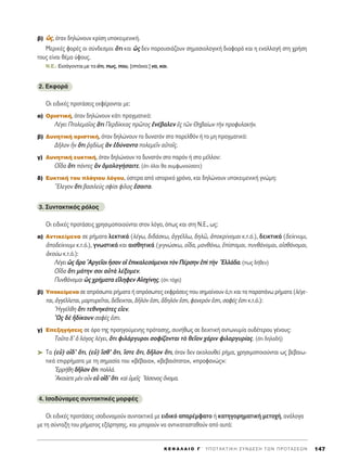 ‚) óó˜˜, ﬁÙ·Ó ‰ËÏÒÓÔ˘Ó ÎÚ›ÛË ˘ÔÎÂÈÌÂÓÈÎ‹.
ªÂÚÈÎ¤˜ ÊÔÚ¤˜ ÔÈ Û‡Ó‰ÂÛÌÔÈ ¬ÙÈ Î·È ó˜ ‰ÂÓ ·ÚÔ˘ÛÈ¿˙Ô˘Ó ÛËÌ·ÛÈÔÏÔÁÈÎ‹ ‰È·ÊÔÚ¿ Î·È Ë ÂÓ·ÏÏ·Á‹ ÛÙË ¯Ú‹ÛË
ÙÔ˘˜ Â›Ó·È ı¤Ì· ‡ÊÔ˘˜.
N.E.: EÈÛ¿ÁÔÓÙ·È ÌÂ Ù· ﬁÙÈ, ˆ˜, Ô˘, [Û¿ÓÈ·:] Ó·, Î·È.
2. EÎÊÔÚ¿
OÈ ÂÈ‰ÈÎ¤˜ ÚÔÙ¿ÛÂÈ˜ ÂÎÊ¤ÚÔÓÙ·È ÌÂ:
·) OÚÈÛÙÈÎ‹, ﬁÙ·Ó ‰ËÏÒÓÔ˘Ó Î¿ÙÈ Ú·ÁÌ·ÙÈÎﬁ:
§¤ÁÂÈ ¶ÙÔÏÂÌ·ÖÔ˜ ¬ÙÈ ¶ÂÚ‰›ÎÎ·˜ ÚáÙÔ˜ âÓ¤‚·ÏÂÓ â˜ ÙáÓ £Ë‚·›ˆÓ ÙcÓ ÚÔÊ˘Ï·Î‹Ó.
‚) ¢˘ÓËÙÈÎ‹ ÔÚÈÛÙÈÎ‹, ﬁÙ·Ó ‰ËÏÒÓÔ˘Ó ÙÔ ‰˘Ó·ÙﬁÓ ÛÙÔ ·ÚÂÏıﬁÓ ‹ ÙÔ ÌË Ú·ÁÌ·ÙÈÎﬁ:
¢ÉÏÔÓ qÓ ¬ÙÈ ®÷·‰›ˆ˜ iÓ â‰‡Ó·ÓÙÔ ÔÏÂÌÂÖÓ ·éÙÔÖ˜.
Á) ¢˘ÓËÙÈÎ‹ Â˘ÎÙÈÎ‹, ﬁÙ·Ó ‰ËÏÒÓÔ˘Ó ÙÔ ‰˘Ó·ÙﬁÓ ÛÙÔ ·ÚﬁÓ ‹ ÛÙÔ Ì¤ÏÏÔÓ:
√r‰· ¬ÙÈ ¿ÓÙÂ˜ iÓ ïÌÔÏÔÁ‹Û·ÈÙÂ. (ﬁÙÈ ﬁÏÔÈ ı· Û˘ÌÊˆÓÔ‡Û·ÙÂ)
‰) E˘ÎÙÈÎ‹ ÙÔ˘ Ï¿ÁÈÔ˘ ÏﬁÁÔ˘, ‡ÛÙÂÚ· ·ﬁ ÈÛÙÔÚÈÎﬁ ¯ÚﬁÓÔ, Î·È ‰ËÏÒÓÔ˘Ó ˘ÔÎÂÈÌÂÓÈÎ‹ ÁÓÒÌË:
òEÏÂÁÔÓ ¬ÙÈ ‚·ÛÈÏÂf˜ ÛÊ›ÛÈ Ê›ÏÔ˜ öÛÔÈÙÔ.
3. ™˘ÓÙ·ÎÙÈÎﬁ˜ ÚﬁÏÔ˜
OÈ ÂÈ‰ÈÎ¤˜ ÚÔÙ¿ÛÂÈ˜ ¯ÚËÛÈÌÔÔÈÔ‡ÓÙ·È ÛÙÔÓ ÏﬁÁÔ, ﬁˆ˜ Î·È ÛÙË N.E., ˆ˜:
·) ∞ÓÙÈÎÂ›ÌÂÓ· ÛÂ Ú‹Ì·Ù· ÏÂÎÙÈÎ¿ (Ï¤Áˆ, ‰È‰¿ÛÎˆ, àÁÁ¤ÏÏˆ, ‰ËÏá, àÔÎÚ›ÓÔÌ·È Î.Ù.ﬁ.), ‰ÂÈÎÙÈÎ¿ (‰Â›ÎÓ˘ÌÈ,
àÔ‰Â›ÎÓ˘ÌÈ Î.Ù.ﬁ.), ÁÓˆÛÙÈÎ¿ Î·È ·ÈÛıËÙÈÎ¿ (ÁÈÁÓÒÛÎˆ, Ôr‰·, Ì·Óı¿Óˆ, â›ÛÙ·Ì·È, ˘Óı¿ÓÔÌ·È, ·åÛı¿ÓÔÌ·È,
àÎÔ‡ˆ Î.Ù.ﬁ.):
§¤ÁÂÈ ó˜ ôÚ· AÚÁÂÖÔÈ qÛ·Ó Ôî âÈÎ·ÏÂÛ¿ÌÂÓÔÈ ÙeÓ ¶¤ÚÛËÓ âd ÙcÓ ^EÏÏ¿‰·. (ˆ˜ ‰‹ıÂÓ)
√r‰· ¬ÙÈ Ì¿ÙËÓ ÛÔÈ ·éÙa Ï¤ÍÔÌÂÓ.
¶˘Óı¿ÓÔÌ·È ó˜ ¯Ú‹Ì·Ù· ÂúÏËÊÂÓ AåÛ¯›ÓË˜. (ﬁÙÈ Ù¿¯·)
‚) ÀÔÎÂ›ÌÂÓ· ÛÂ ·ÚﬁÛˆ· Ú‹Ì·Ù· ‹ ·ÚﬁÛˆÂ˜ ÂÎÊÚ¿ÛÂÈ˜ Ô˘ ÛËÌ·›ÓÔ˘Ó ﬁ,ÙÈ Î·È Ù· ·Ú·¿Óˆ Ú‹Ì·Ù· (Ï¤ÁÂ-
Ù·È, àÁÁ¤ÏÏÂÙ·È, Ì·ÚÙ˘ÚÂÖÙ·È, ‰¤‰ÂÈÎÙ·È, ‰ÉÏﬁÓ âÛÙÈ, ô‰ËÏﬁÓ âÛÙÈ, Ê·ÓÂÚﬁÓ âÛÙÈ, Û·Ê¤˜ âÛÙÈ Î.Ù.ﬁ.):
HÁÁ¤ÏıË ¬ÙÈ ÙÂıÓËÎﬁÙÂ˜ ÂrÂÓ.
^ø˜ ‰b ä‰›ÎÔ˘Ó Û·Ê¤˜ âÛÙÈ.
Á) ∂ÂÍËÁ‹ÛÂÈ˜ ÛÂ ﬁÚÔ ÙË˜ ÚÔËÁÔ‡ÌÂÓË˜ ÚﬁÙ·ÛË˜, Û˘Ó‹ıˆ˜ ÛÂ ‰ÂÈÎÙÈÎ‹ ·ÓÙˆÓ˘Ì›· Ô˘‰¤ÙÂÚÔ˘ Á¤ÓÔ˘˜:
ΔÔÜÙÔ ‰’ ï ÏﬁÁÔ˜ Ï¤ÁÂÈ, ¬ÙÈ ÊÈÏ¿ÚÁ˘ÚÔÈ ÛÔÊ›˙ÔÓÙ·È Ùe ıÂÖÔÓ ¯¿ÚÈÓ ÊÈÏ·ÚÁ˘Ú›·˜. (ﬁÙÈ ‰ËÏ·‰‹)
➤ T· (Âs) Ôr‰’ ¬ÙÈ, (Âs) úÛı’ ¬ÙÈ, úÛÙÂ ¬ÙÈ, ‰ÉÏÔÓ ¬ÙÈ, ﬁÙ·Ó ‰ÂÓ ·ÎÔÏÔ˘ıÂ› Ú‹Ì·, ¯ÚËÛÈÌÔÔÈÔ‡ÓÙ·È ˆ˜ ‚Â‚·Èˆ-
ÙÈÎ¿ ÂÈÚÚ‹Ì·Ù· ÌÂ ÙË ÛËÌ·Û›· ÙÔ˘ «‚¤‚·È·», «‚Â‚·ÈﬁÙ·Ù·», «ÚÔÊ·ÓÒ˜»:
EÚÚ‹ıË ‰ÉÏÔÓ ¬ÙÈ ÔÏÏ¿.
AÎÔ‡ÂÙÂ ÌbÓ ÔsÓ Âs Ôr‰’ ¬ÙÈ Î·d ñÌÂÖ˜ I¿ÛÔÓÔ˜ ùÓÔÌ·.
4. IÛÔ‰‡Ó·ÌÂ˜ Û˘ÓÙ·ÎÙÈÎ¤˜ ÌÔÚÊ¤˜
√È ÂÈ‰ÈÎ¤˜ ÚÔÙ¿ÛÂÈ˜ ÈÛÔ‰˘Ó·ÌÔ‡Ó Û˘ÓÙ·ÎÙÈÎ¿ ÌÂ ÂÈ‰ÈÎﬁ ··Ú¤ÌÊ·ÙÔ ‹ Î·ÙËÁÔÚËÌ·ÙÈÎ‹ ÌÂÙÔ¯‹, ·Ó¿ÏÔÁ·
ÌÂ ÙË Û‡ÓÙ·ÍË ÙÔ˘ Ú‹Ì·ÙÔ˜ ÂÍ¿ÚÙËÛË˜, Î·È ÌÔÚÔ‡Ó Ó· ·ÓÙÈÎ·Ù·ÛÙ·ıÔ‡Ó ·ﬁ ·˘Ù¿:
K E º ∞ § ∞ π O ° ΄ Y ¶ O T A K T I K H ™ Y N ¢ E ™ H T ø N ¶ P O T A ™ E ø N 147
 