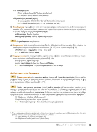 ñ TÔ Î·ÙËÁÔÚÔ‡ÌÂÓÔ:
M¤ÙÚÔÓ ·éÙˇá Ôé¯ ì „˘¯c àÏÏ’ ï ÓﬁÌÔ˜ âÛÙ›Ó. [Ì¤ÙÚÔÓ]
N.E.: EÛ‡ Â›Û·È ıÚ·Û‡˜Ø ÂÁÒ ‰ÂÓ Â›Ì·È. [ıÚ·Û‡˜]
ñ ¶ÂÚÈÛÛﬁÙÂÚÔ˘˜ ÙÔ˘ ÂÓﬁ˜ ﬁÚÔ˘˜:
^O ÌbÓ ÔsÓ Ê·ÜÏÔ˜ Ê›Ï·˘Ùﬁ˜ âÛÙÈÓØ àÏÏ’ Ôé¯ ï ÛÔ˘‰·ÖÔ˜. [Ê›Ï·˘Ùﬁ˜ âÛÙÈ]
N.E.: — M·Ú›·, ı· ¤ÚıÂÈ˜ Ì·˙› Ì·˜; — Ÿ¯È. [‰Â ı· ¤Úıˆ Ì·˙› Û·˜]
‰) E·˘ÍËÌ¤ÓÂ˜Ø ÂÚÈÏ·Ì‚¿ÓÔ˘Ó ÂÎÙﬁ˜ ·ﬁ ÙÔ˘˜ Î‡ÚÈÔ˘˜ ﬁÚÔ˘˜ Î·È ‰Â˘ÙÂÚÂ‡ÔÓÙÂ˜. OÈ ‰Â˘ÙÂÚÂ‡ÔÓÙÂ˜ ·˘ÙÔ›
ﬁÚÔÈ Â›Ó·È Ï¤ÍÂÈ˜ Ô˘ Û˘ÌÏËÚÒÓÔ˘Ó ÙËÓ ¤ÓÓÔÈ· ÙˆÓ Î‡ÚÈˆÓ ﬁÚˆÓ, ÚÔÎÂÈÌ¤ÓÔ˘ ÙÔ ÂÚÈÂ¯ﬁÌÂÓÔ ÙË˜ ÚﬁÙ·ÛË˜
Ó· Á›ÓÂÈ ÈÔ Û·Ê¤˜, Î·È ÔÓÔÌ¿˙ÔÓÙ·È ÚÔÛ‰ÈÔÚÈÛÌÔ›:
·Ï‹ ÚﬁÙ·ÛË: ¢·ÚÂÖÔ˜ àÂ¯ÒÚÂÈ.
Â·˘ÍËÌ¤ÓË ÚﬁÙ·ÛË: ¢·ÚÂÖÔ˜ ï ‚·ÛÈÏÂf˜ àÂ¯ÒÚÂÈ.
√È ÚÔÛ‰ÈÔÚÈÛÌÔ› ‰È·ÎÚ›ÓÔÓÙ·È ÛÂ:
·) OÓÔÌ·ÙÈÎÔ‡˜Ø Â›Ó·È ÔÓﬁÌ·Ù· (Ô˘ÛÈ·ÛÙÈÎ¿, Â›ıÂÙ·) ‹ ¿ÏÏ· Ì¤ÚË ÙÔ˘ ÏﬁÁÔ˘ Ô˘ ¤¯Ô˘Ó ı¤ÛË ÔÓﬁÌ·ÙÔ˜ Î·È
ÚÔÛ‰ÈÔÚ›˙Ô˘Ó ÔÓﬁÌ·Ù·. ¢È·ÎÚ›ÓÔÓÙ·È ÛÂ ÔÌÔÈﬁÙˆÙÔ˘˜ (‚Ï. ¨ 22) Î·È ÛÂ ÂÙÂÚﬁÙˆÙÔ˘˜ (‚Ï. ¨ 30):
Ôî ·Ï·ÈÔd ÓﬁÌÔÈ – Ùa˜ ÌÂÁ¿Ï·˜ ﬁÏÂÈ˜ – ôÍÈÔ˜ ÙÈÌÉ˜
N.E.: ÙÔ ÌÈÎÚﬁ ·È‰› – ·Ó¿ÍÈÔ˜ ÏﬁÁÔ˘
‚) ∂ÈÚÚËÌ·ÙÈÎÔ‡˜Ø Â›Ó·È ÂÈÚÚ‹Ì·Ù· ‹ ¿ÏÏ· Ì¤ÚË ÙÔ˘ ÏﬁÁÔ˘, ÂÎÊÚ¿ÛÂÈ˜ ‹ Î·È ÔÏﬁÎÏËÚÂ˜ ÚÔÙ¿ÛÂÈ˜ ÌÂ ÂÈÚÚË-
Ì·ÙÈÎ‹ ÛËÌ·Û›· Î·È ÚÔÛ‰ÈÔÚ›˙Ô˘Ó Î˘Ú›ˆ˜ Ú‹Ì·Ù· (‚Ï. ¨ 144):
∂r‰Â ÙcÓ Á˘Ó·ÖÎ· ¯·Ì·d Î·ıËÌ¤ÓËÓ.
¢·ÚÂÖÔ˜ ·Úa Ùa ùÚË ÙáÓ AÚÌÂÓ›ˆÓ õÏ·˘ÓÂÓ âd MË‰›·˜.
N.E.: ñ ∫Ô›Ù·˙Â ·ÔÚËÌ¤Ó·. ñ ¶ÂÚ·ÙÔ‡ÛÂ ÌÂ ‰˘ÛÎÔÏ›·. ñ ¶¿ˆ Ó· ·›Íˆ.
OI ∂PøTHMATIKE™ ¶POTA™EI™
√È ÂÚˆÙËÌ·ÙÈÎ¤˜ Â›Ó·È ÚÔÙ¿ÛÂÈ˜ ÎÚ›ÛË˜ (¿ÚÓËÛË Ôé) ‹ ÚÔÙ¿ÛÂÈ˜ ÂÈı˘Ì›·˜ (¿ÚÓËÛË Ìc) ÛÂ
ÌÔÚÊ‹ ÂÚÒÙËÛË˜. ø˜ ÚÔ˜ ÙË Û¯¤ÛË ÙÔ˘˜ ÌÂ ¿ÏÏÂ˜ ÚÔÙ¿ÛÂÈ˜ ‰È·ÎÚ›ÓÔÓÙ·È ÛÂ Î‡ÚÈÂ˜ (Â˘ıÂ›Â˜ ÂÚˆÙ‹ÛÂÈ˜, ‚Ï. ¨ 5)
Î·È ÛÂ ‰Â˘ÙÂÚÂ‡Ô˘ÛÂ˜ (Ï¿ÁÈÂ˜ ÂÚˆÙ‹ÛÂÈ˜, ‚Ï. ¨ 177).
∂˘ıÂ›Â˜ ÂÚˆÙËÌ·ÙÈÎ¤˜ ÚÔÙ¿ÛÂÈ˜ ‹ ·ÏÏÈÒ˜ Â˘ıÂ›Â˜ ÂÚˆÙ‹ÛÂÈ˜ Ï¤ÁÔÓÙ·È ÔÈ Î‡ÚÈÂ˜ ÚÔÙ¿ÛÂÈ˜ ÌÂ ÙÈ˜
ÔÔ›Â˜ ÌÈ· ÂÚÒÙËÛË ‰È·Ù˘ÒÓÂÙ·È ¿ÌÂÛ· ·ﬁ ·˘ÙﬁÓ Ô˘ ÙËÓ ˘Ô‚¿ÏÏÂÈ. √È ÂÚˆÙ‹ÛÂÈ˜ ÌÂ ÙÈ˜ ÔÔ›Â˜ Ô ÂÚˆÙÒÓ ˙ËÙÂ›
Ú¿ÁÌ·ÙÈ Ó· Ì¿ıÂÈ Î¿ÙÈ ÔÓÔÌ¿˙ÔÓÙ·È Ú·ÁÌ·ÙÈÎ¤˜. ∞ÓÙ›ıÂÙ·, ÔÈ ÂÚˆÙ‹ÛÂÈ˜ ÙˆÓ ÔÔ›ˆÓ ÙÔ ÂÚÈÂ¯ﬁÌÂÓÔ ‰Â ‰ËÏÒÓÂÈ
Ú·ÁÌ·ÙÈÎ‹ ¿ÁÓÔÈ·, ·ÏÏ¿ ‰È·Ù˘ÒÓÔÓÙ·È ÁÈ· Ó· ‰ÔıÂ› ˙ˆËÚﬁÙËÙ· Î·È ¤ÌÊ·ÛË ÛÙÔÓ ÏﬁÁÔ, ÔÓÔÌ¿˙ÔÓÙ·È ÚËÙÔÚÈÎ¤˜
1
:
Δ›˜ àÓ‰ÚáÓ qÓ ï ÙÔÏÌ‹Û·˜ Ù¿‰Â; [Ú·ÁÌ·ÙÈÎ‹]
Δ›ÓÈ ÁaÚ iÓ ﬁÏÈ˜ àÚ¤ÛÎÔÈ ôÓÂ˘ ÓﬁÌˆÓ; [ÚËÙÔÚÈÎ‹]
N.E.: ñ ΔÈ ı¤ÏÂÙÂ; [Ú·ÁÌ·ÙÈÎ‹] ñ ¶ÔÈÔ˜ ‰ÂÓ ÂÈı˘ÌÂ› ÙËÓ ÂÈÚ‹ÓË; [ÚËÙÔÚÈÎ‹]
¨ 5
¨ 4
¨ 3
K E º ∞ § ∞ π O ∞ ΄ Δ ∞ ∂ π ¢ ∏ Δ ø ¡ ¶ ƒ O Δ ∞ ™ ∂ ø ¡ 15
1. ŸÙ·Ó ÔÈ ÚËÙÔÚÈÎ¤˜ ÂÚˆÙ‹ÛÂÈ˜ Â›Ó·È ·ÔÊ·ÙÈÎ¤˜, ‰ËÏÒÓÔ˘Ó ¤ÓÙÔÓË ÚÔÙÚÔ‹, ·Ú¿ÎÏËÛË, ÚÔÛÙ·Á‹, ‚Â‚·›ˆÛË, ÂÓÒ, ﬁÙ·Ó Â›Ó·È Î·Ù·-
Ê·ÙÈÎ¤˜, ‰ËÏÒÓÔ˘Ó ¤ÓÙÔÓË ¿ÚÓËÛË, ·Ô‰ÔÎÈÌ·Û›·, ··ÁﬁÚÂ˘ÛË ‹ ˘ﬁıÂÛË:
√éÎ â¯ıÚe˜ º›ÏÈÔ˜; √é ‚¿Ú‚·ÚÔ˜; [¤ÓÙÔÓË ‚Â‚·›ˆÛË]
Δ›Ó· ÁaÚ ¯ÚﬁÓÔÓ ÙÔÜ ·ÚﬁÓÙÔ˜ ‚ÂÏÙ›ˆ ˙ËÙÂÖÙÂ; [¤ÓÙÔÓË ¿ÚÓËÛË]
 