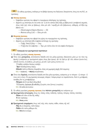 √È Â˘ıÂ›Â˜ ÂÚˆÙ‹ÛÂÈ˜, ·Ó¿ÏÔÁ· ÌÂ ÙÔÓ ‚·ıÌﬁ ¿ÁÓÔÈ·˜ Ô˘ ‰ËÏÒÓÔ˘Ó, ‰È·ÎÚ›ÓÔÓÙ·È, ﬁˆ˜ Î·È ÛÙË ¡.∂., ÛÂ
ÚÔÙ¿ÛÂÈ˜:
·) OÏÈÎ‹˜ ¿ÁÓÔÈ·˜:
∂ÎÊÚ¿˙Ô˘Ó ÂÚÒÙËÛË Ô˘ ·ÊÔÚ¿ ÙÔ ÂÚÈÂ¯ﬁÌÂÓÔ ÔÏﬁÎÏËÚË˜ ÙË˜ ÚﬁÙ·ÛË˜.
¢¤¯ÔÓÙ·È ˆ˜ ·¿ÓÙËÛË Â›ÙÂ ¤Ó· ·Ïﬁ Ó·d ‹ Ôé Â›ÙÂ Î¿ÔÈ· ¿ÏÏË Ï¤ÍË ÌÂ ‚Â‚·ÈˆÙÈÎ‹ ‹ ·ÔÊ·ÙÈÎ‹ ÛËÌ·Û›·,
ﬁˆ˜ ÔÏ‡ (ÁÂ), ¿Ó˘ ÁÂ (‚Â‚·›ˆ˜), ¿Ó˘ ÌbÓ ÔsÓ / ÎÔÌÈ‰÷É ÌbÓ ÔsÓ (‚Â‚·ÈﬁÙ·Ù·), Ôé‰·Ìá˜, Ôé ‰ÉÙ· (ﬁ¯È
‚¤‚·È·) Î.¿.:
— √éÎÔÜÓ „˘¯c Ôé ‰¤¯ÂÙ·È ı¿Ó·ÙÔÓ; — √û.
— º·›ÓÂÙ·È Ô≈Ùˆ˜ j Ôû; — ¶¿Ó˘ ÌbÓ ÔsÓ.
‚) ªÂÚÈÎ‹˜ ¿ÁÓÔÈ·˜:
∂ÎÊÚ¿˙Ô˘Ó ÂÚÒÙËÛË Ô˘ ·ÊÔÚ¿ ¤Ó· Ì¤ÚÔ˜ ÙÔ˘ ÂÚÈÂ¯ÔÌ¤ÓÔ˘ ÙË˜ ÚﬁÙ·ÛË˜.
¢¤¯ÔÓÙ·È ˆ˜ ·¿ÓÙËÛË Ï¤ÍË ‹ ÊÚ¿ÛË ·ÓÙ›ÛÙÔÈ¯Ë ÙË˜ ÂÚÒÙËÛË˜:
— Δ› Ê÷‹˜; AÛÙˇá j Í¤Óˇˆ; — •¤Óˇˆ.
— Δ› ìÁ÷É ÂrÓ·È ÙeÓ ÛÔÊÈÛÙ‹Ó; — EÁg ÌbÓ ÙÔÜÙÔÓ ÂrÓ·È ÙeÓ ÙáÓ ÛÔÊáÓ âÈÛÙ‹ÌÔÓ·.
∂ÈÛ·ÁˆÁ‹ ÙˆÓ ÂÚˆÙËÌ·ÙÈÎÒÓ ÚÔÙ¿ÛÂˆÓ
1. √È Â˘ıÂ›Â˜ ÂÚˆÙ‹ÛÂÈ˜ ÔÏÈÎ‹˜ ¿ÁÓÔÈ·˜:
·) ŸÙ·Ó Â›Ó·È ÌÔÓÔÌÂÏÂ›˜, ·ÔÙÂÏÔ‡ÓÙ·È ‰ËÏ·‰‹ ·ﬁ ¤Ó· Ì¤ÏÔ˜-ÂÚÒÙËÛË, ‰ËÏÒÓÔÓÙ·È ÌﬁÓÔ ÌÂ ÙÔÓ ÙﬁÓÔ ÙË˜
ÊˆÓ‹˜ ‹ ÂÈÛ¿ÁÔÓÙ·È ÌÂ ÂÚˆÙËÌ·ÙÈÎ¿ ÌﬁÚÈ·, ﬁˆ˜ pÚ· (¿Ú·ÁÂ), pÚ’ Ôé, pÚ¿ ÁÂ, pÚ’ ÔsÓ, ÔûÎÔ˘Ó (ÏÔÈﬁÓ ‰ÂÓ),
ÔéÎÔÜÓ (ÏÔÈﬁÓ), q (·Ï‹ıÂÈ·), Ìc (Ì‹ˆ˜), Ìc ÔsÓ / ÌáÓ (Ì‹ˆ˜ ÏÔÈﬁÓ) Î.¿.:
^O çÚıá˜ ÎÔÏ¿˙ˆÓ ‰ÈÎ·›ˆ˜ ÎÔÏ¿˙ÂÈ;
oAÚ· §·ÎÂ‰·ÈÌÔÓ›Ô˘˜ Ï¤ÁÂÈ˜;
√éÎÔÜÓ ÙÔÜÙﬁ ÁÂ ı¿Ó·ÙÔ˜ çÓÔÌ¿˙ÂÙ·È, Ï‡ÛÈ˜ Î·d ¯ˆÚÈÛÌe˜ „˘¯É˜ àe ÛÒÌ·ÙÔ˜;
N.E.: ñ ¢È¿‚·ÛÂ˜; ñ ª‹ˆ˜ ÎÔ˘Ú¿ÛÙËÎÂ˜;
‚) ŸÙ·Ó Â›Ó·È ‰ÈÌÂÏÂ›˜, ·ÔÙÂÏÔ‡ÓÙ·È ‰ËÏ·‰‹ ·ﬁ ‰‡Ô Ì¤ÏË-ÂÚˆÙ‹ÛÂÈ˜, ÂÈÛ¿ÁÔÓÙ·È ÌÂ Ù· ﬁÙÂÚÔÓ - õ, ﬁÙÂÚ· - j
(ÔÈÔ ·ﬁ Ù· ‰‡Ô;). √È ÂÚˆÙËÌ·ÙÈÎ¤˜ ·ÓÙˆÓ˘Ì›Â˜ ﬁÙÂÚÔÓ / ﬁÙÂÚ· ÌÔÚÂ› Ó· ·Ú·ÏÂ›ÔÓÙ·È. ∫·Ù¿ ÙË ÌÂÙ¿ÊÚ·ÛË
Û˘Ó‹ıˆ˜ ‰ÂÓ ÙÈ˜ ÌÂÙ·ÊÚ¿˙Ô˘ÌÂ:
¶ﬁÙÂÚÔÓ ÔsÓ öÙÈ ÛÔÈ ‰ÔÎÂÖ Ô≈Ùˆ˜ j Ôû;
oø ™ÒÎÚ·ÙÂ˜, âÁÚ‹ÁÔÚ·˜ j Î·ıÂ‡‰ÂÈ˜; (™ˆÎÚ¿ÙË, Â›Û·È Í‡ÓÈÔ˜ ‹ ÎÔÈÌ¿Û·È;)
N.E.: £· ¤ÚıÂÈ˜ ‹ Ó· Ê‡Áˆ;
2. √È Â˘ıÂ›Â˜ ÂÚˆÙ‹ÛÂÈ˜ ÌÂÚÈÎ‹˜ ¿ÁÓÔÈ·˜ Â›Ó·È ¿ÓÙÔÙÂ ÌÔÓÔÌÂÏÂ›˜ Î·È ÂÈÛ¿ÁÔÓÙ·È ÌÂ:
·) ∂ÚˆÙËÌ·ÙÈÎ¤˜ ·ÓÙˆÓ˘Ì›Â˜, ﬁˆ˜ Ù›˜, ﬁÛÔ˜, ÔÖÔ˜, Ô‰·ﬁ˜, ËÏ›ÎÔ˜, ﬁÙÂÚÔ˜, ﬁÛÙÔ˜, ÔÛÙ·ÖÔ˜:
¶ﬁÛÔÈ ÔsÓ ÂåÛÈÓ Ôî ‰‡Ô ‰d˜ ﬁ‰Â˜;
Δ› âÛÙÈ ÚﬁÙ·ÛÈ˜;
N.E.: ¶ÔÈÔ˜ ÌÈÏ¿ÂÈ;
‚) ∂ÚˆÙËÌ·ÙÈÎ¿ ÂÈÚÚ‹Ì·Ù·, ﬁˆ˜ ÔÜ, á˜, ﬁÙÂ, ËÓ›Î·, ﬁıÂÓ, ﬁÛÔÓ, ÷É, ÔÖ:
¶á˜ ‰‹, t ™ÒÎÚ·ÙÂ˜, ÙÔÜÙÔ Ï¤ÁÂÈ˜;
¶ﬁıÂÓ ÔsÓ Ù·ÜÙ· Ì¿ıÔÈÌÂÓ ôÓ;
N.E.: ¶ﬁÙÂ ı· Ù· Ô‡ÌÂ;
¨ 7
¨ 6
M E ƒ O ™ ¶ ƒ ø Δ O ∏ ¶ ƒ O Δ ∞ ™ ∏ ∫ ∞ π O π O ƒ O π Δ ∏ ™16
 