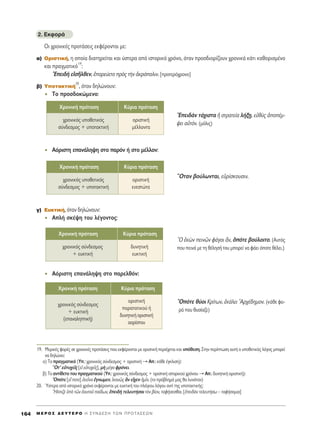 2. ∂ÎÊÔÚ¿
OÈ ¯ÚÔÓÈÎ¤˜ ÚÔÙ¿ÛÂÈ˜ ÂÎÊ¤ÚÔÓÙ·È ÌÂ:
·) OÚÈÛÙÈÎ‹, Ë ÔÔ›· ‰È·ÙËÚÂ›Ù·È Î·È ‡ÛÙÂÚ· ·ﬁ ÈÛÙÔÚÈÎﬁ ¯ÚﬁÓÔ, ﬁÙ·Ó ÚÔÛ‰ÈÔÚ›˙Ô˘Ó ¯ÚÔÓÈÎ¿ Î¿ÙÈ Î·ıÔÚÈÛÌ¤ÓÔ
Î·È Ú·ÁÌ·ÙÈÎﬁ
19
:
EÂÈ‰c ÂåÛÉÏıÂÓ, âÔÚÂ‡ÂÙÔ Úe˜ ÙcÓ àÎÚﬁÔÏÈÓ. [ÚÔÙÂÚﬁ¯ÚÔÓÔ]
‚) ÀÔÙ·ÎÙÈÎ‹
20
, ﬁÙ·Ó ‰ËÏÒÓÔ˘Ó:
ñ ΔÔ ÚÔÛ‰ÔÎÒÌÂÓÔ:
ñ AﬁÚÈÛÙË Â·Ó¿ÏË„Ë ÛÙÔ ·ÚﬁÓ ‹ ÛÙÔ Ì¤ÏÏÔÓ:
Á) ∂˘ÎÙÈÎ‹, ﬁÙ·Ó ‰ËÏÒÓÔ˘Ó:
ñ AÏ‹ ÛÎ¤„Ë ÙÔ˘ Ï¤ÁÔÓÙÔ˜:
ñ AﬁÚÈÛÙË Â·Ó¿ÏË„Ë ÛÙÔ ·ÚÂÏıﬁÓ:
M E ƒ O ™ ¢ E Y T E P O H ™ Y N ¢ E ™ H T ø N ¶ P O T A ™ E ø N164
ÃÚÔÓÈÎ‹ ÚﬁÙ·ÛË ∫‡ÚÈ· ÚﬁÙ·ÛË
¯ÚÔÓÈÎﬁ˜ ˘ÔıÂÙÈÎﬁ˜ ÔÚÈÛÙÈÎ‹
Û‡Ó‰ÂÛÌÔ˜ + ˘ÔÙ·ÎÙÈÎ‹ Ì¤ÏÏÔÓÙ·
EÂÈ‰aÓ Ù¿¯ÈÛÙ· ì ÛÙÚ·ÙÂ›· Ï‹ÍFË, Âéıf˜ àÔ¤Ì-
„ÂÈ ·éÙﬁÓ. (ÌﬁÏÈ˜)
ÃÚÔÓÈÎ‹ ÚﬁÙ·ÛË ∫‡ÚÈ· ÚﬁÙ·ÛË
¯ÚÔÓÈÎﬁ˜ ˘ÔıÂÙÈÎﬁ˜ ÔÚÈÛÙÈÎ‹
Û‡Ó‰ÂÛÌÔ˜ + ˘ÔÙ·ÎÙÈÎ‹ ÂÓÂÛÙÒÙ·
≠OÙ·Ó ‚Ô‡ÏˆÓÙ·È, ÂñÚ›ÛÎÔ˘ÛÈÓ.
ÃÚÔÓÈÎ‹ ÚﬁÙ·ÛË ∫‡ÚÈ· ÚﬁÙ·ÛË
¯ÚÔÓÈÎﬁ˜ Û‡Ó‰ÂÛÌÔ˜ ‰˘ÓËÙÈÎ‹
+ Â˘ÎÙÈÎ‹ Â˘ÎÙÈÎ‹
^O ëÎgÓ ÂÈÓáÓ Ê¿ÁÔÈ ôÓ, ïﬁÙÂ ‚Ô‡ÏÔÈÙÔ. (A˘Ùﬁ˜
Ô˘ ÂÈÓ¿ ÌÂ ÙË ı¤ÏËÛ‹ ÙÔ˘ ÌÔÚÂ› Ó· Ê¿ÂÈ ﬁÔÙÂ ı¤ÏÂÈ.)
19. ªÂÚÈÎ¤˜ ÊÔÚ¤˜ ÛÂ ¯ÚÔÓÈÎ¤˜ ÚÔÙ¿ÛÂÈ˜ Ô˘ ÂÎÊ¤ÚÔÓÙ·È ÌÂ ÔÚÈÛÙÈÎ‹ ÂÚÈ¤¯ÂÙ·È Î·È ˘ﬁıÂÛË. ™ÙËÓ ÂÚ›ÙˆÛË ·˘Ù‹ Ô ˘ÔıÂÙÈÎﬁ˜ ÏﬁÁÔ˜ ÌÔÚÂ›
Ó· ‰ËÏÒÓÂÈ:
·) TÔ Ú·ÁÌ·ÙÈÎﬁ (À.: ¯ÚÔÓÈÎﬁ˜ Û‡Ó‰ÂÛÌÔ˜ + ÔÚÈÛÙÈÎ‹ → ∞.: Î¿ıÂ ¤ÁÎÏÈÛË):
≠OÙ’ ÂéÙ˘¯ÂÖ˜ [Âå ÂéÙ˘¯ÂÖ˜], Ìc Ì¤Á· ÊÚﬁÓÂÈ.
‚) ΔÔ ·ÓÙ›ıÂÙÔ ÙÔ˘ Ú·ÁÌ·ÙÈÎÔ‡ (À.: ¯ÚÔÓÈÎﬁ˜ Û‡Ó‰ÂÛÌÔ˜ + ÔÚÈÛÙÈÎ‹ ÈÛÙÔÚÈÎÔ‡ ¯ÚﬁÓÔ˘ → ∞.: ‰˘ÓËÙÈÎ‹ ÔÚÈÛÙÈÎ‹):
^OﬁÙÂ [Âú ÔÙÂ] âÎÂÖÓÔ öÁÓˆÌÂÓ, îÎ·Óá˜ iÓ Âr¯ÂÓ ìÌÖÓ. (ÙÔ Úﬁ‚ÏËÌ¿ Ì·˜ ı· Ï˘ÓﬁÙ·Ó)
20. ⁄ÛÙÂÚ· ·ﬁ ÈÛÙÔÚÈÎﬁ ¯ÚﬁÓÔ ÂÎÊ¤ÚÔÓÙ·È ÌÂ Â˘ÎÙÈÎ‹ ÙÔ˘ Ï¿ÁÈÔ˘ ÏﬁÁÔ˘ ·ÓÙ› ÙË˜ ˘ÔÙ·ÎÙÈÎ‹˜:
òHÏÈ˙Â ñe ÙáÓ ë·˘ÙÔÜ ·›‰ˆÓ, âÂÈ‰c ÙÂÏÂ˘Ù‹Û·È ÙeÓ ‚›ÔÓ, Ù·Ê‹ÛÂÛı·È. [âÂÈ‰aÓ ÙÂÏÂ˘Ù‹Ûˆ – Ù·Ê‹ÛÔÌ·È]
ÃÚÔÓÈÎ‹ ÚﬁÙ·ÛË ∫‡ÚÈ· ÚﬁÙ·ÛË
¯ÚÔÓÈÎﬁ˜ Û‡Ó‰ÂÛÌÔ˜
+ Â˘ÎÙÈÎ‹
(Â·Ó·ÏËÙÈÎ‹)
ÔÚÈÛÙÈÎ‹
·Ú·Ù·ÙÈÎÔ‡ ‹
‰˘ÓËÙÈÎ‹ ÔÚÈÛÙÈÎ‹
·ÔÚ›ÛÙÔ˘
^OﬁÙÂ ı‡ÔÈ ∫Ú›ÙˆÓ, âÎ¿ÏÂÈ AÚ¯¤‰ËÌÔÓ. (Î¿ıÂ ÊÔ-
Ú¿ Ô˘ ı˘Û›·˙Â)
 
