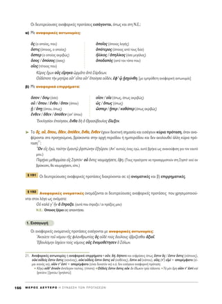 OÈ ‰Â˘ÙÂÚÂ‡Ô˘ÛÂ˜ ·Ó·ÊÔÚÈÎ¤˜ ÚÔÙ¿ÛÂÈ˜ ÂÈÛ¿ÁÔÓÙ·È, ﬁˆ˜ Î·È ÛÙË ¡.∂.:
·) MÂ ·Ó·ÊÔÚÈÎ¤˜ ·ÓÙˆÓ˘Ì›Â˜:
n˜ (Ô ÔÔ›Ô˜, Ô˘) ïÔÖÔ˜ (ﬁÔÈ·˜ ÏÔÁ‹˜)
¬ÛÙÈ˜ (ﬁÔÈÔ˜, Ô ÔÔ›Ô˜) ïﬁÙÂÚÔ˜ (ﬁÔÈÔ˜ ·ﬁ ÙÔ˘˜ ‰‡Ô)
¬ÛÂÚ (Ô ÔÔ›Ô˜ ·ÎÚÈ‚Ò˜) ìÏ›ÎÔ˜ / ïËÏ›ÎÔ˜ (ﬁÛÔ ÌÂÁ¿ÏÔ˜)
¬ÛÔ˜ / ïﬁÛÔ˜ (ﬁÛÔ˜) ïÔ‰·e˜ (·ﬁ ÙÔÓ ÙﬁÔ Ô˘)
ÔxÔ˜ (Ù¤ÙÔÈÔ˜ Ô˘)
∫ÜÚÔ˜ ö¯ˆÓ ÔR˜ ÂúÚËÎ· óÚÌÄÙÔ àe ™¿Ú‰ÂˆÓ.
Oé‰¤ÔÙÂ ÙcÓ ÌËÙ¤Ú· ÔûÙ’ Âr· ÔûÙ’ âÔ›ËÛ· Ôé‰¤Ó, âÊ’ ˇz FäÛ¯‡ÓıË. [ÌÂ ÂÌÚﬁıÂÙË ·Ó·ÊÔÚÈÎ‹ ·ÓÙˆÓ˘Ì›·]
‚) MÂ ·Ó·ÊÔÚÈÎ¿ ÂÈÚÚ‹Ì·Ù·:
¬ÛÔÓ / ¬Ûˇˆ (ﬁÛÔ) ÔxÔÓ / Ôx· (ﬁˆ˜, ﬁˆ˜ ·ÎÚÈ‚Ò˜)
Ôy / ¬Ô˘ / öÓı· / ¬ÔÈ (ﬁÔ˘) ó˜ / ¬ˆ˜ (ﬁˆ˜)
Fw / ¬FË (ﬁÔ˘, ﬁˆ˜) œÛÂÚ / FwÂÚ / Î·ı¿ÂÚ (ﬁˆ˜ ·ÎÚÈ‚Ò˜)
öÓıÂÓ / ¬ıÂÓ / ïﬁıÂÓ (·’ ﬁÔ˘)
EÎÎÏËÛ›·Ó âÔ›ËÛ·Ó, öÓı· ‰c ï £Ú·Û‡‚Ô˘ÏÔ˜ öÏÂÍÂÓ.
➤ Δ· ¬¬˜˜, ÔÔyy, ¬¬ÔÔ˘˘, ¬¬ııÂÂÓÓ, ïïﬁﬁııÂÂÓÓ, ööÓÓıı··, ööÓÓııÂÂÓÓ ¤¯Ô˘Ó ‰ÂÈÎÙÈÎ‹ ÛËÌ·Û›· Î·È ÂÈÛ¿ÁÔ˘Ó Î‡ÚÈ· ÚﬁÙ·ÛË, ﬁÙ·Ó ·Ó·-
Ê¤ÚÔÓÙ·È ÛÙ· ÚÔËÁÔ‡ÌÂÓ·, ‚Ú›ÛÎÔÓÙ·È ÛÙËÓ ·Ú¯‹ ÂÚÈﬁ‰Ô˘ ‹ ËÌÈÂÚÈﬁ‰Ô˘ Î·È ‰ÂÓ ·ÎÔÏÔ˘ıÂ› ¿ÏÏË Î‡ÚÈ· Úﬁ-
Ù·ÛË
21
:
uøÓ Âx˜ âÁÒ, Ù·‡ÙËÓ âÌ·˘Ù÷á ®÷·ÛÙÒÓËÓ âÍËÜÚÔÓ. (A’ ·˘ÙÔ‡˜ ¤Ó·˜ ÂÁÒ, ·˘Ùﬁ ‚Ú‹Î· ˆ˜ ·Ó·ÎÔ‡ÊÈÛË ÁÈ· ÙÔÓ Â·˘Ùﬁ
ÌÔ˘.)
¶·ÚF‹ÓÂÈ ÌÂıÔÚÌ›Û·È Âå˜ ™ËÛÙﬁÓØ Ôy ùÓÙÂ˜ Ó·˘Ì·¯‹ÛÂÙÂ, öÊË. (TÔ˘˜ ÚÔ¤ÙÚÂÂ Ó· ÚÔÛÔÚÌÈÛÙÔ‡Ó ÛÙË ™ËÛÙﬁØ ÂÎÂ› ·Ó
‚Ú›ÛÎÂÛÙÂ, ı· Ó·˘Ì·¯‹ÛÂÙÂ, Â›Â.)
√È ‰Â˘ÙÂÚÂ‡Ô˘ÛÂ˜ ·Ó·ÊÔÚÈÎ¤˜ ÚÔÙ¿ÛÂÈ˜ ‰È·ÎÚ›ÓÔÓÙ·È ÛÂ: ·) ÔÓÔÌ·ÙÈÎ¤˜ Î·È ‚) ÂÈÚÚËÌ·ÙÈÎ¤˜.
∞Ó·ÊÔÚÈÎ¤˜ ÔÓÔÌ·ÙÈÎ¤˜ ÔÓÔÌ¿˙ÔÓÙ·È ÔÈ ‰Â˘ÙÂÚÂ‡Ô˘ÛÂ˜ ·Ó·ÊÔÚÈÎ¤˜ ÚÔÙ¿ÛÂÈ˜ Ô˘ ¯ÚËÛÈÌÔÔÈÔ‡-
ÓÙ·È ÛÙÔÓ ÏﬁÁÔ ˆ˜ ÔÓﬁÌ·Ù·:
Oé Î·Ï¿ Á qÓ L öÚ·Í·. (·˘Ù¿ Ô˘ ¤Ú·Í· / ÔÈ Ú¿ÍÂÈ˜ ÌÔ˘)
N.E.: ŸÔÈÔ˜ Í¤ÚÂÈ ·˜ ··ÓÙ‹ÛÂÈ.
1. EÈÛ·ÁˆÁ‹
OÈ ·Ó·ÊÔÚÈÎ¤˜ ÔÓÔÌ·ÙÈÎ¤˜ ÚÔÙ¿ÛÂÈ˜ ÂÈÛ¿ÁÔÓÙ·È ÌÂ ·Ó·ÊÔÚÈÎ¤˜ ·ÓÙˆÓ˘Ì›Â˜:
AÎÔ‡ÂÙÂ ÙÔÜ ÓﬁÌÔ˘ ÙÉ˜ ÊÈÏ·ÓıÚˆ›·˜ n˜ Ôé‰b ÙÔf˜ ‰Ô‡ÏÔ˘˜ ñ‚Ú›˙ÂÛı·È àÍÈÔÖ.
E‚Ô˘ÏﬁÌËÓ åÛ¯‡ÂÈÓ ÙÔf˜ ÓﬁÌÔ˘˜ ÔR˜ âÓÔÌÔı¤ÙËÛÂÓ ï ™ﬁÏˆÓ.
¨ 192
¨ 191
M E ƒ O ™ ¢ E Y T E P O H ™ Y N ¢ E ™ H T ø N ¶ P O T A ™ E ø N166
21. ∞Ó·ÊÔÚÈÎ¤˜ ·ÓÙˆÓ˘Ì›Â˜ ‹ ·Ó·ÊÔÚÈÎ¿ ÂÈÚÚ‹Ì·Ù·+ÔsÓ, ‰‹, ‰‹ÔÙÂ Î·È ÂÎÊÚ¿ÛÂÈ˜ ﬁˆ˜ öÛÙÈÓ n˜ / öÛÙÈÓ ¬ÛÙÈ˜ (Î¿ÔÈÔ˜),
ÔéÎ/Ôé‰Âd˜ öÛÙÈÓ ¬ÛÙÈ˜ (Î·Ó¤Ó·˜), ÔéÎ/Ôé‰Âd˜ öÛÙÈÓ ¬ÛÙÈ˜ Ôé (Î·ı¤Ó·˜), öÛÙÈÓ Ôy (Î¿Ô˘), Ôxﬁ˜ (Ù’) ÂåÌd + ··Ú¤ÌÊ·ÙÔ (Â›-
Ì·È ÈÎ·Óﬁ˜ Ó·), ÔxﬁÓ Ù’ âÛÙd + ··Ú¤ÌÊ·ÙÔ (Â›Ó·È ‰˘Ó·ÙﬁÓ Ó·) Î.¿. ‰ÂÓ ÂÈÛ¿ÁÔ˘Ó ·Ó·ÊÔÚÈÎ‹ ÚﬁÙ·ÛË:
ñ ∫àÁg Ôé‰’ ïÙÈÔÜÓ àÓÙ¤ÏÂÁÔÓ ÙÔ‡ÙÔÈ˜. (Ù›ÔÙ·) ñ√é‰Âd˜ öÛÙÈÓ ¬ÛÙÈ˜ ÔéÎ iÓ ö‰ˆÎÂÓ ÙÚ›· Ù¿Ï·ÓÙ·. ñΔa ÌbÓ ùÚË ÔxﬁÓ Ù’ âÛÙd Î·d
å¯ÓÂ‡ÂÈÓ. [å¯ÓÂ‡ˆ: å¯ÓËÏ·ÙÒ]
 