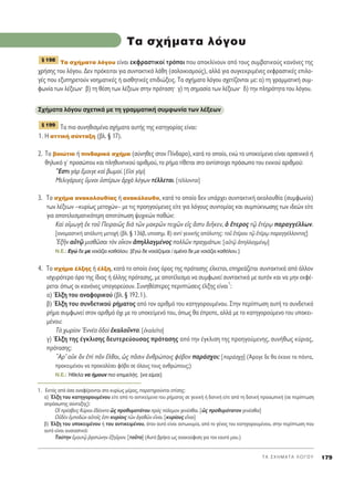 T A ™ X H M A T A § O ° O Y 179
Δ· Û¯‹Ì·Ù· ÏﬁÁÔ˘ Â›Ó·È ÂÎÊÚ·ÛÙÈÎÔ› ÙÚﬁÔÈ Ô˘ ·ÔÎÏ›ÓÔ˘Ó ·ﬁ ÙÔ˘˜ Û˘Ì‚·ÙÈÎÔ‡˜ Î·ÓﬁÓÂ˜ ÙË˜
¯Ú‹ÛË˜ ÙÔ˘ ÏﬁÁÔ˘. ¢ÂÓ ÚﬁÎÂÈÙ·È ÁÈ· Û˘ÓÙ·ÎÙÈÎ¿ Ï¿ıË (ÛÔÏÔÈÎÈÛÌÔ‡˜), ·ÏÏ¿ ÁÈ· Û˘ÁÎÂÎÚÈÌ¤ÓÂ˜ ÂÎÊÚ·ÛÙÈÎ¤˜ ÂÈÏÔ-
Á¤˜ Ô˘ ÂÍ˘ËÚÂÙÔ‡Ó ÓÔËÌ·ÙÈÎ¤˜ ‹ ·ÈÛıËÙÈÎ¤˜ ÂÈ‰ÈÒÍÂÈ˜. Δ· Û¯‹Ì·Ù· ÏﬁÁÔ˘ Û¯ÂÙ›˙ÔÓÙ·È ÌÂ: ·) ÙË ÁÚ·ÌÌ·ÙÈÎ‹ Û˘Ì-
ÊˆÓ›· ÙˆÓ Ï¤ÍÂˆÓØ ‚) ÙË ı¤ÛË ÙˆÓ Ï¤ÍÂˆÓ ÛÙËÓ ÚﬁÙ·ÛËØ Á) ÙË ÛËÌ·Û›· ÙˆÓ Ï¤ÍÂˆÓØ ‰) ÙËÓ ÏËÚﬁÙËÙ· ÙÔ˘ ÏﬁÁÔ˘.
™¯‹Ì·Ù· ÏﬁÁÔ˘ Û¯ÂÙÈÎ¿ ÌÂ ÙË ÁÚ·ÌÌ·ÙÈÎ‹ Û˘ÌÊˆÓ›· ÙˆÓ Ï¤ÍÂˆÓ
Δ· ÈÔ Û˘ÓËıÈÛÌ¤Ó· Û¯‹Ì·Ù· ·˘Ù‹˜ ÙË˜ Î·ÙËÁÔÚ›·˜ Â›Ó·È:
1. ∏ ·ÙÙÈÎ‹ Û‡ÓÙ·ÍË (‚Ï. ¨ 17).
2. TÔ ‚ÔÈÒÙÈÔ ‹ ÈÓ‰·ÚÈÎﬁ Û¯‹Ì· (Û‡ÓËıÂ˜ ÛÙÔÓ ¶›Ó‰·ÚÔ), Î·Ù¿ ÙÔ ÔÔ›Ô, ÂÓÒ ÙÔ ˘ÔÎÂ›ÌÂÓÔ Â›Ó·È ·ÚÛÂÓÈÎﬁ ‹
ıËÏ˘Îﬁ Áã ÚÔÛÒÔ˘ Î·È ÏËı˘ÓÙÈÎÔ‡ ·ÚÈıÌÔ‡, ÙÔ Ú‹Ì· Ù›ıÂÙ·È ÛÙÔ ·ÓÙ›ÛÙÔÈ¯Ô ÚﬁÛˆÔ ÙÔ˘ ÂÓÈÎÔ‡ ·ÚÈıÌÔ‡:
òEÛÙÈ ÁaÚ öÌÔÈÁÂ Î·d ‚ˆÌÔ›. [∂åÛd ÁaÚ]
MÂÏÈÁ¿Ú˘Â˜ ≈ÌÓÔÈ ñÛÙ¤ÚˆÓ àÚ¯a ÏﬁÁˆÓ Ù¤ÏÏÂÙ·È. [Ù¤ÏÏÔÓÙ·È]
3. ΔÔ Û¯‹Ì· ·Ó·ÎÔÏÔ˘ı›·˜ ‹ ·Ó·ÎﬁÏÔ˘ıÔ, Î·Ù¿ ÙÔ ÔÔ›Ô ‰ÂÓ ˘¿Ú¯ÂÈ Û˘ÓÙ·ÎÙÈÎ‹ ·ÎÔÏÔ˘ı›· (Û˘ÌÊˆÓ›·)
ÙˆÓ Ï¤ÍÂˆÓ –Î˘Ú›ˆ˜ ÌÂÙÔ¯ÒÓ– ÌÂ ÙÈ˜ ÚÔËÁÔ‡ÌÂÓÂ˜ Â›ÙÂ ÁÈ· ÏﬁÁÔ˘˜ Û˘ÓÙÔÌ›·˜ Î·È Û˘Ì‡ÎÓˆÛË˜ ÙˆÓ È‰ÂÒÓ Â›ÙÂ
ÁÈ· ·ÔÙÂÏÂÛÌ·ÙÈÎﬁÙÂÚË ·ÔÙ‡ˆÛË „˘¯ÈÎÒÓ ·ıÒÓ:
∫·d ÔåÌˆÁc âÎ ÙÔÜ ¶ÂÈÚ·Èá˜ ‰Èa ÙáÓ Ì·ÎÚáÓ ÙÂÈ¯áÓ Âå˜ ôÛÙ˘ ‰ÈÉÎÂÓ, ï ≤ÙÂÚÔ˜ Ùˇá ëÙ¤Úˇˆ ·Ú·ÁÁ¤ÏÏˆÓ.
[ÔÓÔÌ·ÛÙÈÎ‹ ·ﬁÏ˘ÙË ÌÂÙÔ¯‹ (‚Ï. ¨ 136‚, ˘ÔÛËÌ. 8) ·ÓÙ› ÁÂÓÈÎ‹˜ ·ﬁÏ˘ÙË˜: ÙÔÜ ëÙ¤ÚÔ˘ Ùˇá ëÙ¤Úˇˆ ·Ú·ÁÁ¤ÏÏÔÓÙÔ˜]
EÍÉÓ ·éÙˇá ÌÈÛıáÛ·È ÙeÓ ÔrÎÔÓ àËÏÏ·ÁÌ¤ÓÔ˜ ÔÏÏáÓ Ú·ÁÌ¿ÙˆÓ. [·éÙˇá àËÏÏ·ÁÌ¤Óˇˆ]
N.E.: ∂ÁÒ ‰Â ÌÂ ÓÔÈ¿˙ÂÈ Î·ıﬁÏÔ˘. [EÁÒ ‰Â ÓÔÈ¿˙ÔÌ·È / ÂÌ¤Ó· ‰Â ÌÂ ÓÔÈ¿˙ÂÈ Î·ıﬁÏÔ˘.]
4. ΔÔ Û¯‹Ì· ¤ÏÍË˜ ‹ ¤ÏÍË, Î·Ù¿ ÙÔ ÔÔ›Ô ¤Ó·˜ ﬁÚÔ˜ ÙË˜ ÚﬁÙ·ÛË˜ ¤ÏÎÂÙ·È, ÂËÚÂ¿˙ÂÙ·È Û˘ÓÙ·ÎÙÈÎ¿ ·ﬁ ¿ÏÏÔÓ
ÈÛ¯˘ÚﬁÙÂÚÔ ﬁÚÔ ÙË˜ ›‰È·˜ ‹ ¿ÏÏË˜ ÚﬁÙ·ÛË˜, ÌÂ ·ÔÙ¤ÏÂÛÌ· Ó· Û˘ÌÊˆÓÂ› Û˘ÓÙ·ÎÙÈÎ¿ ÌÂ ·˘ÙﬁÓ Î·È Ó· ÌËÓ ÂÎÊ¤-
ÚÂÙ·È ﬁˆ˜ ÔÈ Î·ÓﬁÓÂ˜ ˘·ÁÔÚÂ‡Ô˘Ó. ™˘ÓËı¤ÛÙÂÚÂ˜ ÂÚÈÙÒÛÂÈ˜ ¤ÏÍË˜ Â›Ó·È
1
:
·) ŒÏÍË ÙÔ˘ ·Ó·ÊÔÚÈÎÔ‡ (‚Ï. ¨ 192.1).
‚) ŒÏÍË ÙÔ˘ Û˘Ó‰ÂÙÈÎÔ‡ Ú‹Ì·ÙÔ˜ ·ﬁ ÙÔÓ ·ÚÈıÌﬁ ÙÔ˘ Î·ÙËÁÔÚÔ˘Ì¤ÓÔ˘. ™ÙËÓ ÂÚ›ÙˆÛË ·˘Ù‹ ÙÔ Û˘Ó‰ÂÙÈÎﬁ
Ú‹Ì· Û˘ÌÊˆÓÂ› ÛÙÔÓ ·ÚÈıÌﬁ ﬁ¯È ÌÂ ÙÔ ˘ÔÎÂ›ÌÂÓﬁ ÙÔ˘, ﬁˆ˜ ı· ¤ÚÂÂ, ·ÏÏ¿ ÌÂ ÙÔ Î·ÙËÁÔÚÔ‡ÌÂÓÔ ÙÔ˘ ˘ÔÎÂÈ-
Ì¤ÓÔ˘:
Δe ¯ˆÚ›ÔÓ EÓÓ¤· ï‰Ôd âÎ·ÏÔÜÓÙÔ. [âÎ·ÏÂÖÙÔ]
Á) ŒÏÍË ÙË˜ ¤ÁÎÏÈÛË˜ ‰Â˘ÙÂÚÂ‡Ô˘Û·˜ ÚﬁÙ·ÛË˜ ·ﬁ ÙËÓ ¤ÁÎÏÈÛË ÙË˜ ÚÔËÁÔ‡ÌÂÓË˜, Û˘Ó‹ıˆ˜ Î‡ÚÈ·˜,
ÚﬁÙ·ÛË˜:
oAÚ’ ÔéÎ iÓ âd ÄÓ öÏıÔÈ, ó˜ ÄÛÈÓ àÓıÚÒÔÈ˜ Êﬁ‚ÔÓ ·Ú¿Û¯ÔÈ; [·Ú¿Û¯FË] (ÕÚ·ÁÂ ‰Â ı· ¤Î·ÓÂ Ù· ¿ÓÙ·,
ÚÔÎÂÈÌ¤ÓÔ˘ Ó· ÚÔÎ·Ï¤ÛÂÈ Êﬁ‚Ô ÛÂ ﬁÏÔ˘˜ ÙÔ˘˜ ·ÓıÚÒÔ˘˜;)
N.E.: ◊ıÂÏ· Ó· ‹ÌÔ˘Ó ÈÔ ÂÈÌÂÏ‹˜. [Ó· Â›Ì·È]
¨ 199
¨ 198
T· Û¯‹Ì·Ù· ÏﬁÁÔ˘
1. EÎÙﬁ˜ ·ﬁ ﬁÛ· ·Ó·Ê¤ÚÔÓÙ·È ÛÙÔ Î˘Ú›ˆ˜ Ì¤ÚÔ˜, ·Ú·ÙËÚÔ‡ÓÙ·È Â›ÛË˜:
·) ŒÏÍË ÙÔ˘ Î·ÙËÁÔÚÔ˘Ì¤ÓÔ˘ Â›ÙÂ ·ﬁ ÙÔ ·ÓÙÈÎÂ›ÌÂÓÔ ÙÔ˘ Ú‹Ì·ÙÔ˜ ÛÂ ÁÂÓÈÎ‹ ‹ ‰ÔÙÈÎ‹ Â›ÙÂ ·ﬁ ÙË ‰ÔÙÈÎ‹ ÚÔÛˆÈÎ‹ (ÛÂ ÂÚ›ÙˆÛË
·ÚﬁÛˆË˜ Û‡ÓÙ·ÍË˜):
√î Ú¤Û‚ÂÈ˜ ∫‡ÚÔ˘ â‰¤ÔÓÙÔ ó˜ ÚÔı˘ÌÔÙ¿ÙÔ˘ Úe˜ ﬁÏÂÌÔÓ ÁÂÓ¤Ûı·È. [ó˜ ÚÔı˘ÌﬁÙ·ÙÔÓ ÁÂÓ¤Ûı·È]
√é‰bÓ âÌÔ‰gÓ ·éÙÔÖ˜ âÛÙÈ Î˘Ú›ÔÈ˜ ÙáÓ àÁ·ıáÓ ÂrÓ·È. [Î˘Ú›Ô˘˜ ÂrÓ·È]
‚) ŒÏÍË ÙÔ˘ ˘ÔÎÂÈÌ¤ÓÔ˘ ‹ ÙÔ˘ ·ÓÙÈÎÂÈÌ¤ÓÔ˘, ﬁÙ·Ó ·˘Ùﬁ Â›Ó·È ·ÓÙˆÓ˘Ì›·, ·ﬁ ÙÔ Á¤ÓÔ˜ ÙÔ˘ Î·ÙËÁÔÚÔ˘Ì¤ÓÔ˘, ÛÙËÓ ÂÚ›ÙˆÛË Ô˘
·˘Ùﬁ Â›Ó·È Ô˘ÛÈ·ÛÙÈÎﬁ:
Δ·‡ÙËÓ âÌ·˘Ùˇá ®÷·ÛÙÒÓËÓ âÍËÜÚÔÓ. [ÙÔÜÙÔ] (A˘Ùﬁ ‚Ú‹Î· ˆ˜ ·Ó·ÎÔ‡ÊÈÛË ÁÈ· ÙÔÓ Â·˘Ùﬁ ÌÔ˘.)
 