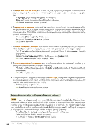 5. ΔÔ Û¯‹Ì· Î·ı’ ﬁÏÔÓ Î·È Ì¤ÚÔ˜, Î·Ù¿ ÙÔ ÔÔ›Ô ¤Ó·˜ ﬁÚÔ˜ ÙË˜ ÚﬁÙ·ÛË˜ Ô˘ ‰ËÏÒÓÂÈ ÙÔ ﬁÏÔÓ, ·ÓÙ› Ó· ÙÂıÂ›
ÛÂ ÁÂÓÈÎ‹ ‰È·ÈÚÂÙÈÎ‹, Ù›ıÂÙ·È ÛÙËÓ ÙÒÛË ÛÙËÓ ÔÔ›· ‚Ú›ÛÎÂÙ·È Ô ﬁÚÔ˜ ‹ ÔÈ ﬁÚÔÈ Ô˘ ‰ËÏÒÓÔ˘Ó ÙÔ Ì¤ÚÔ˜ ÙÔ˘
ﬁÏÔ˘:
√î ÛÙÚ·ÙËÁÔd ‚Ú·¯¤· ≤Î·ÛÙÔ˜ àÂÏÔÁ‹Û·ÙÔ. [ÙáÓ ÛÙÚ·ÙËÁáÓ]
√åÎ›·È ·î ÌbÓ ÔÏÏ·d âÂÙÒÎÂÛ·Ó, çÏ›Á·È ‰b ÂÚÈÉÛ·Ó. [ÙáÓ ÔåÎÈáÓ]
N.E.: ŒÏ· ÙËÓ ΔÚ›ÙË ÙÔ Úˆ›. [ÙÔ Úˆ› ÙË˜ ΔÚ›ÙË˜]
6. ΔÔ Û¯‹Ì· Î·Ù¿ ÙÔ ÓÔÔ‡ÌÂÓÔ, Î·Ù¿ ÙÔ ÔÔ›Ô ﬁÚÔÈ ÙË˜ ÚﬁÙ·ÛË˜ –Û¯ÂÙÈÎÔ› ÌÂÙ·Í‡ ÙÔ˘˜– Û˘ÌÊˆÓÔ‡Ó ﬁ¯È ÌÂ ‚¿ÛË
ÙÔÓ ÁÚ·ÌÌ·ÙÈÎﬁ Ù‡Ô ÙÔ˘˜, ·ÏÏ¿ ÌÂ ‚¿ÛË ÙÔ ÓﬁËÌ·. ΔÔ Û¯‹Ì· ·˘Ùﬁ Û˘ÓËı›˙ÂÙ·È ﬁÙ·Ó ˘¿Ú¯Ô˘Ó ÛÙËÓ ÚﬁÙ·ÛË ÂÚÈÏË-
ÙÈÎ¿ ÔÓﬁÌ·Ù·, ﬁˆ˜ ù¯ÏÔ˜, ÏÉıÔ˜, ÛÙÚ·ÙﬁÂ‰ÔÓ Î.Ù.ﬁ., ‹ ·ÓÙˆÓ˘Ì›Â˜, ﬁˆ˜ ≤Î·ÛÙÔ˜, ôÏÏÔ˜, Ôé‰Â›˜, ÔﬁÙÂ ÙÔ Ú‹Ì·
Ì·›ÓÂÈ ÛÂ ÏËı˘ÓÙÈÎﬁ ·ÚÈıÌﬁ:
Δe ÌbÓ ÁaÚ ÏÉıÔ˜ ÎÚ·˘ÁFÉ ÔÏÏFÉ â›·ÛÈÓ. [öÂÈÛÈ]
AÓÂ·‡ÔÓÙÔ, ¬Ô˘ âÙ‡Á¯·ÓÔÓ ≤Î·ÛÙÔ˜. [âÙ‡Á¯·ÓÂ]
N.E.: O ÎﬁÛÌÔ˜ ÊÔ‚Ô‡ÓÙ·È.
7. ΔÔ Û¯‹Ì· ÚﬁÏË„Ë˜ ‹ ÚﬁÏË„Ë, Î·Ù¿ ÙÔ ÔÔ›Ô ÙÔ ˘ÔÎÂ›ÌÂÓÔ ‰Â˘ÙÂÚÂ‡Ô˘Û·˜ ÚﬁÙ·ÛË˜ ÚÔÏ·Ì‚¿ÓÂÙ·È,
Ù›ıÂÙ·È ‰ËÏ·‰‹ ÛÙËÓ ÚﬁÙ·ÛË Ô˘ ÚÔËÁÂ›Ù·È, ˆ˜ ·ÓÙÈÎÂ›ÌÂÓÔ ‹ ÚÔÛ‰ÈÔÚÈÛÌﬁ˜ (Î˘Ú›ˆ˜ ÙË˜ ·Ó·ÊÔÚ¿˜):
^OÚ÷Ä˜ ‰b ÙcÓ Ê‡ÛÈÓ ÙcÓ ÙáÓ ÔÏÏáÓ ó˜ ‰È¿ÎÂÈÙ·È Úe˜ Ùa˜ ì‰ÔÓ¿˜. [^OÚ÷Ä˜ ‰b ó˜ ‰È¿ÎÂÈÙ·È ì Ê‡ÛÈ˜ ì ÙáÓ ÔÏÏáÓ
Úe˜ Ùa˜ ì‰ÔÓ¿˜.]
OÚıá˜ Ï¤ÁÂÈ˜ ÂÚd ÛˆÊÚÔÛ‡ÓË˜ n öÛÙÈÓ. [OÚıá˜ Ï¤ÁÂÈ˜ n öÛÙÈÓ ì ÛˆÊÚÔÛ‡ÓË.]
N.E.: °È· ‰Â˜ ÙËÓ ›Ù· ·Ó „‹ıËÎÂ.[°È· ‰Â˜ ·Ó „‹ıËÎÂ Ë ›Ù·.]
8. ΔÔ Û¯‹Ì· Û‡ÌÊ˘ÚÛË˜ ‹ Û‡ÌÊ˘ÚÛË, Î·Ù¿ ÙÔ ÔÔ›Ô ·Ó·ÌÂÈÁÓ‡ÔÓÙ·È ‰‡Ô ‰È·ÊÔÚÂÙÈÎ¤˜ Û˘ÓÙ¿ÍÂÈ˜ ÌÂ ÙÈ˜
ÔÔ›Â˜ Â›Ó·È ‰˘Ó·ÙﬁÓ Ó· ·Ô‰ÔıÂ› ÌÈ· ÛÎ¤„Ë ‹ ¤Ó· ÁÂÁÔÓﬁ˜:
AÏÎÈ‚È¿‰Ë˜ ÌÂÙa ª·ÓÙÈı¤Ô˘ à¤‰Ú·Û·Ó. [·) AÏÎÈ‚È¿‰Ë˜ ÌÂÙa ª·ÓÙÈı¤Ô˘ à¤‰Ú·. ‚) AÏÎÈ‚È¿‰Ë˜ Î·d ª·ÓÙ›ıÂ-
Ô˜ à¤‰Ú·Û·Ó.]
N.E.: ∏ ª›Ó· ÌÂ ÙË ¡›ÎË ·›˙Ô˘Ó.
9. ™Â ·˘Ù‹ ÙËÓ Î·ÙËÁÔÚ›· ÙˆÓ Û¯ËÌ¿ÙˆÓ ÏﬁÁÔ˘ ·Ó‹ÎÂÈ Î·È Ë ˘·ÏÏ·Á‹, Î·Ù¿ ÙËÓ ÔÔ›· ¤Ó·˜ ÂÈıÂÙÈÎﬁ˜ ÚÔÛ‰ÈÔÚÈ-
ÛÌﬁ˜ Ô˘ ·Ó·Ê¤ÚÂÙ·È ÛÂ ÁÂÓÈÎ‹ ÎÙËÙÈÎ‹ ‰ÂÓ Ù›ıÂÙ·È Â›ÛË˜ ÛÂ ÁÂÓÈÎ‹, ˆ˜ ÔÌÔÈﬁÙˆÙÔ˜ ÚÔÛ‰ÈÔÚÈÛÌﬁ˜, ·ÏÏ¿ ÛÙËÓ
ÙÒÛË ÙÔ˘ ﬁÚÔ˘ Ô˘ ÚÔÛ‰ÈÔÚ›˙ÂÈ Ë ÁÂÓÈÎ‹ ÎÙËÙÈÎ‹:
ı¿ÛÈÔÓ ÔúÓÔ˘ ÛÙ·ÌÓ›ÔÓ [ı·Û›Ô˘ ÔúÓÔ˘]
N.E.: ıÂÚÌÔ› ‰·ÎÚ‡ˆÓ ÛÙ·Ï·ÁÌÔ› [ıÂÚÌÒÓ ‰·ÎÚ‡ˆÓ]
™¯‹Ì·Ù· ÏﬁÁÔ˘ Û¯ÂÙÈÎ¿ ÌÂ ÙË ı¤ÛË ÙˆÓ Ï¤ÍÂˆÓ ÛÙËÓ ÚﬁÙ·ÛË
∏ ÛÂÈÚ¿ ÙˆÓ Ï¤ÍÂˆÓ ÛÙËÓ A.E., ﬁˆ˜ Î·È ÛÙË ¡.∂., ‰È¤ÂÙ·È ·ﬁ ÌÂÁ¿ÏË ÂÏÂ˘ıÂÚ›·. ™˘ÓËı›˙ÂÙ·È, ˆÛÙﬁÛÔ, Ó·
ÚÔËÁÂ›Ù·È ÙÔ ˘ÔÎÂ›ÌÂÓÔ ÌÂ ÙÔ˘˜ ÚÔÛ‰ÈÔÚÈÛÌÔ‡˜ ÙÔ˘ Î·È Ó· ¤ÔÓÙ·È ÙÔ Ú‹Ì·, ÙÔ ·ÓÙÈÎÂ›ÌÂÓÔ ‹/Î·È ÙÔ Î·ÙËÁÔÚÔ‡ÌÂ-
ÓÔ, Â›ÛË˜ ÌÂ ÙÔ˘˜ ÚÔÛ‰ÈÔÚÈÛÌÔ‡˜ ÙÔ˘˜. ™˘ÓËıÈÛÌ¤ÓÂ˜ ﬁÌˆ˜ Â›Ó·È Î·È ÔÈ ÂÚÈÙÒÛÂÈ˜ ÛÙÈ˜ ÔÔ›Â˜ ¤Ó·˜ ﬁÚÔ˜ ÙË˜ Úﬁ-
Ù·ÛË˜ ·ÏÏ¿˙ÂÈ ı¤ÛË, ÌÂÙ·Ù›ıÂÙ·È, Î·È Ù›ıÂÙ·È ÚÒÙÔ˜ (ÚﬁÙ·ÍË) ‹ ÙÂÏÂ˘Ù·›Ô˜ (Â›Ù·ÍË), ÂÂÈ‰‹ Û¯ÂÙ›˙ÂÙ·È ÓÔËÌ·ÙÈÎ¿
ÌÂ Ù· ÚÔËÁÔ‡ÌÂÓ· ‹ Ù· ÂﬁÌÂÓ·, ·ÓÙ›ÛÙÔÈ¯·, ·ÏÏ¿ Î·È ÁÈ· ÏﬁÁÔ˘˜ ¤ÌÊ·ÛË˜ ‹ Â˘ÊˆÓ›·˜:
£Ô˘Î˘‰›‰Ë˜ AıËÓ·ÖÔ˜ Í˘Ó¤ÁÚ·„Â ÙeÓ ﬁÏÂÌÔÓ ÙáÓ ¶ÂÏÔÔÓÓËÛ›ˆÓ Î·d AıËÓ·›ˆÓ.
Δ·ÜÙ· ÌbÓ ‰c ï ∫ÜÚÔ˜ äÎËÎﬁÂÈ. [ÚﬁÙ·ÍË ·ÓÙÈÎÂÈÌ¤ÓÔ˘]
√î ‰b AıËÓ·ÖÔÈ Ùe ÛÙÚ¿ÙÂ˘Ì· ÔéÎ âÎ›ÓËÛ·Ó. [Â›Ù·ÍË Ú‹Ì·ÙÔ˜]
¨ 200
M E ƒ O ™ T P I T O T A ™ X H M A T A § O ° O Y180
 
