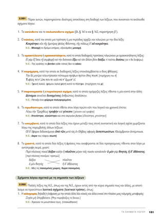 ¶¤Ú·Ó ·˘ÙÒÓ, ·Ú·ÙËÚÔ‡ÓÙ·È È‰È·›ÙÂÚÂ˜ ·ÔÎÏ›ÛÂÈ˜ ÛÙË ‰È·‰Ô¯‹ ÙˆÓ Ï¤ÍÂˆÓ, Ô˘ Û˘ÓÈÛÙÔ‡Ó Ù· ·ÎﬁÏÔ˘ı·
Û¯‹Ì·Ù· ÏﬁÁÔ˘:
1. ΔÔ ·Û‡Ó‰ÂÙÔ Î·È ÙÔ ÔÏ˘Û‡Ó‰ÂÙÔ Û¯‹Ì· (‚Ï. ¨ 161· Î·È ¨ 162, ·Ú·Ù‹ÚËÛË ‚′).
2. √ Î‡ÎÏÔ˜, Î·Ù¿ ÙÔÓ ÔÔ›Ô ÌÈ· ÚﬁÙ·ÛË ‹ ÌÈ· ÂÚ›Ô‰Ô˜ ·Ú¯›˙ÂÈ Î·È ÙÂÏÂÈÒÓÂÈ ÌÂ ÙËÓ ›‰È· Ï¤ÍË:
∫ÂÎÚ¿ÙËÎÂ ÓÜÓ ÙÉ˜ ìÌÂÙ¤Ú·˜ ÊÈÏ›·˜ º›ÏÈÔ˜, ÙÉ˜ ﬁÏÂˆ˜ ‰’ Ôé ÎÂÎÚ¿ÙËÎÂ.
N.E.: ªÔÓ·¯‹ ÙÔ ‰ÚﬁÌÔ Â‹ÚÂ˜, ÂÍ·Ó¿ÚıÂ˜ ÌÔÓ·¯‹.
3. ΔÔÔÌÔÈÔÙ¤ÏÂ˘ÙÔ ‹ÔÌÔÈÔÎ·Ù¿ÏËÎÙÔ,Î·Ù¿ÙÔÔÔ›Ô‰È·‰Ô¯ÈÎ¤˜ÚÔÙ¿ÛÂÈ˜ÙÂÏÂÈÒÓÔ˘ÓÌÂÔÌÔÈÔÎ·Ù¿ÏËÎÙÂ˜Ï¤ÍÂÈ˜:
∂å ÁaÚ âÍ úÛÔ˘ ÙFÉ Û˘ÌÊÔÚ÷Ä Î·d ÙcÓ ‰È¿ÓÔÈ·Ó ≤Íˆ Î·d ÙeÓ ôÏÏÔÓ ‚›ÔÓ ‰È¿Íˆ, Ù› ÙÔ‡ÙÔ˘ ‰ÈÔ›Ûˆ; (ÛÂ ÙÈ ı· ‰È·Ê¤Úˆ)
N.E.: ΔË˜ ·Á¿Ë˜ ÙÔ ‚ÔÙ¿ÓÈ Î¿ıÂ ÙﬁÔ˜ ‰ÂÓ ÙÔ Î¿ÓÂÈ.
4. ∏ ·Ú‹¯ËÛË, Î·Ù¿ ÙËÓ ÔÔ›· ÛÂ ‰È·‰Ô¯ÈÎ¤˜ Ï¤ÍÂÈ˜ Â·Ó·Ï·Ì‚¿ÓÂÙ·È Ô ›‰ÈÔ˜ ÊıﬁÁÁÔ˜:
ΔcÓ ‰b ÌËÙ¤Ú· ÙÂÏÂ˘Ù‹Û·Û·Ó ¤·˘Ì·È ÙÚ¤ÊˆÓ ÙÚ›ÙÔÓ öÙÔ˜ ÙÔ˘Ù›. [·Ú‹¯ËÛË ÙÔ˘ Ù]
T˘ÊÏﬁ˜ Ù¿ Ù’ tÙ· ÙﬁÓ ÙÂ ÓÔÜÓ Ù¿ Ù’ ùÌÌ·Ù’ Âr.
N.E.: ΔÚ·Ó‹ Ï·ÏÈ¿, ÙÚﬁÌÔ˘ Ï·ÏÈ¿ ÚËÙ‹ Î·Ù¿ ÙÔ ∫¿ÛÙÚÔ. [·Ú‹¯ËÛË ÙÔ˘ Ú]
5. ∏ ·ÚÔÓÔÌ·Û›· ‹ ÂÙ˘ÌÔÏÔÁÈÎﬁ Û¯‹Ì·, Î·Ù¿ ÙÔ ÔÔ›Ô ÔÌﬁÚÚÈ˙Â˜ Ï¤ÍÂÈ˜ Ù›ıÂÓÙ·È Ë Ì›· ÎÔÓÙ¿ ÛÙËÓ ¿ÏÏË:
¢‡Ó·Ì·È Û˘ÓÂÖÓ·È ‰˘Ó·Ì¤ÓÔÈ˜ àÓıÚÒÔÈ˜ àÓ·Ï›ÛÎÂÈÓ.
N.E.: ¶¤Ù·Í· ¤Ó· ÊﬁÚÂÌ· ÔÏ˘ÊÔÚÂÌ¤ÓÔ.
6. ΔÔ Úˆı‡ÛÙÂÚÔ, Î·Ù¿ ÙÔ ÔÔ›Ô Ù›ıÂÙ·È ÛÙÔÓ ÏﬁÁÔ ÚÒÙÔ Î¿ÙÈ Ô˘ ÏÔÁÈÎ¿ Î·È ¯ÚÔÓÈÎ¿ ¤ÂÙ·È:
§¤Áˆ ÙcÓ EÚÂ¯ı¤ˆ˜ ÙÚÔÊcÓ Î·d Á¤ÓÂÛÈÓ. [Á¤ÓÂÛÈÓ Î·d ÙÚÔÊcÓ]
N.E.: ÃÙÂÓ›ÛÙËÎÂ, ÂÏÔ‡ÛÙËÎÂ Î·È ÛÙÔ ÛÂÚÁÈ¿ÓÈ ‚Á‹ÎÂ.[âÏÔ‡ÛÙËÎÂ, ¯ÙÂÓ›ÛÙËÎÂ]
7. ΔÔ ˘ÂÚ‚·Ùﬁ, Î·Ù¿ ÙÔ ÔÔ›Ô ‰‡Ô Ï¤ÍÂÈ˜ Ô˘ ¤¯Ô˘Ó ÌÂÙ·Í‡ ÙÔ˘˜ ÛÙÂÓ‹ Û˘ÓÙ·ÎÙÈÎ‹ Î·È ÏÔÁÈÎ‹ Û¯¤ÛË ¯ˆÚ›˙ÔÓÙ·È
ÏﬁÁˆ ÙË˜ ·ÚÂÌ‚ÔÏ‹˜ ¿ÏÏˆÓ Ï¤ÍÂˆÓ:
√î ‰’ öÊÔÚÔÈ ‰È‰·ÛÎﬁÌÂÓÔÈ ñe ÙáÓ ÌÂÙa Ùa˜ âÓ £‹‚·È˜ ÛÊ·Áa˜ âÎÂÙˆÎﬁÙˆÓ, ∫ÏÂﬁÌ‚ÚÔÙÔÓ âÎ¤ÌÔ˘ÛÈ.
N.E.: ¿ÎÚ· ÙÔ˘ Ù¿ÊÔ˘ ÛÈˆ‹
8. ΔÔ ¯È·ÛÙﬁ, Î·Ù¿ ÙÔ ÔÔ›Ô ‰‡Ô Ï¤ÍÂÈ˜ ‹ ÊÚ¿ÛÂÈ˜ Ô˘ ·Ó·Ê¤ÚÔÓÙ·È ÛÂ ‰‡Ô ÚÔËÁÔ‡ÌÂÓÂ˜ Ù›ıÂÓÙ·È ÛÙÔÓ ÏﬁÁÔ ÌÂ
·ÓÙ›ÛÙÚÔÊË ÛÂÈÚ¿, ¯È·ÛÙ›:
¶ÂÚd ÏÂ›ÔÓÔ˜ ÔÈÔÜ ‰ﬁÍ·Ó Î·ÏcÓ j ÏÔÜÙÔÓ Ì¤Á·Ó ÙÔÖ˜ ·ÈÛdÓ Î·Ù·ÏÈÂÖÓØ ï ÌbÓ ÁaÚ ıÓËÙﬁ˜, ì ‰’ àı¿Ó·ÙÔ˜.
[ÂÚd ÏÂ›ÔÓÔ˜ ÔÈÔÜÌ·È : ÚÔÙÈÌÒ]
‰ﬁÍ·Ó ÏÔÜÙÔÓ
ï ÌbÓ ıÓËÙe˜ ì ‰’ àı¿Ó·ÙÔ˜
N.E.: ªÂ˜ ÙÈ˜ ·ÈÓÂÌ¤ÓÂ˜ ¯ÒÚÂ˜, ÃÒÚ· ·ÈÓÂÌ¤ÓË.
™¯‹Ì·Ù· ÏﬁÁÔ˘ Û¯ÂÙÈÎ¿ ÌÂ ÙË ÛËÌ·Û›· ÙˆÓ Ï¤ÍÂˆÓ
¶ÔÏÏ¤˜ Ï¤ÍÂÈ˜ ÙË˜ A.E., ﬁˆ˜ Î·È ÙË˜ ¡.∂., ¤¯Ô˘Ó ÂÎÙﬁ˜ ·ﬁ ÙËÓ Î‡ÚÈ· ÛËÌ·Û›· ÙÔ˘˜ Î·È ¿ÏÏÂ˜, ÌÂ ·ÔÙ¤-
ÏÂÛÌ· Ó· ÚÔÎ‡ÙÔ˘Ó ÏÂÎÙÈÎ¿ Û¯‹Ì·Ù· (ÏÂÎÙÈÎÔ› ÙÚﬁÔÈ), ﬁˆ˜:
1. ∏·ÏÏËÁÔÚ›·,‰ËÏ·‰‹Ë¤ÎÊÚ·ÛËÌÂÙËÓÔÔ›·¿ÏÏ·Ï¤ÂÈÎ·ÓÂ›˜Î·È¿ÏÏ·ÂÓÓÔÂ›ÛÙÔÏ·›ÛÈÔÌÈ·˜ÙÔÏÌËÚ‹˜ÌÂÙ·ÊÔÚ¿˜:
∑˘ÁeÓ Ìc ñÂÚ‚·›ÓÂÈÓ. [ªËÓ ·Ú·‚È¿˙ÂÈ˜ ÙÔ ‰›Î·ÈÔ.]
N.E.: ŒÊ·Á·Ó Ù· ÌÔ˘ÛÙ¿ÎÈ· ÙÔ˘˜. [ÙÛ·ÎÒıËÎ·Ó]
¨ 202
¨ 201
T A ™ X H M A T A § O ° O Y 181
 