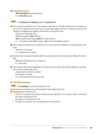 ı) OÏﬁÎÏËÚË ÚﬁÙ·ÛË:
≠OÛÔÈ â‰˘Ó‹ıËÛ·Ó âÛÙÚ·ÙÔÂ‰Â‡Û·ÓÙÔ.
N.E.: ŸÔÈÔ˜ ı¤ÏÂÈ ÌÔÚÂ›.
TÔ ˘ÔÎÂ›ÌÂÓÔ ÙÔ˘ Ú‹Ì·ÙÔ˜ ÌÔÚÂ› Ó· ·Ú·ÏÂ›ÂÙ·È:
·) ŸÙ·Ó ÙÔ Ú‹Ì· ÙË˜ ÚﬁÙ·ÛË˜ Â›Ó·È ·ã ‹ ‚ã ÚÔÛÒÔ˘, ·ÊÔ‡ ·ﬁ ÙËÓ Î·Ù¿ÏËÍ‹ ÙÔ˘ ‰ËÏÒÓÂÙ·È ﬁÙÈ ˘ÔÎÂ›ÌÂÓÔ Â›-
Ó·È Ì›· ·ﬁ ÙÈ˜ ÚÔÛˆÈÎ¤˜ ·ÓÙˆÓ˘Ì›Â˜ âÁÒ, Û‡, ìÌÂÖ˜, ñÌÂÖ˜. ∂Ó‰¤¯ÂÙ·È ˆÛÙﬁÛÔ ÙÔ ˘ÔÎÂ›ÌÂÓÔ Ú‹Ì·ÙÔ˜ ·ã ‹ ‚ã
ÚÔÛÒÔ˘ Ó· ·Ó·Ê¤ÚÂÙ·È ÁÈ· ¤ÌÊ·ÛË ‹ ·ÓÙÈ‰È·ÛÙÔÏ‹ ÙÔ˘ ÚÔ˜ Î¿ÔÈÔ ¿ÏÏÔ:
Δ·ÜÙ· ÌbÓ ÔsÓ ·Ú·ÏÂ›„ˆ. [âÁg]
E‰›‰·ÛÎÂ˜ ÁÚ¿ÌÌ·Ù·, âÁg ‰’ âÊÔ›ÙˆÓ.
EÁg ÌbÓ ÚáÙÔ˜ ñÌáÓ öÛÔÌ·È, ñÌÂÖ˜ ‰b ÙáÓ ôÏÏˆÓ ≈ÛÙ·ÙÔÈ.
N.E.: ñ ¢Â Û˘ÌÊˆÓÒ. [ÂÁÒ]ñ ∂ÁÒ ÙÔÓ ¤ÛˆÛ·. ñ ∂ÁÒ ÛÙÔ Â›·, ·ÏÏ¿ ÂÛ‡ ‰Â ÌÂ ¿ÎÔ˘ÛÂ˜.
‚) ŸÙ·Ó ÙÔ Ú‹Ì· ÙË˜ ÚﬁÙ·ÛË˜ Â›Ó·È Áã ÚÔÛÒÔ˘ Î·È ÙÔ ˘ÔÎÂ›ÌÂÓÔ Â›Ó·È ÔÌﬁÚÚÈ˙Ô ÌÂ ÙÔ Ú‹Ì· (Û‡ÛÙÔÈ¯Ô ˘ÔÎÂ›-
ÌÂÓÔ):
EÛ¿ÏÈÁÍÂ. [ï Û·ÏÈÁÎÙc˜]
N.E.: ¢Â ¯ÔÚÂ‡ÂÙ·È È·. [Ô ¯ÔÚﬁ˜]
Á) ™ÙËÓ ÂÚ›ÙˆÛË ÙˆÓ ÚËÌ¿ÙˆÓ Ï¤ÁÔ˘ÛÈÓ ‹ Ê·Û›Ó, ﬁÙ·Ó ˆ˜ ˘ÔÎÂ›ÌÂÓÔ ÂÓÓÔÂ›Ù·È Ë ÔÓÔÌ·ÛÙÈÎ‹ ôÓıÚˆÔÈ ‹ Î¿ÙÈ ·Ó¿-
ÏÔÁÔ:
º·Ûd ‰·Û¤· Ùa ùÚË Ù·ÜÙ· ÂrÓ·È. [Ôî ôÓıÚˆÔÈ]
N.E.: ¶Ò˜ ÛÂ Ï¤ÓÂ;
‰) ŸÙ·Ó ÂÓÓÔÂ›Ù·È Â‡ÎÔÏ· ·ﬁ Ù· Û˘ÌÊÚ·˙ﬁÌÂÓ·. ™ÙËÓ ÂÚ›ÙˆÛË Ô˘ ÙÔ Ú‹Ì· ‰ËÏÒÓÂÈ Ê˘ÛÈÎﬁ Ê·ÈÓﬁÌÂÓÔ, ˆ˜ ˘ÔÎÂ›-
ÌÂÓÔ ÂÓÓÔÔ‡ÓÙ·È ÔÈ Ï¤ÍÂÈ˜ ıÂe˜ ‹ ZÂ‡˜.
•ÂÓÔÊáÓ àÓ¤ÛÙË Î·d öÏÂÍÂÓ. [•ÂÓÔÊáÓ]
EÓ ÙÔÖ˜ ùÚÂÛÈ ≈ÂÈ. (‚Ú¤¯ÂÈ)
N.E.: ΔÔ ÙÛ¿È ÎÚ‡ˆÛÂ Î·È ‰ÂÓ ›ÓÂÙ·È. [ÙÔ ÙÛ¿È]
B. TO KATH°OPHMA
TÔ Î·ÙËÁﬁÚËÌ· ÛÂ ÌÈ· ÚﬁÙ·ÛË ÌÔÚÂ› Ó· Â›Ó·È:
·) MÔÓÔÏÂÎÙÈÎﬁØ ·ÔÙÂÏÂ›Ù·È ÌﬁÓÔ ·ﬁ ¤Ó· Ú‹Ì· (P): ·›˙ˆ, ÁÚ¿ÊÂÈ, Ï‡Ô˘ÛÈÓ ÎÙÏ.
‚) ¶ÂÚÈÊÚ·ÛÙÈÎﬁØ ·ÔÙÂÏÂ›Ù·È ·ﬁ:
ŒÓ·Ó Ù‡Ô ÙÔ˘ Ú‹Ì·ÙÔ˜ ÂåÌd ‹ ¿ÏÏÔ˘ Û˘Ó‰ÂÙÈÎÔ‡ Ú‹Ì·ÙÔ˜ (‚Ï. ¨ 13) Î·È ¤Ó· ﬁÓÔÌ·, Â›ıÂÙÔ ‹ Ô˘ÛÈ·ÛÙÈÎﬁ,
Ô˘ Ï¤ÁÂÙ·È Î·ÙËÁÔÚÔ‡ÌÂÓÔ (K).
ŒÓ· Ú‹Ì· Î·È ÙÔ ·ÓÙÈÎÂ›ÌÂÓﬁ ÙÔ˘ (A).
ŒÓ· Ú‹Ì·, ÙÔ ·ÓÙÈÎÂ›ÌÂÓÔ Î·È ÙÔ Î·ÙËÁÔÚÔ‡ÌÂÓÔ ÙÔ˘ ·ÓÙÈÎÂÈÌ¤ÓÔ˘.
¨ 12
¨ 11
K E º ∞ § ∞ π O B ΄ O I K Y P I O I O P O I T H ™ ¶ P O T A ™ H ™ 19
 