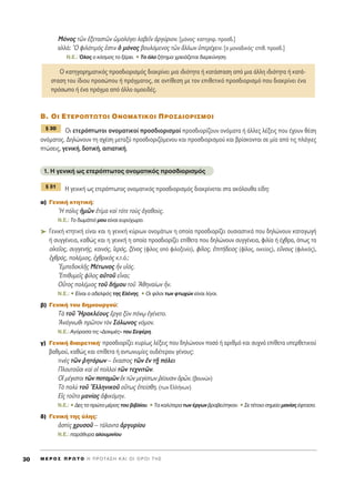 ªﬁÓÔ˜ ÙáÓ âÍÂÙ·ÛÙáÓ óÌÔÏﬁÁÂÈ Ï·‚ÂÖÓ àÚÁ‡ÚÈÔÓ. [ÌﬁÓÔ˜Ø Î·ÙËÁÔÚ. ÚÔÛ‰.]
·ÏÏ¿: ^O ÊÈÏﬁÙÈÌﬁ˜ âÛÙÈÓ ï ÌﬁÓÔ˜ ‚Ô˘ÏﬁÌÂÓÔ˜ ÙáÓ ôÏÏˆÓ ñÂÚ¤¯ÂÈÓ. [Ô ÌÔÓ·‰ÈÎﬁ˜Ø ÂÈı. ÚÔÛ‰.]
N.E.: ŸÏÔ˜ Ô ÎﬁÛÌÔ˜ ÙÔ Í¤ÚÂÈ. ñ TÔ ﬁÏÔ ˙‹ÙËÌ· ¯ÚÂÈ¿˙ÂÙ·È ‰ÈÂÚÂ‡ÓËÛË.
B. OI ETEPO¶TøTOI ONOMATIKOI ¶PO™¢IOPI™MOI
√È ÂÙÂÚﬁÙˆÙÔÈ ÔÓÔÌ·ÙÈÎÔ› ÚÔÛ‰ÈÔÚÈÛÌÔ› ÚÔÛ‰ÈÔÚ›˙Ô˘Ó ÔÓﬁÌ·Ù· ‹ ¿ÏÏÂ˜ Ï¤ÍÂÈ˜ Ô˘ ¤¯Ô˘Ó ı¤ÛË
ÔÓﬁÌ·ÙÔ˜. ¢ËÏÒÓÔ˘Ó ÙË Û¯¤ÛË ÌÂÙ·Í‡ ÚÔÛ‰ÈÔÚÈ˙ﬁÌÂÓÔ˘ Î·È ÚÔÛ‰ÈÔÚÈÛÌÔ‡ Î·È ‚Ú›ÛÎÔÓÙ·È ÛÂ Ì›· ·ﬁ ÙÈ˜ Ï¿ÁÈÂ˜
ÙÒÛÂÈ˜, ÁÂÓÈÎ‹, ‰ÔÙÈÎ‹, ·ÈÙÈ·ÙÈÎ‹.
1. ∏ ÁÂÓÈÎ‹ ˆ˜ ÂÙÂÚﬁÙˆÙÔ˜ ÔÓÔÌ·ÙÈÎﬁ˜ ÚÔÛ‰ÈÔÚÈÛÌﬁ˜
∏ ÁÂÓÈÎ‹ ˆ˜ ÂÙÂÚﬁÙˆÙÔ˜ ÔÓÔÌ·ÙÈÎﬁ˜ ÚÔÛ‰ÈÔÚÈÛÌﬁ˜ ‰È·ÎÚ›ÓÂÙ·È ÛÙ· ·ÎﬁÏÔ˘ı· Â›‰Ë:
·) °ÂÓÈÎ‹ ÎÙËÙÈÎ‹:
^H ﬁÏÈ˜ ìÌáÓ âÙ›Ì· Î·d ÙﬁÙÂ ÙÔf˜ àÁ·ıÔ‡˜.
N.E.: ΔÔ ‰ˆÌ¿ÙÈﬁ ÌÔ˘ Â›Ó·È Â˘Ú‡¯ˆÚÔ.
➤ °ÂÓÈÎ‹ ÎÙËÙÈÎ‹ Â›Ó·È Î·È Ë ÁÂÓÈÎ‹ Î‡ÚÈˆÓ ÔÓÔÌ¿ÙˆÓ Ë ÔÔ›· ÚÔÛ‰ÈÔÚ›˙ÂÈ Ô˘ÛÈ·ÛÙÈÎ¿ Ô˘ ‰ËÏÒÓÔ˘Ó Î·Ù·ÁˆÁ‹
‹ Û˘ÁÁ¤ÓÂÈ·, Î·ıÒ˜ Î·È Ë ÁÂÓÈÎ‹ Ë ÔÔ›· ÚÔÛ‰ÈÔÚ›˙ÂÈ Â›ıÂÙ· Ô˘ ‰ËÏÒÓÔ˘Ó Û˘ÁÁ¤ÓÂÈ·, ÊÈÏ›· ‹ ¤¯ıÚ·, ﬁˆ˜ Ù·
ÔåÎÂÖÔ˜, Û˘ÁÁÂÓ‹˜, ÎÔÈÓﬁ˜, îÂÚﬁ˜, Í¤ÓÔ˜ (Ê›ÏÔ˜ ·ﬁ ÊÈÏÔÍÂÓ›·), Ê›ÏÔ˜, âÈÙ‹‰ÂÈÔ˜ (Ê›ÏÔ˜, ÔÈÎÂ›Ô˜), ÂûÓÔ˘˜ (ÊÈÏÈÎﬁ˜),
â¯ıÚﬁ˜, ÔÏ¤ÌÈÔ˜, â¯ıÚÈÎe˜ Î.Ù.ﬁ.:
EÌÂ‰ÔÎÏÉ˜ ª¤ÙˆÓÔ˜ qÓ ˘îﬁ˜.
EÈı˘ÌÂÖ˜ Ê›ÏÔ˜ ·éÙÔÜ ÂrÓ·È;
√yÙÔ˜ ÔÏ¤ÌÈÔ˜ ÙÔÜ ‰‹ÌÔ˘ ÙÔÜ AıËÓ·›ˆÓ qÓ.
N.E.: ñ ∂›Ó·È Ô ·‰ÂÏÊﬁ˜ ÙË˜ ∂Ï¤ÓË˜. ñ OÈ Ê›ÏÔÈ ÙˆÓ ÊÙˆ¯ÒÓ Â›Ó·È Ï›ÁÔÈ.
‚) °ÂÓÈÎ‹ ÙÔ˘ ‰ËÌÈÔ˘ÚÁÔ‡:
Δa ÙÔÜ ^HÚ·ÎÏ¤Ô˘˜ öÚÁ· ÍfÓ ﬁÓˇˆ âÁ¤ÓÂÙÔ.
AÓ¿ÁÓˆıÈ ÚáÙÔÓ ÙeÓ ™ﬁÏˆÓÔ˜ ÓﬁÌÔÓ.
N.E.: ∞ÁﬁÚ·Û· ÙÈ˜ «¢ÔÎÈÌ¤˜» ÙÔ˘ ™ÂÊ¤ÚË.
Á) °ÂÓÈÎ‹ ‰È·ÈÚÂÙÈÎ‹Ø ÚÔÛ‰ÈÔÚ›˙ÂÈ Î˘Ú›ˆ˜ Ï¤ÍÂÈ˜ Ô˘ ‰ËÏÒÓÔ˘Ó ÔÛﬁ ‹ ·ÚÈıÌﬁ Î·È Û˘¯Ó¿ Â›ıÂÙ· ˘ÂÚıÂÙÈÎÔ‡
‚·ıÌÔ‡, Î·ıÒ˜ Î·È Â›ıÂÙ· ‹ ·ÓÙˆÓ˘Ì›Â˜ Ô˘‰¤ÙÂÚÔ˘ Á¤ÓÔ˘˜:
ÙÈÓb˜ ÙáÓ ®ËÙﬁÚˆÓ – ≤Î·ÛÙÔ˜ ÙáÓ âÓ Ù÷É ﬁÏÂÈ
¶ÏÔ˘ÙÔÜÛÈ Î·d Ôî ÔÏÏÔd ÙáÓ ÙÂ¯ÓÈÙáÓ.
√î Ì¤ÁÈÛÙÔÈ ÙáÓ ÔÙ·ÌáÓ âÎ ÙáÓ ÌÂÁ›ÛÙˆÓ ®¤Ô˘ÛÈÓ çÚáÓ. (‚Ô˘ÓÒÓ)
Δe ÔÏf ÙÔÜ ^EÏÏËÓÈÎÔÜ Ô≈Ùˆ˜ âÂ›ÛıË. (ÙˆÓ ∂ÏÏ‹ÓˆÓ)
∂å˜ ÙÔÜÙÔ Ì·Ó›·˜ àÊÈÎﬁÌËÓ.
N.E.: ñ ¢Â˜ ÙÔ ÚÒÙÔ Ì¤ÚÔ˜ ÙÔ˘ ‚È‚Ï›Ô˘. ñ Δ· Î·Ï‡ÙÂÚ· ÙˆÓ ¤ÚÁˆÓ ‚Ú·‚Â‡ÙËÎ·Ó. ñ ™Â Ù¤ÙÔÈÔ ÛËÌÂ›Ô Ì·Ó›·˜ ¤ÊÙ·Û·.
‰) °ÂÓÈÎ‹ ÙË˜ ‡ÏË˜:
àÛd˜ ¯Ú˘ÛÔÜ – Ù¿Ï·ÓÙ· àÚÁ˘Ú›Ô˘
N.E.: ·Ú¿ı˘Ú· ·ÏÔ˘ÌÈÓ›Ô˘
¨ 31
¨ 30
O Î·ÙËÁÔÚËÌ·ÙÈÎﬁ˜ ÚÔÛ‰ÈÔÚÈÛÌﬁ˜ ‰È·ÎÚ›ÓÂÈ ÌÈ· È‰ÈﬁÙËÙ· ‹ Î·Ù¿ÛÙ·ÛË ·ﬁ ÌÈ· ¿ÏÏË È‰ÈﬁÙËÙ· ‹ Î·Ù¿-
ÛÙ·ÛË ÙÔ˘ ›‰ÈÔ˘ ÚÔÛÒÔ˘ ‹ Ú¿ÁÌ·ÙÔ˜, ÛÂ ·ÓÙ›ıÂÛË ÌÂ ÙÔÓ ÂÈıÂÙÈÎﬁ ÚÔÛ‰ÈÔÚÈÛÌﬁ Ô˘ ‰È·ÎÚ›ÓÂÈ ¤Ó·
ÚﬁÛˆÔ ‹ ¤Ó· Ú¿ÁÌ· ·ﬁ ¿ÏÏÔ ÔÌÔÂÈ‰¤˜.
M E ƒ O ™ ¶ ƒ ø Δ O ∏ ¶ ƒ O Δ ∞ ™ ∏ ∫ ∞ π O π O ƒ O π Δ ∏ ™30
 