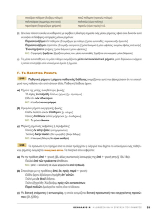 ÔÈÔÜÌ·È ﬁÏÂÌÔÓ (‰ÈÂÍ¿Áˆ ﬁÏÂÌÔ) ÔÈá ﬁÏÂÌÔÓ (ÚÔÎ·ÏÒ ﬁÏÂÌÔ)
ÔÏÈÙÂ‡ÔÌ·È (Û˘ÌÌÂÙ¤¯ˆ ÛÙ· ÎÔÈÓ¿) ÔÏÈÙÂ‡ˆ (Â›Ì·È ÔÏ›ÙË˜)
Ù·ÌÈÂ‡ÔÌ·È (‰È·¯ÂÈÚ›˙ÔÌ·È ¯Ú‹Ì·Ù·) Ù·ÌÈÂ‡ˆ (Â›Ì·È Ù·Ì›·˜) Î.¿.
‚) ¢ÂÓ Â›Ó·È ¿ÓÙÔÙÂ Â‡ÎÔÏÔ Ó· Î·ıÔÚÈÛÙÂ› ÌÂ ·ÎÚ›‚ÂÈ· Ë È‰È·›ÙÂÚË ÛËÌ·Û›· ÂÓﬁ˜ Ì¤ÛÔ˘ Ú‹Ì·ÙÔ˜, ·ÊÔ‡ Â›Ó·È ‰˘Ó·ÙﬁÓ ·˘Ùﬁ
Ó· ·Ó‹ÎÂÈ ÛÂ ‰È¿ÊÔÚÂ˜ Î·ÙËÁÔÚ›Â˜ Ì¤ÛˆÓ ÚËÌ¿ÙˆÓ:
¶·Ú·ÛÎÂ˘¿˙ÔÌ·È âd ﬁÏÂÌÔÓ. (∂ÙÔÈÌ¿˙ÔÌ·È ÁÈ· ﬁÏÂÌÔ.) [Ì¤ÛÔ ·˘ÙÔ·ı¤˜: ·Ú·ÛÎÂ˘¿˙ˆ âÌ·˘ÙeÓ]
¶·Ú·ÛÎÂ˘¿˙ÔÌ·È ÛÙÚ·ÙÂ›·Ó. (∂ÙÔÈÌ¿˙ˆ ÂÎÛÙÚ·ÙÂ›·.) [Ì¤ÛÔ ‰˘Ó·ÌÈÎﬁ ‹ Ì¤ÛÔ ˆÊÂÏÂ›·˜: ·Ó·Ì¤Óˆ ﬁÊÂÏÔ˜ ·ﬁ ·˘Ù‹Ó]
EÓ·˘ËÁ‹Û·ÙÔ ÙÚÈ‹ÚÂÈ˜. [Ì¤ÛÔ ‰È¿ÌÂÛÔ ‹ Ì¤ÛÔ ˆÊÂÏÂ›·˜]
N.E.: O Á·ÌÚﬁ˜ Í˘Ú›˙ÂÙ·È. [Í˘Ú›˙ÂÙ·È ÌﬁÓÔ˜ ÙÔ˘: Ì¤ÛÔ ·˘ÙÔ·ı¤˜Ø Í˘Ú›˙ÂÙ·È ÛÙÔ ÎÔ˘ÚÂ›Ô: Ì¤ÛÔ ‰È¿ÌÂÛÔ]
Á) Δ· Ì¤Û· ·˘ÙÔ·ı‹ Î·È Ù· Ì¤Û· Ï¿ÁÈ· ÔÓÔÌ¿˙ÔÓÙ·È Ì¤Û· ·ÓÙ·Ó·ÎÏ·ÛÙÈÎ¿ Ú‹Ì·Ù·, ÁÈ·Ù› ‰ËÏÒÓÔ˘Ó ÂÓ¤ÚÁÂÈ·
Ë ÔÔ›· ÂÈÛÙÚ¤ÊÂÈ ÛÙÔ ˘ÔÎÂ›ÌÂÓÔ ¿ÌÂÛ· ‹ ¤ÌÌÂÛ·.
°. Δ∞ ¶∞£∏Δπ∫∞ ƒ∏ª∞Δ∞
¶·ıËÙÈÎ¿ Ú‹Ì·Ù· ‹ Ú‹Ì·Ù· ·ıËÙÈÎ‹˜ ‰È¿ıÂÛË˜ ÔÓÔÌ¿˙ÔÓÙ·È ·˘Ù¿ Ô˘ Ê·ÓÂÚÒÓÔ˘Ó ﬁÙÈ ÙÔ ˘ÔÎÂ›-
ÌÂÓﬁ ÙÔ˘˜ ·ı·›ÓÂÈ Î¿ÙÈ ·ﬁ Î¿ÔÈÔÓ ¿ÏÏÔ. ¶·ıËÙÈÎ‹ ‰È¿ıÂÛË ¤¯Ô˘Ó:
·) ƒ‹Ì·Ù· ÙË˜ Ì¤ÛË˜, Û˘ÓËı¤ÛÙÂÚ·, ÊˆÓ‹˜:
^O ÏﬁÊÔ˜ âÓÂÏ‹ÛıË î¤ˆÓ. (Á¤ÌÈÛÂ) [Ú. ›ÌÏ·Ì·È]
√r‰· ¬ÙÈ ÔéÎ à‰ÈÎÔÜÌ·È.
N.E.: ∏ ÛÔ‰ÂÈ¿ Î·Ù·ÛÙÚ¿ÊËÎÂ.
‚) √ÚÈÛÌ¤Ó· Ú‹Ì·Ù· ÂÓÂÚÁËÙÈÎ‹˜ ÊˆÓ‹˜:
√é‰bÓ ÒÔÙÂ Î·ÎeÓ â¿ıÔÌÂÓ. [Ú. ¿Û¯ˆ]
¶¿ÓÙÂ˜ à¤ı·ÓÔÓ ·éÙÔÜ Ì·¯ﬁÌÂÓÔÈ. [Ú. àÔıÓ÷‹ÛÎˆ]
N.E.: Δ· ¯ÈﬁÓÈ· ¤ÏÈˆÛ·Ó.
Á) ªÂÚÈÎ¤˜ ÚËÌ·ÙÈÎ¤˜ ÂÎÊÚ¿ÛÂÈ˜ ‹ ÂÚÈÊÚ¿ÛÂÈ˜:
¶¿ÓÙÂ˜ âÓ ·åÙ›÷· qÛ·Ó. (Î·ÙËÁÔÚÔ‡ÓÙ·Ó)
EÎÂÖÓÔ˜ ‰›ÎËÓ ‰ÒÛÂÈ. (ı· ÙÈÌˆÚËıÂ›) [‰›ÎËÓ ‰›‰ˆÌÈ]
N.E.: ∏ ÛÂÈÛÌÈÎ‹ ‰ﬁÓËÛË ‰ÂÓ ¤ÁÈÓÂ ·ÈÛıËÙ‹.
ΔÔ ÚﬁÛˆÔ ‹ ÙÔ Ú¿ÁÌ· ·ﬁ ÙÔ ÔÔ›Ô ÚÔ¤Ú¯ÂÙ·È Ë ÂÓ¤ÚÁÂÈ· Ô˘ ‰¤¯ÂÙ·È ÙÔ ˘ÔÎÂ›ÌÂÓÔ ÂÓﬁ˜ ·ıËÙÈ-
ÎÔ‡ Ú‹Ì·ÙÔ˜ ÔÓÔÌ¿˙ÂÙ·È ÔÈËÙÈÎﬁ ·›ÙÈÔ. ΔÔ ÔÈËÙÈÎﬁ ·›ÙÈÔ ÂÎÊ¤ÚÂÙ·È:
·) ªÂ ÙËÓ ÚﬁıÂÛË ñe + ÁÂÓÈÎ‹ (‚Ï. ¿ÏÏÂ˜ Û˘ÓÙ·ÎÙÈÎ¤˜ ÏÂÈÙÔ˘ÚÁ›Â˜ ÙË˜ ñe + ÁÂÓÈÎ‹ ÛÙËÓ ¨ 156.18·):
¶ÔÏÏÔd ñe ÙáÓ ÙÚÈ¿ÎÔÓÙ· à¤ı·ÓÔÓ.
N.E.: [·ﬁ + ·ÈÙÈ·ÙÈÎ‹] OÈ ÓﬁÌÔÈ „ËÊ›˙ÔÓÙ·È ·ﬁ ÙË μÔ˘Ï‹.
‚) ™·ÓÈﬁÙÂÚ· ÌÂ ÙÈ˜ ÚÔı¤ÛÂÈ˜ àﬁ, âÎ, Úﬁ˜, ·Úa + ÁÂÓÈÎ‹:
√é‰bÓ öÚÁÔÓ àÍÈﬁÏÔÁÔÓ âÚ¿¯ıË à’ ·éÙáÓ.
ΔÔÜÙﬁ ÌÔÈ âÎ ıÂÔÜ ‰¤‰ÔÙ·È.
Δ·ÜÙ· âÍËÁÁ¤ÏıË AÏÂÍ¿Ó‰Úˇˆ Úe˜ ÙáÓ Î·Ù·ÛÎﬁˆÓ.
¶·Úa ÔÏÏáÓ ïÌÔÏÔÁÂÖÙ·È ÙÔÜÙÔ ÂrÓ·È Ùe ‰›Î·ÈÔÓ.
Á) ªÂ ‰ÔÙÈÎ‹ ÔÓﬁÌ·ÙÔ˜ ‹ ·ÓÙˆÓ˘Ì›·˜, Ë ÔÔ›· ÔÓÔÌ¿˙ÂÙ·È ‰ÔÙÈÎ‹ ÚÔÛˆÈÎ‹ ÙÔ˘ ÂÓÂÚÁÔ‡ÓÙÔ˜ ÚÔÛÒ-
Ô˘ (‚Ï. ¨ 80Ë).
¨ 66
¨ 65
K E º ∞ § ∞ π O H ΄ H ¢ I A £ E ™ H K A I H ™ Y N T A • H T O Y P H M A T O ™ 51
 