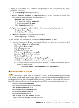 ➤ ΔÔ Ú‹Ì· ¯ÚáÌ·È Û˘ÓÙ¿ÛÛÂÙ·È Î·È ÌÂ ‰‡Ô ‰ÔÙÈÎ¤˜, ·ﬁ ÙÈ˜ ÔÔ›Â˜ Ë Ì›· Â›Ó·È ·ÓÙÈÎÂ›ÌÂÓÔ Î·È Ë ¿ÏÏË Î·ÙËÁÔ-
ÚÔ‡ÌÂÓÔ ÙÔ˘ ·ÓÙÈÎÂÈÌ¤ÓÔ˘:
ÃÚáÌ·È Ùˇá ÚÔ‰ﬁÙFË Û˘Ì‚Ô‡Ïˇˆ. (ˆ˜ Û‡Ì‚Ô˘ÏÔ)
4. πÛﬁÙËÙ·, ÔÌÔÈﬁÙËÙ·, Û˘ÌÊˆÓ›· Î·È Ù· ·ÓÙ›ıÂÙ¿ ÙÔ˘˜, ﬁˆ˜ åÛÔÜÌ·È, öÔÈÎ· (ÌÔÈ¿˙ˆ), ïÌÔÈ¿˙ˆ, ïÌÔÈ-
ÔÜÌ·È, Û˘ÌÊˆÓá, Û˘Ó÷¿‰ˆ (Û˘ÌÊˆÓÒ), ïÌÔÏÔÁá, ïÌÔÓÔá Î.Ù.ﬁ.:
ºÈÏÔÛﬁÊˇˆ öÔÈÎ·˜, t ÓÂ·Ó›ÛÎÂ.
Δe ÙÉ˜ ﬁÏÂˆ˜ qıÔ˜ ïÌÔÈÔÜÙ·È ÙÔÖ˜ ôÚ¯Ô˘ÛÈ.
Δa ÁaÚ öÚÁ· Ôé Û˘ÌÊˆÓÂÖ ÙÔÖ˜ ÏﬁÁÔÈ˜.
√yÙÔ˜ EÌÂ‰ÔÎÏÂÖ ïÌÔÓÔÂÖ j Ôû;
5. ŒÚÈ‰· ‹ Û˘ÌÊÈÏ›ˆÛË, ﬁˆ˜ àÌÊÈÛ‚ËÙá, âÚ›˙ˆ, ‰È·ÏÏ¿ÙÙÔÌ·È, Û¤Ó‰ÔÌ·È (Û˘ÓıËÎÔÏÔÁÒ) Î.Ù.ﬁ.:
√î â¯ıÚÔd âÚ›˙Ô˘ÛÈÓ àÏÏ‹ÏÔÈ˜.
^O ÎÉÚ˘Í Ù÷É ÚÂÛ‚Â›÷· Û¤Ó‰ÂÙ·È.
6. «AÚÌﬁ˙ÂÈ», «Ù·ÈÚÈ¿˙ÂÈ», ﬁˆ˜ êÚÌﬁÙÙÂÈ, Ú¤ÂÈ, ÚÔÛ‹ÎÂÈ:
Δ÷É ‚·ÛÈÏÂ›÷· ÚÔÛ‹ÎÂÈ Î·ÏÔÎ·Á·ı›·.
➤ ŸÙ·Ó Ù· Ú‹Ì·Ù· ·˘Ù¿ Â›Ó·È ·ÚﬁÛˆ·, Ë ‰ÔÙÈÎ‹ Â›Ó·È ‰ÔÙÈÎ‹ ÚÔÛˆÈÎ‹ (‚Ï. ¨ 86).
7. T¤ÏÔ˜, ﬁÛ· Ú‹Ì·Ù· Â›Ó·È Û‡ÓıÂÙ· ÌÂ ÙÈ˜ ÚÔı¤ÛÂÈ˜ âÓ, â›, ·Ú¿, ÂÚ›, Úﬁ˜, Û‡Ó, ñe ‹ ÙÔ Â›ÚÚËÌ· ïÌÔÜ:
OéÎ âÓ¤ÌÂÈÓÂ ÙÔÖ˜ ¬ÚÎÔÈ˜ Î·d Ù·Ö˜ ÛÔÓ‰·Ö˜.
√î ‰b âÈÙ›ıÂÓÙ·È Ùˇá ÛÙÚ·ÙÂ‡Ì·ÙÈ.
¡ÔÜ˜ àÓıÚÒÔÈ˜ ·Ú›ÛÙ·Ù·È.
√é‰bÓ ìÌÖÓ àÁ·ıeÓ ·Ú·Á›ÁÓÂÙ·È.
¶Ï¤ÔÓÙÂ˜ Ó˘ÎÙe˜ ÛÊÔ‰Úˇá ÂÚÈ›ÙÔ˘ÛÈ ¯ÂÈÌáÓÈ.
¶ÚÔÛË‡¯ÔÓÙÔ ıÂÔÖ˜ ÙÔÖ˜ MË‰›·Ó ÁÉÓ Î·Ù¤¯Ô˘ÛÈÓ.
^H ÙÔ‡ÙÔ˘ à‰ÂÏÊc âÌÔd Û˘ÓÔÈÎÂÖ.
OÚÁc ÌÂÁ¿ÏË Î·d ÙÈÌˆÚ›· ñﬁÎÂÈÙ·È ÙÔÖ˜ Ùa „Â˘‰É Ì·ÚÙ˘ÚÔÜÛÈÓ.
√éÎ ïÌÔÊÚÔÓÔÜÛÈÓ àÏÏ‹ÏÔÈ˜. [BÏ. Î·È ·Ú·¿Óˆ Ù· Ú. ïÌÔÓÔá, ïÌÔÏÔÁá.]
N.E.: OÈ ·Ú·¿Óˆ Î·ÙËÁÔÚ›Â˜ ÚËÌ¿ÙˆÓ Û˘ÓÙ¿ÛÛÔÓÙ·È ÌÂ ·ÈÙÈ·ÙÈÎ‹ ‹ ÂÌÚﬁıÂÙÔ ÚÔÛ‰ÈÔÚÈÛÌﬁ ÛÂ ı¤ÛË ·ÓÙÈ-
ÎÂÈÌ¤ÓÔ˘ Î·È Û¿ÓÈ· ÌÂ ÁÂÓÈÎ‹:
ñ ¶ÔÏÂÌ¿ ÙÔ˘˜ Â¯ıÚÔ‡˜. ñ ªÔÈ¿˙ÂÈ ÙÔ˘ ·Ô‡ ÙÔ˘. [‹: ÛÙÔÓ ·Ô‡ ÙÔ˘]
Á) ªÔÓﬁÙˆÙ· Ú‹Ì·Ù· ÌÂ ·ÈÙÈ·ÙÈÎ‹
∏ ·ÈÙÈ·ÙÈÎ‹ Â›Ó·È Ë Î˘Ú›ˆ˜ ÙÒÛË ÙÔ˘ ·ÓÙÈÎÂÈÌ¤ÓÔ˘. ªÂ ·ÈÙÈ·ÙÈÎ‹ Û˘ÓÙ¿ÛÛÔÓÙ·È Ú‹Ì·Ù· ÔÈÎ›ÏˆÓ ÛËÌ·ÛÈÒÓ,
ﬁˆ˜ ‚È¿˙ÔÌ·È, âÈÔÚÎá, ı·ÚÚá, ÎÂÏÂ‡ˆ, Ï·Óı¿Óˆ (‰È·ÊÂ‡Áˆ ÙËÓ ÚÔÛÔ¯‹ Î¿ÔÈÔ˘), Ï·Ì‚¿Óˆ, Ì¤Óˆ, ÔåÎá, ùÌÓ˘ÌÈ (ÔÚÎ›˙Ô-
Ì·È), Êı¿Óˆ, (‰È·)Ê˘Ï¿ÙÙˆ, ÙÈÌá, ÎÔÏ·ÎÂ‡ˆ, à‰ÈÎá, ‰ÈÒÎˆ, ·åÛ¯‡ÓÔÌ·È Î.¿., Î·ıÒ˜ Î·È Ú‹Ì·Ù· Ô˘ ˆ˜ ·Ï¿ Â›Ó·È ·ÌÂÙ¿-
‚·Ù·, Û‡ÓıÂÙ· ﬁÌˆ˜ ÌÂ ÚﬁıÂÛË ÏÂÈÙÔ˘ÚÁÔ‡Ó ˆ˜ ÌÂÙ·‚·ÙÈÎ¿, ﬁˆ˜ ‰È·‚·›Óˆ, ‰È¤Ú¯ÔÌ·È, ÂÚÈ›ÛÙ·Ì·È (Î˘ÎÏÒÓˆ) Î.¿.:
¶ÙÔÏÂÌ·ÖÔ˜ Ï·Óı¿ÓÂÈ ÙÔf˜ ‚·Ú‚¿ÚÔ˘˜.
¶·Úa ‚·ÛÈÏ¤ˆ˜ ÔÏÏa˜ öÏ·‚ÔÓ Î·d ÌÂÁ¿Ï·˜ ‰ˆÚÂ¿˜.
ΔÔf˜ ‰ÈÎ·›Ô˘˜ Î·d àÓ‰ÚÂ›Ô˘˜ ÙÈÌáÛÈ.
√é ÌﬁÓÔÓ ñÌÄ˜, àÏÏa Î·d ÙÔf˜ ôÏÏÔ˘˜ à‰ÈÎÂÖ.
√î ‰ËÌ·ÁˆÁÔd Ùa Ï‹ıË ÎÔÏ·ÎÂ‡Ô˘ÛÈ.
∞î °ÔÚÁﬁÓÂ˜ ÙeÓ ¶ÂÚÛ¤· â‰›ˆÎÔÓ.
ΔÔf˜ ÌbÓ ıÂÔf˜ ÊÔ‚ÔÜ, ÙÔf˜ ‰b Ê›ÏÔ˘˜ ·åÛ¯‡ÓÔ˘.
^O ∫ÜÚÔ˜ ÂÚÈ›ÛÙ·Ù·È ÙeÓ ÏﬁÊÔÓ Ù÷á ·ÚﬁÓÙÈ ÛÙÚ·ÙÂ‡Ì·ÙÈ.
¨ 74
K E º ∞ § ∞ π O H ΄ H ¢ I A £ E ™ H K A I H ™ Y N T A • H T O Y P H M A T O ™ 57
 