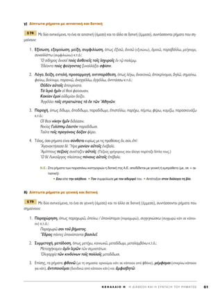 Á) ¢›ÙˆÙ· Ú‹Ì·Ù· ÌÂ ·ÈÙÈ·ÙÈÎ‹ Î·È ‰ÔÙÈÎ‹
ªÂ ‰‡Ô ·ÓÙÈÎÂ›ÌÂÓ·, ÙÔ ¤Ó· ÛÂ ·ÈÙÈ·ÙÈÎ‹ (¿ÌÂÛÔ) Î·È ÙÔ ¿ÏÏÔ ÛÂ ‰ÔÙÈÎ‹ (¤ÌÌÂÛÔ), Û˘ÓÙ¿ÛÛÔÓÙ·È Ú‹Ì·Ù· Ô˘ ÛË-
Ì·›ÓÔ˘Ó:
1. ∂Í›ÛˆÛË, ÂÍÔÌÔ›ˆÛË, ÌÂ›ÍË, Û˘ÌÊÈÏ›ˆÛË, ﬁˆ˜ âÍÈÛá, àÓÈÛá (ÂÍÈÛÒÓˆ), ïÌÔÈá, ·Ú·‚¿ÏÏˆ, ÌÂ›ÁÓ˘ÌÈ,
Û˘Ó·ÏÏ¿ÙÙˆ (Û˘ÌÊÈÏÈÒÓˆ) Î.Ù.ﬁ.:
^O Û›‰ËÚÔ˜ àÓÈÛÔÖ ÙÔf˜ àÛıÂÓÂÖ˜ ÙÔÖ˜ åÛ¯˘ÚÔÖ˜ âÓ Ùˇá ÔÏ¤Ìˇˆ.
E‰¤ÔÓÙÔ ÙÔf˜ ÊÂ‡ÁÔÓÙ·˜ Í˘Ó·ÏÏ¿Í·È ÛÊ›ÛÈÓ.
2. §ﬁÁÔ, ‰Â›ÍË, ÂÓÙÔÏ‹, ÚÔÛ·ÚÌÔÁ‹, ·ÓÙÈ·Ú¿ıÂÛË, ﬁˆ˜ Ï¤Áˆ, àÓ·ÎÔÈÓá, àÔÎÚ›ÓÔÌ·È, ‰ËÏá, ÛËÌ·›Óˆ,
Ê·›Óˆ, ‰Â›ÎÓ˘ÌÈ, ·Ú·ÈÓá, àÓ·ÁÁ¤ÏÏˆ, àÁÁ¤ÏÏˆ, àÓÙÈÙ¿ÛÛˆ Î.Ù.ﬁ.:
√é‰bÓ ·éÙÔÖ˜ àÂÎÚ›Ó·ÙÔ.
Δa îÂÚa ìÌÖÓ Ôî ıÂÔd Ê·›ÓÔ˘ÛÈÓ.
∫·Î›·Ó âÌÔd Ôé‰ÂÌ›·Ó ‰Â›ÍÂÈ.
AÁÁ¤ÏÏÂÈ ÙÔÖ˜ ÛÙÚ·ÙÈÒÙ·È˜ Ùa âÎ ÙáÓ AıËÓáÓ.
3. ¶·ÚÔ¯‹, ﬁˆ˜ ‰›‰ˆÌÈ, àÔ‰›‰ˆÌÈ, ·Ú·‰›‰ˆÌÈ, âÈÛÙ¤ÏÏˆ, ·Ú¤¯ˆ, ¤Ìˆ, Ê¤Úˆ, ÎÔÌ›˙ˆ, ·Ú·ÛÎÂ˘¿˙ˆ
Î.Ù.ﬁ.:
√î ıÂÔd Ó›ÎËÓ ìÌÖÓ ‰È‰ﬁ·ÛÈÓ.
¡ÈÎ›·˜ °˘Ï›ˇˆ ë·˘ÙeÓ ·Ú·‰›‰ˆÛÈ.
Δ·ÜÙ· ÙÔÖ˜ ÚÔÁﬁÓÔÈ˜ ‰ﬁÍ·Ó Ê¤ÚÂÈ.
4. T¤ÏÔ˜, ﬁÛ· Ú‹Ì·Ù· Â›Ó·È Û‡ÓıÂÙ· Î˘Ú›ˆ˜ ÌÂ ÙÈ˜ ÚÔı¤ÛÂÈ˜ âÓ, Û‡Ó, â›:
AÁ·Ó·ÎÙ‹Û·Û· ‰b ≠HÚ· Ì·Ó›·Ó ·éÙÔÖ˜ âÓ¤‚·ÏÂ.
^AÌ›Ô˘˜ Â˙Ôf˜ Û˘Ó¤Ù·ÍÂÓ ·éÙÔÖ˜. (¶Â˙Ô‡˜ ÁÚ‹ÁÔÚÔ˘˜ Û·Ó ¿ÏÔÁ· ·Ú¤Ù·ÍÂ ‰›Ï· ÙÔ˘˜.)
^O ‰b §˘ÎÔÜÚÁÔ˜ ÏÂ›ÛÙÔ˘˜ ﬁÓÔ˘˜ ·éÙÔÖ˜ â¤‚·ÏÂ.
N.E.: ™Ù· Ú‹Ì·Ù· ÙˆÓ ·Ú·¿Óˆ Î·ÙËÁÔÚÈÒÓ Ë ‰ÔÙÈÎ‹ ÙË˜ A.E. ·Ô‰›‰ÂÙ·È ÌÂ ÁÂÓÈÎ‹ ‹ ÂÌÚﬁıÂÙÔ (ÌÂ, ÛÂ + ·È-
ÙÈ·ÙÈÎ‹):
ñ ™Ô˘ Â›Â ÙËÓ ·Ï‹ıÂÈ·. ñ ΔÔÓ Û˘ÌÊÈÏ›ˆÛÂ ÌÂ ÙÔÓ ·‰ÂÚÊﬁ ÙÔ˘. ñ ∞ÓÙ¤Ù·Í·Ó ÛÙÔÓ ‰È¿ÏÔÁÔ ÙË ‚›·.
‰) ¢›ÙˆÙ· Ú‹Ì·Ù· ÌÂ ÁÂÓÈÎ‹ Î·È ‰ÔÙÈÎ‹
ªÂ ‰‡Ô ·ÓÙÈÎÂ›ÌÂÓ·, ÙÔ ¤Ó· ÛÂ ÁÂÓÈÎ‹ (¿ÌÂÛÔ) Î·È ÙÔ ¿ÏÏÔ ÛÂ ‰ÔÙÈÎ‹ (¤ÌÌÂÛÔ), Û˘ÓÙ¿ÛÛÔÓÙ·È Ú‹Ì·Ù· Ô˘
ÛËÌ·›ÓÔ˘Ó:
1. ¶·Ú·¯ÒÚËÛË, ﬁˆ˜ ·Ú·¯ˆÚá, ñÂ›Îˆ / ñ·Ó›ÛÙ·Ì·È (·Ú·¯ˆÚÒ), Û˘ÁÁÈÁÓÒÛÎˆ (Û˘Á¯ˆÚÒ Î¿ÙÈ ÛÂ Î¿ÔÈ-
ÔÓ) Î.Ù.ﬁ.:
¶·Ú·¯ˆÚá ÛÔÈ ÙÔÜ ‚‹Ì·ÙÔ˜.
≠E‰Ú·˜ ¿ÓÙÂ˜ ñ·Ó›ÛÙ·ÓÙ·È ‚·ÛÈÏÂÖ.
2. ™˘ÌÌÂÙÔ¯‹, ÌÂÙ¿‰ÔÛË, ﬁˆ˜ ÌÂÙ¤¯ˆ, ÎÔÈÓˆÓá, ÌÂÙ·‰›‰ˆÌÈ, ÌÂÙ·Ï·Ì‚¿Óˆ Î.Ù.ﬁ.:
ªÂÙÂÛ¯‹Î·ÌÂÓ ñÌÖÓ îÂÚáÓ ÙáÓ ÛÂÌÓÔÙ¿ÙˆÓ.
OÏÈÁ·Ú¯›· ÙáÓ ÎÈÓ‰‡ÓˆÓ ÙÔÖ˜ ÔÏÏÔÖ˜ ÌÂÙ·‰›‰ˆÛÈ.
3. ∂›ÛË˜, Ù· Ú‹Ì·Ù· ÊıÔÓá (ÌÂ ÙË ÛËÌ·Û›·: ·ÚÓÔ‡Ì·È Î¿ÙÈ ÛÂ Î¿ÔÈÔÓ ·ﬁ ÊıﬁÓÔ), Ì¤ÌÊÔÌ·È (ÂÈÎÚ›Óˆ Î¿ÔÈÔÓ
ÁÈ· Î¿ÙÈ), àÓÙÈÔÈÔÜÌ·È (‰ÈÂÎ‰ÈÎÒ ·ﬁ Î¿ÔÈÔÓ Î¿ÙÈ) Î·È àÌÊÈÛ‚ËÙá:
¨ 79
¨ 78
K E º ∞ § ∞ π O H ΄ H ¢ I A £ E ™ H K A I H ™ Y N T A • H T O Y P H M A T O ™ 61
 