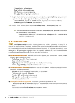 ª‹ ÌÔÈ ÊıÔÓ‹Û÷Ë˜ ÙÔÜ Ì·ı‹Ì·ÙÔ˜.
ΔÔÜ‰’ Ôé‰Âd˜ iÓ âÓ‰›Îˆ˜ Ì¤Ì„·ÈÙﬁ ÌÔÈ.
OûÙÂ ‚·ÛÈÏÂÖ àÓÙÈÔÈÔ‡ÌÂı· ÙÉ˜ àÚ¯É˜.
Oé‰Âd˜ äÌÊÂÛ‚‹ÙËÛÂ ÙÉ˜ ÎÏËÚÔÓÔÌ›·˜ âÎÂ›Óˇˆ.
4. T¤ÏÔ˜, Ù· Ú‹Ì·Ù· ÙÈÌá (ÌÂ ÙË ÛËÌ·Û›·: ÔÚ›˙ˆ ÁÈ· Î¿ÔÈÔÓ ÔÈÓ‹ ˆ˜ ‰ÈÎ·ÛÙ‹˜) Î·È ÙÈÌáÌ·È (ÌÂ ÙË ÛËÌ·Û›·: ÚÔÙÂ›-
Óˆ ÁÈ· Î¿ÔÈÔÓ ÔÈÓ‹ ˆ˜ Î·Ù‹ÁÔÚÔ˜ ‹ ÁÈ· ÙÔÓ Â·˘Ùﬁ ÌÔ˘ ˆ˜ Î·ÙËÁÔÚÔ‡ÌÂÓÔ˜):
AıËÓ·ÖÔÈ ¶ÂÚÈÎÏÂÖ çÏ›ÁÔ˘ ‰b Î·d ı·Ó¿ÙÔ˘ âÙ›ÌËÛ·Ó. (·Ú¿ Ï›ÁÔ Ó· Î·Ù·‰ÈÎ¿ÛÔ˘Ó Î·È ÛÂ ı¿Ó·ÙÔ)
Δˇá ·ÙÚd âÙÈÌ‹Û·ÙÔ ‰¤Î· Ù·Ï¿ÓÙˆÓ. (ÚﬁÙÂÈÓÂ ÚﬁÛÙÈÌÔ)
➤ ∏ ÁÂÓÈÎ‹ ÌÂ ·˘Ù¿ Ù· ‰ÈÎ·ÓÈÎ¿ Ú‹Ì·Ù· ÔÓÔÌ¿˙ÂÙ·È ÁÂÓÈÎ‹ ÙË˜ ÔÈÓ‹˜ ‹ ÙÔ˘ ÙÈÌ‹Ì·ÙÔ˜ (‚Ï. ¨ 151‰).
N.E.:Δ· Ú‹Ì·Ù· ÙˆÓ ·Ú·¿Óˆ Î·ÙËÁÔÚÈÒÓ Û˘ÓÙ¿ÛÛÔÓÙ·È ÌÂ ÁÂÓÈÎ‹ Î·È ·ÈÙÈ·ÙÈÎ‹, ÌÂ ·ÈÙÈ·ÙÈÎ‹ Î·È ÂÌÚﬁıÂÙÔ
‹ ÌÂ ‰‡Ô ÂÌÚﬁıÂÙÔ˘˜ ÚÔÛ‰ÈÔÚÈÛÌÔ‡˜:
ñ ªÔ˘ ·Ú·¯ÒÚËÛÂ ÙÔ Û›ÙÈ ÙÔ˘. ñ ΔÔÓ Î·Ù·‰›Î·Û·Ó ÛÂ Ê˘Ï¿ÎÈÛË ‰‡Ô ÂÙÒÓ. ñ ™˘ÌÌÂÙÂ›¯Â ÌÂ ÙËÓ
ÔÌ¿‰· ÙÔ˘ ÛÙÔ˘˜ ËÌÈÙÂÏÈÎÔ‡˜.
μ. H ¢OTIKH ¶PO™ø¶IKH
∏ ‰ÔÙÈÎ‹ ÚÔÛˆÈÎ‹ Â›Ó·È ‰ÔÙÈÎ‹ ÔÓﬁÌ·ÙÔ˜ ‹ ·ÓÙˆÓ˘Ì›·˜, Û˘Ó‹ıˆ˜ ÚÔÛˆÈÎ‹˜, Î·È Ê·ÓÂÚÒÓÂÈ ÙÔ
ÚﬁÛˆÔ ÁÈ· ÙÔ ÔÔ›Ô ˘¿Ú¯ÂÈ ‹ Á›ÓÂÙ·È Î¿ÙÈ. ™Â ·ÓÙ›ıÂÛË ÌÂ ÙÔ ·ÓÙÈÎÂ›ÌÂÓÔ ÛÂ ‰ÔÙÈÎ‹ Ô˘ ·Ó·Ê¤ÚÂÙ·È ÌﬁÓÔ ÛÙÔ Ú‹-
Ì·, Ë ‰ÔÙÈÎ‹ ÚÔÛˆÈÎ‹ ÌÔÚÂ› Ó· ·Ó·Ê¤ÚÂÙ·È ÛÙÔ ÂÚÈÂ¯ﬁÌÂÓÔ ÔÏﬁÎÏËÚË˜ ÙË˜ ÚﬁÙ·ÛË˜. ∞ÓÙÈÛÙÔÈ¯Â› ÛÙË ÁÂÓÈÎ‹
ÚÔÛˆÈÎ‹ ÙË˜ ¡.∂. Î·È Û˘ÓÔ‰Â‡ÂÈ ·ÚﬁÛˆ· Ú‹Ì·Ù· Î·È ·ÚﬁÛˆÂ˜ ÂÎÊÚ¿ÛÂÈ˜ (‚Ï. ¨ 86) ‹ ÚÔÛˆÈÎ¿ Ú‹Ì·Ù·
ÔÔÈ·Û‰‹ÔÙÂ ÛËÌ·Û›·˜ Î·È ‰È¿ıÂÛË˜. ™ÙË ‰Â‡ÙÂÚË ÂÚ›ÙˆÛË ‰È·ÎÚ›ÓÂÙ·È ÛÂ:
·) ¢ÔÙÈÎ‹ ÚÔÛˆÈÎ‹ ÎÙËÙÈÎ‹Ø Ê·ÓÂÚÒÓÂÈ ÙÔÓ ÎÙ‹ÙÔÚ· Î·È Û˘ÓÙ¿ÛÛÂÙ·È ÌÂ Ù· Ú‹Ì·Ù· ÂåÌ›, Á›ÁÓÔÌ·È, ñ¿Ú¯ˆ,
ﬁÙ·Ó ·˘Ù¿ ¤¯Ô˘Ó ÙË ÛËÌ·Û›· ÙÔ˘ «¤¯ˆ»:
¶·Ö‰Â˜ ‰¤ ÌÔÈ Ôûˆ ÂåÛ›Ó. (¶·È‰È¿ ‰ÂÓ ¤¯ˆ ·ÎﬁÌ·.)
Δ› ÌÔÈ Ï¤ÔÓ âÛÙ›; (TÈ ﬁÊÂÏÔ˜ ¤¯ˆ;)
Δˇá ‰ÈÎ·›ˇˆ ·Úa ÙáÓ ıÂáÓ ‰áÚ· Á›ÁÓÂÙ·È. (√ ‰›Î·ÈÔ˜ ¤¯ÂÈ ‰ÒÚ· ·ﬁ ÙÔ˘˜ ıÂÔ‡˜.)
¢Ô˘ÏÂ›· ñ¿Ú¯ÂÈ ·éÙÔÖ˜. (∞˘ÙÔ› ¤¯Ô˘Ó ‰Ô˘ÏÂ›· / Â›Ó·È ˘Ô‰Ô˘ÏˆÌ¤ÓÔÈ.)
‚) ¢ÔÙÈÎ‹ ÚÔÛˆÈÎ‹ ¯·ÚÈÛÙÈÎ‹Ø Ê·ÓÂÚÒÓÂÈ ÙÔ ÚﬁÛˆÔ Ô˘ ˆÊÂÏÂ›Ù·È, ÙÔ ÚﬁÛˆÔ ÁÈ· ¯¿ÚË ÙÔ˘ ÔÔ›Ô˘
Á›ÓÂÙ·È ·˘Ùﬁ Ô˘ ‰ËÏÒÓÂÈ Ë ÚﬁÙ·ÛË:
∫¿ÏÂÈ ÌÔÈ ÙÔf˜ ÔåÎ¤Ù·˜. (∫¿ÏÂÛ¤ ÌÔ˘ / Î¿ÏÂÛÂ ÁÈ· ¯¿ÚË ÌÔ˘ ÙÔ˘˜ ˘ËÚ¤ÙÂ˜.)
oHÏıÔÓ £ÂÙÙ·ÏáÓ îÂÖ˜ ÙÔÖ˜ AıËÓ·›ÔÈ˜.
EÚÈ¿ÌËÓ ñÌÖÓ àÁ·ıa ÏÂÖÛÙ·. (·ÁﬁÚ·Û· ÁÈ· Û·˜)
¶Ä˜ àÓcÚ ·ñÙˇá ÔÓÂÖ. (ÎÔÈ¿˙ÂÈ ÁÈ· ÙÔÓ Â·˘Ùﬁ ÙÔ˘)
N.E.: O ÛÎ‡ÏÔ˜ ÌÔ‡ Ê˘Ï¿ÂÈ ÙÔ Û›ÙÈ.
Á) ¢ÔÙÈÎ‹ ÚÔÛˆÈÎ‹ ·ÓÙÈ¯·ÚÈÛÙÈÎ‹Ø Ê·ÓÂÚÒÓÂÈ ÙÔ ÚﬁÛˆÔ Ô˘ ‚Ï¿ÙÂÙ·È ·ﬁ Î¿ÙÈ:
≠H‰Â ì ìÌ¤Ú· ÙÔÖ˜ ≠EÏÏËÛÈ ÌÂÁ¿ÏˆÓ Î·ÎáÓ ôÚÍÂÈ. (∏ ÛËÌÂÚÈÓ‹ ËÌ¤Ú· ı· Â›Ó·È ÁÈ· ÙÔ˘˜ ŒÏÏËÓÂ˜ Ë ·Ú¯‹ ÌÂÁ¿ÏˆÓ
‰ÂÈÓÒÓ.)
¶¿ÓÙÂ˜ ¿ÓÙ· Î·Îa ÓÔÔÜÛÈ Ùˇá Ù˘Ú¿ÓÓˇˆ. (ÛÎ¤ÊÙÔÓÙ·È ÁÈ· ÙÔÓ Ù‡Ú·ÓÓÔ)
¨ 80
M E ƒ O ™ ¶ ƒ ø Δ O ∏ ¶ ƒ O Δ ∞ ™ ∏ ∫ ∞ π O π O ƒ O π Δ ∏ ™62
 