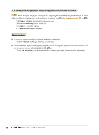 2. ∏ ‰ÔÙÈÎ‹ ÚÔÛˆÈÎ‹ ÎÔÓÙ¿ ÛÂ ·ÚﬁÛˆ· Ú‹Ì·Ù· Î·È ·ÚﬁÛˆÂ˜ ÂÎÊÚ¿ÛÂÈ˜
∫ÔÓÙ¿ ÛÂ ·ÚﬁÛˆ· Ú‹Ì·Ù· Î·È ·ÚﬁÛˆÂ˜ ÂÎÊÚ¿ÛÂÈ˜ Ù›ıÂÙ·È Û˘Ó‹ıˆ˜ ¤Ó·˜ ÚÔÛ‰ÈÔÚÈÛÌﬁ˜ ÛÂ ‰ÔÙÈÎ‹
ÙÒÛË Ô˘ ‰ËÏÒÓÂÈ ÙÔ ÚﬁÛˆÔ ÛÙÔ ÔÔ›Ô ·Ó·Ê¤ÚÂÙ·È ÙÔ Ú‹Ì· Î·È ÔÓÔÌ¿˙ÂÙ·È ‰ÔÙÈÎ‹ ÚÔÛˆÈÎ‹ (‚Ï. Î·È ¨ 80):
òEÍÂÛÙ› ÛÔÈ, t ˘î¤, ÛáÛ·È ÙeÓ ·Ù¤Ú·. (Â›Ó·È ‰˘Ó·ÙﬁÓ ÛÂ Û¤Ó·)
òA‰ËÏÔÓ ·ÓÙd àÓıÚÒˇˆ ¬÷Ë Ùe Ì¤ÏÏÔÓ ≤ÍÂÈ.
òE‰ÔÍ¤ ÌÔÈ ÙcÓ âÈÛÙÔÏcÓ ¤ÌÂÈÓ.
N.E.: ªÔ˘ Â›Ó·È ·‰‡Ó·ÙÔÓ Ó· ÛÂ Î·Ù·Ï¿‚ˆ.
·) ªÂ ÔÚÈÛÌ¤Ó· ·ÚﬁÛˆ· ·ıËÙÈÎ¿ Ú‹Ì·Ù· Ë ‰ÔÙÈÎ‹ Â›Ó·È ·ÓÙÈÎÂ›ÌÂÓÔ:
HÁÁ¤ÏıË ¶ÂÚÈÎÏÂÖ ¬ÙÈ ª¤Á·Ú· àÊ¤ÛÙËÎÂ. (·ÔÛÙ¿ÙËÛ·Ó)
‚) K¿ÔÈ· ·ÚﬁÛˆ· Ú‹Ì·Ù·, ﬁˆ˜ Ù· Ì¤ÏÂÈ, ÌÂÙ·Ì¤ÏÂÈ, Ì¤ÙÂÛÙÈ, ïÌÔÏÔÁÂÖÙ·È, ·ÚÂÛÎÂ‡·ÛÙ·È, Û˘ÓÙ¿ÛÛÔÓÙ·È ÌÂ ‰Ô-
ÙÈÎ‹ ÚÔÛˆÈÎ‹ ÙÔ˘ ÂÓÂÚÁÔ‡ÓÙÔ˜ ÚÔÛÒÔ˘ (‚Ï. ¨ 80Ë):
EÂÈ‰c ÙÔÖ˜ ∫ÔÚÈÓı›ÔÈ˜ ·ÚÂÛÎÂ‡·ÛÙÔ, öÏÂÔÓ âd ÙcÓ ∫¤ÚÎ˘Ú·Ó. (·ÊÔ‡ Â›¯·Ó È· ÂÙÔÈÌ·ÛÙÂ› ÔÈ ∫ÔÚ›ÓıÈÔÈ)
¶·Ú·ÙËÚ‹ÛÂÈ˜
¨ 86
M E ƒ O ™ ¶ ƒ ø Δ O ∏ ¶ ƒ O Δ ∞ ™ ∏ ∫ ∞ π O π O ƒ O π Δ ∏ ™68
 