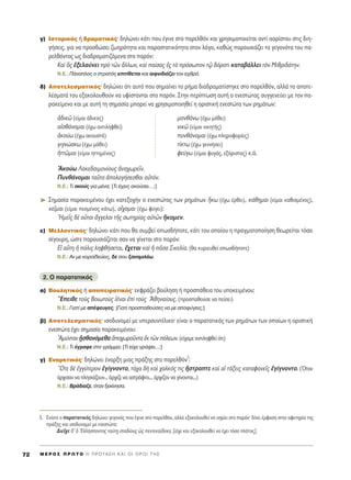 Á) πÛÙÔÚÈÎﬁ˜ ‹ ‰Ú·Ì·ÙÈÎﬁ˜Ø ‰ËÏÒÓÂÈ Î¿ÙÈ Ô˘ ¤ÁÈÓÂ ÛÙÔ ·ÚÂÏıﬁÓ Î·È ¯ÚËÛÈÌÔÔÈÂ›Ù·È ·ÓÙ› ·ÔÚ›ÛÙÔ˘ ÛÙÈ˜ ‰ÈË-
Á‹ÛÂÈ˜, ÁÈ· Ó· ÚÔÛ‰ÒÛÂÈ ˙ˆËÚﬁÙËÙ· Î·È ·Ú·ÛÙ·ÙÈÎﬁÙËÙ· ÛÙÔÓ ÏﬁÁÔ, Î·ıÒ˜ ·ÚÔ˘ÛÈ¿˙ÂÈ Ù· ÁÂÁÔÓﬁÙ· ÙÔ˘ ·-
ÚÂÏıﬁÓÙÔ˜ ˆ˜ ‰È·‰Ú·Ì·ÙÈ˙ﬁÌÂÓ· ÛÙÔ ·ÚﬁÓ:
∫·d n˜ âÍÂÏ·‡ÓÂÈ Úe ÙáÓ ôÏÏˆÓ, Î·d ·›Û·˜ â˜ Ùe ÚﬁÛˆÔÓ Ùˇá ‰ﬁÚ·ÙÈ Î·Ù·‚¿ÏÏÂÈ ÙeÓ ªÈıÚÈ‰¿ÙËÓ.
N.E.: ¶¿ÓÔÏÔ˜ Ô ÛÙÚ·Ùﬁ˜ ÂÈÙ›ıÂÙ·È Î·È ·ÈÊÓÈ‰È¿˙ÂÈ ÙÔÓ Â¯ıÚﬁ.
‰) ∞ÔÙÂÏÂÛÌ·ÙÈÎﬁ˜Ø ‰ËÏÒÓÂÈ ﬁÙÈ ·˘Ùﬁ Ô˘ ÛËÌ·›ÓÂÈ ÙÔ Ú‹Ì· ‰È·‰Ú·Ì·Ù›ÛÙËÎÂ ÛÙÔ ·ÚÂÏıﬁÓ, ·ÏÏ¿ Ù· ·ÔÙÂ-
Ï¤ÛÌ·Ù¿ ÙÔ˘ ÂÍ·ÎÔÏÔ˘ıÔ‡Ó Ó· ˘Ê›ÛÙ·ÓÙ·È ÛÙÔ ·ÚﬁÓ. ™ÙËÓ ÂÚ›ÙˆÛË ·˘Ù‹ Ô ÂÓÂÛÙÒÙ·˜ Û˘ÁÁÂÓÂ‡ÂÈ ÌÂ ÙÔÓ ·-
Ú·ÎÂ›ÌÂÓÔ Î·È ÌÂ ·˘Ù‹ ÙË ÛËÌ·Û›· ÌÔÚÂ› Ó· ¯ÚËÛÈÌÔÔÈËıÂ› Ë ÔÚÈÛÙÈÎ‹ ÂÓÂÛÙÒÙ· ÙˆÓ ÚËÌ¿ÙˆÓ:
à‰ÈÎá (Â›Ì·È ¿‰ÈÎÔ˜) Ì·Óı¿Óˆ (¤¯ˆ Ì¿ıÂÈ)
·åÛı¿ÓÔÌ·È (¤¯ˆ ·ÓÙÈÏËÊıÂ›) ÓÈÎá (Â›Ì·È ÓÈÎËÙ‹˜)
àÎÔ‡ˆ (¤¯ˆ ·ÎÔ˘ÛÙ¿) ˘Óı¿ÓÔÌ·È (¤¯ˆ ÏËÚÔÊÔÚ›Â˜)
ÁÈÁÓÒÛÎˆ (¤¯ˆ Ì¿ıÂÈ) Ù›ÎÙˆ (¤¯ˆ ÁÂÓÓ‹ÛÂÈ)
ìÙÙáÌ·È (Â›Ì·È ËÙÙËÌ¤ÓÔ˜) ÊÂ‡Áˆ (Â›Ì·È Ê˘Á¿˜, ÂÍﬁÚÈÛÙÔ˜) Î.¿.
AÎÔ‡ˆ §·ÎÂ‰·ÈÌÔÓ›Ô˘˜ àÓ·¯ˆÚÂÖÓ.
¶˘Óı¿ÓÔÌ·È Ù·ÜÙ· àÔÏÔÁ‹ÛÂÛı·È ·éÙﬁÓ.
N.E.: ΔÈ ·ÎÔ‡˜ ÁÈ· Ì¤Ó·; [ΔÈ ¤¯ÂÈ˜ ·ÎÔ‡ÛÂÈ…;]
➤ ™ËÌ·Û›· ·Ú·ÎÂÈÌ¤ÓÔ˘ ¤¯ÂÈ Î·ÙÂÍÔ¯‹Ó Ô ÂÓÂÛÙÒÙ·˜ ÙˆÓ ÚËÌ¿ÙˆÓ ≥Îˆ (¤¯ˆ ¤ÚıÂÈ), Î¿ıËÌ·È (Â›Ì·È Î·ıÈÛÌ¤ÓÔ˜),
ÎÂÖÌ·È (Â›Ì·È ÂÛÌ¤ÓÔ˜ Î¿Ùˆ), Ôú¯ÔÌ·È (¤¯ˆ Ê‡ÁÂÈ):
^HÌÂÖ˜ ‰b ÔyÙÔÈ ôÁÁÂÏÔÈ ÙÉ˜ ÛˆÙËÚ›·˜ ·éÙáÓ ≥ÎÔÌÂÓ.
Â) ªÂÏÏÔÓÙÈÎﬁ˜Ø ‰ËÏÒÓÂÈ Î¿ÙÈ Ô˘ ı· Û˘Ì‚Â› ÔˆÛ‰‹ÔÙÂ, Î¿ÙÈ ÙÔ˘ ÔÔ›Ô˘ Ë Ú·ÁÌ·ÙÔÔ›ËÛË ıÂˆÚÂ›Ù·È ÙﬁÛÔ
Û›ÁÔ˘ÚË, ÒÛÙÂ ·ÚÔ˘ÛÈ¿˙ÂÙ·È Û·Ó Ó· Á›ÓÂÙ·È ÛÙÔ ·ÚﬁÓ:
∂å ·≈ÙË ì ﬁÏÈ˜ ÏËÊı‹ÛÂÙ·È, ö¯ÂÙ·È Î·d ì ÄÛ· ™ÈÎÂÏ›·. (ı· Î˘ÚÈÂ˘ıÂ› ÔˆÛ‰‹ÔÙÂ)
N.E.: ∞Ó ÌÂ ÎÔÚÔ˚‰Â‡ÂÈ˜, ‰Â ÛÔ˘ Í·Ó·ÌÈÏ¿ˆ.
2. O ·Ú·Ù·ÙÈÎﬁ˜
·) μÔ˘ÏËÙÈÎﬁ˜ ‹ ·ÔÂÈÚ·ÙÈÎﬁ˜Ø ÂÎÊÚ¿˙ÂÈ ‚Ô‡ÏËÛË ‹ ÚÔÛ¿ıÂÈ· ÙÔ˘ ˘ÔÎÂÈÌ¤ÓÔ˘:
òEÂÈıÂ ÙÔf˜ μÔÈˆÙÔf˜ å¤Ó·È âd ÙÔf˜ AıËÓ·›Ô˘˜. (ÚÔÛ·ıÔ‡ÛÂ Ó· Â›ÛÂÈ)
N.E.: °È·Ù› ÌÂ ·¤ÊÂ˘ÁÂ˜; [°È·Ù› ÚÔÛ·ıÔ‡ÛÂ˜ Ó· ÌÂ ·ÔÊ‡ÁÂÈ˜;]
‚) ∞ÔÙÂÏÂÛÌ·ÙÈÎﬁ˜Ø ÈÛÔ‰˘Ó·ÌÂ› ÌÂ ˘ÂÚÛ˘ÓÙ¤ÏÈÎÔØ Â›Ó·È Ô ·Ú·Ù·ÙÈÎﬁ˜ ÙˆÓ ÚËÌ¿ÙˆÓ ÙˆÓ ÔÔ›ˆÓ Ë ÔÚÈÛÙÈÎ‹
ÂÓÂÛÙÒÙ· ¤¯ÂÈ ÛËÌ·Û›· ·Ú·ÎÂÈÌ¤ÓÔ˘:
AÌ‡ÓÙ·Ó FäÛı·ÓﬁÌÂı· àÔ¯ˆÚÔÜÓÙ· âÎ ÙáÓ ﬁÏÂˆÓ. (Â›¯·ÌÂ ·ÓÙÈÏËÊıÂ› ﬁÙÈ)
N.E.: ΔÈ ¤ÁÚ·ÊÂ ÛÙÔ ÁÚ¿ÌÌ·; [TÈ Â›¯Â ÁÚ¿„ÂÈ...;]
Á) ∂Ó·ÚÎÙÈÎﬁ˜Ø ‰ËÏÒÓÂÈ ¤Ó·ÚÍË ÌÈ·˜ Ú¿ÍË˜ ÛÙÔ ·ÚÂÏıﬁÓ
5
:
≠OÙÂ ‰b âÁÁ‡ÙÂÚÔÓ âÁ›ÁÓÔÓÙÔ, Ù¿¯· ‰c Î·d ¯·ÏÎﬁ˜ ÙÈ˜ õÛÙÚ·ÙÂ Î·d ·î Ù¿ÍÂÈ˜ Î·Ù·Ê·ÓÂÖ˜ âÁ›ÁÓÔÓÙÔ. (ŸÙ·Ó
¿Ú¯ÈÛ·Ó Ó· ÏËÛÈ¿˙Ô˘Ó... ¿Ú¯È˙Â Ó· ·ÛÙÚ¿ÊÙÂÈ... ¿Ú¯È˙·Ó Ó· Á›ÓÔÓÙ·È...)
N.E.: μÚ¿‰È·˙Â, ﬁÙ·Ó ÍÂÎ›ÓËÛ·.
M E ƒ O ™ ¶ ƒ ø Δ O ∏ ¶ ƒ O Δ ∞ ™ ∏ ∫ ∞ π O π O ƒ O π Δ ∏ ™72
5. ∂Ó›ÔÙÂ Ô ·Ú·Ù·ÙÈÎﬁ˜ ‰ËÏÒÓÂÈ ÁÂÁÔÓﬁ˜ Ô˘ ¤ÁÈÓÂ ÛÙÔ ·ÚÂÏıﬁÓ, ·ÏÏ¿ ÂÍ·ÎÔÏÔ˘ıÂ› Ó· ÈÛ¯‡ÂÈ ÛÙÔ ·ÚﬁÓØ ‰›ÓÂÈ ¤ÌÊ·ÛË ÛÙËÓ ·ÊÂÙËÚ›· ÙË˜
Ú¿ÍË˜ Î·È ÈÛÔ‰˘Ó·ÌÂ› ÌÂ ÂÓÂÛÙÒÙ·:
¢ÈÂÖ¯Â ‰’ ï ^EÏÏ‹ÛÔÓÙÔ˜ Ù·‡Ù÷Ë ÛÙ·‰›Ô˘˜ ó˜ ÂÓÙÂÎ·›‰ÂÎ·. [Â›¯Â Î·È ÂÍ·ÎÔÏÔ˘ıÂ› Ó· ¤¯ÂÈ ÙﬁÛÔ Ï¿ÙÔ˜]
 