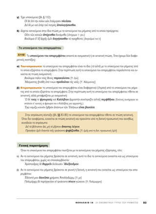 K E º ∞ § ∞ π O I ∞ ΄ O I O N O M A T I K O I T Y ¶ O I T O Y P H M A T O ™ 83
Á) Œ¯ÂÈ ˘ÔÎÂ›ÌÂÓÔ (‚Ï. ¨ 112):
√î ‰b âd ÙcÓ ﬁÏÈÓ ÔéÎ âÙﬁÏÌËÛ·Ó ÏÂÜÛ·È.
¢ÂÖ ‰¤ ÌÂ Î·d ñbÚ ÙÔÜ ·ÙÚe˜ àÔÏÔÁ‹Û·Ûı·È.
‰) ¢¤¯ÂÙ·È ·ÓÙÈÎÂ›ÌÂÓÔ ÛÙËÓ ›‰È· ÙÒÛË ÌÂ ÙÔ ·ÓÙÈÎÂ›ÌÂÓÔ ÙÔ˘ Ú‹Ì·ÙÔ˜ ·ﬁ ÙÔ ÔÔ›Ô ÚÔ¤Ú¯ÂÙ·È:
√ûÙÂ ÙáÓ ÎÔÈÓáÓ à¤¯ÂÛı·È ‰˘Ó¿ÌÂı·. [à¤¯ÔÌ·È + ÁÂÓ.]
μÔ‡ÏÔÌ·È ‰’ âÍ àÚ¯É˜ ñÌÖÓ ‰ÈËÁ‹Û·Ûı·È Ùa Ú·¯ı¤ÓÙ·. [‰ÈËÁÔÜÌ·› ÙÈÓ› ÙÈ]
ΔÔ ˘ÔÎÂ›ÌÂÓÔ ÙÔ˘ ··ÚÂÌÊ¿ÙÔ˘
ΔÔ ˘ÔÎÂ›ÌÂÓÔ ÙÔ˘ ··ÚÂÌÊ¿ÙÔ˘ ··ÓÙ¿ ÛÂ ÔÓÔÌ·ÛÙÈÎ‹ ‹ ÛÂ ·ÈÙÈ·ÙÈÎ‹ ÙÒÛË. ŒÙÛÈ ¤¯Ô˘ÌÂ ‰‡Ô ‰È·ÊÔ-
ÚÂÙÈÎ¤˜ Û˘ÓÙ¿ÍÂÈ˜:
·) Δ·˘ÙÔÚÔÛˆ›·Ø ÙÔ ˘ÔÎÂ›ÌÂÓÔ ÙÔ˘ ··ÚÂÌÊ¿ÙÔ˘ Â›Ó·È ÙÔ ›‰ÈÔ (Ùe ·éÙe) ÌÂ ÙÔ ˘ÔÎÂ›ÌÂÓÔ ÙÔ˘ Ú‹Ì·ÙÔ˜ ·ﬁ
ÙÔ ÔÔ›Ô ÂÍ·ÚÙ¿Ù·È ÙÔ ··Ú¤ÌÊ·ÙÔ. ™ÙËÓ ÂÚ›ÙˆÛË ·˘Ù‹ ÙÔ ˘ÔÎÂ›ÌÂÓÔ ÙÔ˘ ··ÚÂÌÊ¿ÙÔ˘ ·Ú·ÏÂ›ÂÙ·È Î·È ÂÓ-
ÓÔÂ›Ù·È ÛÂ ÙÒÛË ÔÓÔÌ·ÛÙÈÎ‹:
μÔ‡ÏÔÌ·È ¿ÏÈÓ ÙÔf˜ ıÂÔf˜ ·Ú·Î·Ï¤Û·È. [À: âÁg]
A‰Â›Ì·ÓÙÔ˜ ÷÷äÙÈ¿ıË ñﬁ ÙÈÓˆÓ ÚÔ‰ÔÜÓ·È Ùa˜ Ó·Ü˜. [À: A‰Â›Ì·ÓÙÔ˜]
‚) ∂ÙÂÚÔÚÔÛˆ›·Ø ÙÔ ˘ÔÎÂ›ÌÂÓÔ ÙÔ˘ ··ÚÂÌÊ¿ÙÔ˘ Â›Ó·È ‰È·ÊÔÚÂÙÈÎﬁ (≤ÙÂÚÔÓ) ·ﬁ ÙÔ ˘ÔÎÂ›ÌÂÓÔ ÙÔ˘ Ú‹Ì·-
ÙÔ˜ ·ﬁ ÙÔ ÔÔ›Ô ÂÍ·ÚÙ¿Ù·È ÙÔ ··Ú¤ÌÊ·ÙÔ. ™ÙËÓ ÂÚ›ÙˆÛË ·˘Ù‹ ÙÔ ˘ÔÎÂ›ÌÂÓÔ ÙÔ˘ ··Ú¤ÌÊ·ÙÔ˘ Ù›ıÂÙ·È ÛÂ
·ÈÙÈ·ÙÈÎ‹, ·ÏÏ¿ ÌÂÙ·ÊÚ¿˙ÂÙ·È ÌÂ ÔÓÔÌ·ÛÙÈÎ‹:
^O ‰b ÙÔ‡˜ ÙÂ ÊÚÔ˘ÚÔf˜ Î·d ∫·ÏÏ›‚ÈÔÓ êÚÌÔÛÙcÓ Û˘Ó¤Ú·ÍÂÓ ·éÙÔÖ˜ ÂÌÊıÉÓ·È. (∂ÎÂ›ÓÔ˜ Û˘Ó‹ÚÁËÛÂ Ó·
ÛÙ·ÏÔ‡Ó Û’ ·˘ÙÔ‡˜ ÔÈ ÊÚÔ˘ÚÔ› Î·È Ô ∫·ÏÏ›‚ÈÔ˜ ÁÈ· ·ÚÌÔÛÙ‹˜.)
EÁg ÓÔÌ›˙ˆ ÎÔÈÓeÓ â¯ıÚeÓ ê¿ÓÙˆÓ ÙáÓ ^EÏÏ‹ÓˆÓ ÂrÓ·È ‚·ÛÈÏ¤·.
ŸÙ·Ó ÙÔ ˘ÔÎÂ›ÌÂÓÔ ÙÔ˘ ··ÚÂÌÊ¿ÙÔ˘ Ù·˘Ù›˙ÂÙ·È ÌÂ ÙÔ ·ÓÙÈÎÂ›ÌÂÓÔ ÙÔ˘ Ú‹Ì·ÙÔ˜ ÂÍ¿ÚÙËÛË˜, ÙﬁÙÂ:
·) ∞Ó ÙÔ ·ÓÙÈÎÂ›ÌÂÓÔ ÙÔ˘ Ú‹Ì·ÙÔ˜ ‚Ú›ÛÎÂÙ·È ÛÂ ·ÈÙÈ·ÙÈÎ‹, ·˘Ùﬁ ÙÔ ›‰ÈÔ ÙÔ ·ÓÙÈÎÂ›ÌÂÓÔ ÂÓÓÔÂ›Ù·È Î·È ˆ˜ ˘ÔÎÂ›ÌÂÓÔ
ÙÔ˘ ··ÚÂÌÊ¿ÙÔ˘, ¯ˆÚ›˜ Ó· Â·Ó·Ï·Ì‚¿ÓÂÙ·È:
AÚ›ÛÙ·Ó‰ÚÔ˜ ‰b ı·ÚÚÂÖÓ âÎ¤ÏÂ˘ÛÂÓ AÏ¤Í·Ó‰ÚÔÓ.
‚) ∞Ó ÙÔ ·ÓÙÈÎÂ›ÌÂÓÔ ÙÔ˘ Ú‹Ì·ÙÔ˜ ‚Ú›ÛÎÂÙ·È ÛÂ ÁÂÓÈÎ‹ ‹ ‰ÔÙÈÎ‹, Ë ·ÈÙÈ·ÙÈÎ‹ ÙÔ˘ ÂÓÓÔÂ›Ù·È ˆ˜ ˘ÔÎÂ›ÌÂÓÔ ÙÔ˘ ··-
ÚÂÌÊ¿ÙÔ˘:
E‰¤ÔÓÙﬁ ÌÔ˘ ‰·ÓÂÖÛ·È ¯Ú‹Ì·Ù· AÔÏÏÔ‰ÒÚˇˆ. [À: ÌÂ]
¶ÔÏÂÌ¿Ú¯ˇˆ ‰b ·Ú‹ÁÁÂÈÏ·Ó Ôî ÙÚÈ¿ÎÔÓÙ· ›ÓÂÈÓ ÎÒÓÂÈÔÓ. [À: ¶ÔÏ¤Ì·Ú¯ÔÓ]
°ÂÓÈÎ‹ ·Ú·Ù‹ÚËÛË
™ÙËÓ ·ÚﬁÛˆË Û‡ÓÙ·ÍË (‚Ï. ¨¨ 83-85) ÙÔ ˘ÔÎÂ›ÌÂÓÔ ÙÔ˘ ··ÚÂÌÊ¿ÙÔ˘ Ù›ıÂÙ·È ÛÂ ÙÒÛË ·ÈÙÈ·ÙÈÎ‹.
ŸÙ·Ó ‰ÂÓ ·Ó·Ê¤ÚÂÙ·È, ÂÓÓÔÂ›Ù·È ÛÂ ÙÒÛË ·ÈÙÈ·ÙÈÎ‹ Î·È ÚÔÎ‡ÙÂÈ ·ﬁ ÙË ‰ÔÙÈÎ‹ ÚÔÛˆÈÎ‹ Ô˘ Û˘Ó‹ıˆ˜
Û˘ÓÔ‰Â‡ÂÈ Ù· ·ÚﬁÛˆ·:
¢ÂÖ Ùe ‚¤ÏÙÈÛÙÔÓ àÂ›, Ìc Ùe ®÷ÄÛÙÔÓ ±·ÓÙ·˜ Ï¤ÁÂÈÓ.
¶ÚÔÛ‹ÎÂÈ ñÌÖÓ âÓ·ÓÙ›· ÙÔÖ˜ ÙÚÈ¿ÎÔÓÙ· „ËÊ›˙ÂÛı·È. [À: ñÌÄ˜ ·ﬁ ÙË ‰ÔÙ. ÚÔÛˆÈÎ‹ ñÌÖÓ]
¨ 112
 