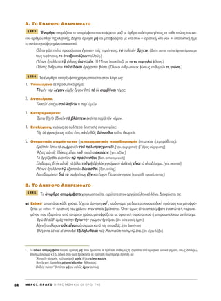 ∞. ΔO ∂¡∞ƒ£ƒO ∞¶∞ƒ∂ªº∞ΔO
ŒÓ·ÚıÚÔ ÔÓÔÌ¿˙ÂÙ·È ÙÔ ··Ú¤ÌÊ·ÙÔ Ô˘ ÂÎÊ¤ÚÂÙ·È Ì·˙› ÌÂ ¿ÚıÚÔ Ô˘‰¤ÙÂÚÔ˘ Á¤ÓÔ˘˜ ÛÂ Î¿ıÂ ÙÒÛË ÙÔ˘ ÂÓÈ-
ÎÔ‡ ·ÚÈıÌÔ‡ ÏËÓ ÙË˜ ÎÏËÙÈÎ‹˜. ¢¤¯ÂÙ·È ¿ÚÓËÛË Ìc Î·È ÌÂÙ·ÊÚ¿˙ÂÙ·È ÌÂ «ÙÔ ﬁÙÈ» + ÔÚÈÛÙÈÎ‹, «ÙÔ Ó·» + ˘ÔÙ·ÎÙÈÎ‹ ‹ ÌÂ
ÙÔ ·ÓÙ›ÛÙÔÈ¯Ô ·ÊËÚËÌ¤ÓÔ Ô˘ÛÈ·ÛÙÈÎﬁ:
√yÙÔÈ ÁaÚ ÙÔÜÙÔ ÚÔÛﬁÌÔÈÔÓ ö¯Ô˘ÛÈÓ ÙÔÖ˜ Ù˘Ú¿ÓÓÔÈ˜, Ùe ÔÏÏáÓ ôÚ¯ÂÈÓ. (¢ÈﬁÙÈ ·˘ÙÔ› ÙÔ‡ÙÔ ¤¯Ô˘Ó ﬁÌÔÈÔ ÌÂ
ÙÔ˘˜ Ù˘Ú¿ÓÓÔ˘˜, ÙÔ ﬁÙÈ ÂÍÔ˘ÛÈ¿˙Ô˘Ó ÔÏÏÔ‡˜.)
ª¤ÓˆÓ äÁ¿ÏÏÂÙÔ Ùˇá Ê›ÏÔ˘˜ ‰È·ÁÂÏÄÓ. (O M¤ÓˆÓ ‰È·ÛÎ¤‰·˙Â ÌÂ ÙÔ Ó· ÂÚÈÁÂÏ¿ Ê›ÏÔ˘˜.)
¶¿ÓÙÂ˜ ôÓıÚˆÔÈ ÙÔÜ Âå‰¤Ó·È çÚ¤ÁÔÓÙ·È Ê‡ÛÂÈ. (ŸÏÔÈ ÔÈ ¿ÓıÚˆÔÈ ÂÎ Ê‡ÛÂˆ˜ ÂÈı˘ÌÔ‡Ó ÙË ÁÓÒÛË.)
ΔÔ ¤Ó·ÚıÚÔ ··Ú¤ÌÊ·ÙÔ ¯ÚËÛÈÌÔÔÈÂ›Ù·È ÛÙÔÓ ÏﬁÁÔ ˆ˜:
1. ÀÔÎÂ›ÌÂÓÔ ÛÂ ÚÔÛˆÈÎﬁ Ú‹Ì·:
Δe ÌbÓ ÁaÚ Ï¤ÁÂÈÓ Âé¯É˜ öÚÁÔÓ âÛÙ›, Ùe ‰b Û˘Ì‚ÉÓ·È Ù‡¯Ë˜.
2. ∞ÓÙÈÎÂ›ÌÂÓÔ:
ΔÔÛÔÜÙ’ à¤¯ˆ ÙÔÜ Ï·‚ÂÖÓ ÙÈ ·Ú’ ñÌáÓ.
3. ∫·ÙËÁÔÚÔ‡ÌÂÓÔ:
òEÛÙˆ ‰c Ùe à‰ÈÎÂÖÓ Ùe ‚Ï¿ÙÂÈÓ ëÎﬁÓÙ· ·Úa ÙeÓ ÓﬁÌÔÓ.
4. ∂ÂÍ‹ÁËÛË, Î˘Ú›ˆ˜ ÛÂ Ô˘‰¤ÙÂÚÔ ‰ÂÈÎÙÈÎ‹˜ ·ÓÙˆÓ˘Ì›·˜:
ΔÉ˜ ‰b ÊÚÔÓ‹ÛÂˆ˜ ÙÔÜÙﬁ âÛÙÈ, Ùe çÚıá˜ ‰‡Ó·Ûı·È Ù·ÜÙ· ıÂˆÚÂÖÓ.
5. OÓÔÌ·ÙÈÎﬁ˜ ÂÙÂÚﬁÙˆÙÔ˜ ‹ ÂÈÚÚËÌ·ÙÈÎﬁ˜ ÚÔÛ‰ÈÔÚÈÛÌﬁ˜ (ÙˆÙÈÎﬁ˜ ‹ ÂÌÚﬁıÂÙÔ˜):
∫ÚÂÖÙÙﬁÓ âÛÙÈÓ Ùe ÛˆÊÚÔÓÂÖÓ ÙÔÜ ÔÏ˘Ú·ÁÌÔÓÂÖÓ. [ÁÂÓ. Û˘ÁÎÚÈÙÈÎ‹Ø ‚′ ﬁÚÔ˜ Û‡ÁÎÚÈÛË˜]
òAÍÈÔ˜ ·éÙÔÖ˜ â‰ﬁÎÂÈ˜ ÂrÓ·È ÙÔÜ ÙÔÈ·ÜÙ· àÎÔ‡ÂÈÓ. [ÁÂÓ. ·Í›·˜]
Δe çÚÁ›˙ÂÛı·È âÓ·ÓÙ›ÔÓ Ùˇá Ú·˛ÓÂÛı·È. [‰ÔÙ. ·ÓÙÈÎÂÈÌÂÓÈÎ‹]
•‡Ó‰ÂÛÌÔ˜ ‰’ qÓ ·éÙÔÖ˜ Ùa Í‡Ï·, ÙÔÜ Ìc ñ„ËÏeÓ ÁÈÁÓﬁÌÂÓÔÓ àÛıÂÓb˜ ÂrÓ·È Ùe ÔåÎÔ‰ﬁÌËÌ·. [ÁÂÓ. ÛÎÔÔ‡]
ª¤ÓˆÓ äÁ¿ÏÏÂÙÔ Ùˇá âÍ··ÙÄÓ ‰‡Ó·Ûı·È. [‰ÔÙ. ·ÈÙ›·˜]
§·ÎÂ‰·ÈÌﬁÓÈÔÈ ‰Èa Ùe ÛˆÊÚﬁÓˆ˜ ˙ÉÓ Î·Ù¤Û¯ÔÓ ¶ÂÏÔﬁÓÓËÛÔÓ. [ÂÌÚﬁı. ÚÔÛ‰. ·ÈÙ›·˜]
B. ΔO A¡∞ƒ£ƒO ∞¶∞ƒ∂ªº∞ΔO
ΔÔ ¿Ó·ÚıÚÔ ··Ú¤ÌÊ·ÙÔ ¯ÚËÛÈÌÔÔÈÂ›Ù·È Â˘Ú‡Ù·Ù· ÛÙÔÓ ·Ú¯·›Ô ÂÏÏËÓÈÎﬁ ÏﬁÁÔ. ¢È·ÎÚ›ÓÂÙ·È ÛÂ:
·) ∂È‰ÈÎﬁØ ··ÓÙ¿ ÛÂ Î¿ıÂ ¯ÚﬁÓÔ, ‰¤¯ÂÙ·È ¿ÚÓËÛË Ôé1
, ÈÛÔ‰˘Ó·ÌÂ› ÌÂ ‰Â˘ÙÂÚÂ‡Ô˘Û· ÂÈ‰ÈÎ‹ ÚﬁÙ·ÛË Î·È ÌÂÙ·ÊÚ¿-
˙ÂÙ·È ÌÂ «ﬁÙÈ» + ÔÚÈÛÙÈÎ‹ ÙÔ˘ ¯ÚﬁÓÔ˘ ÛÙÔÓ ÔÔ›Ô ‚Ú›ÛÎÂÙ·È. ŸÙ·Ó ﬁÌˆ˜ Â›Ó·È ··Ú¤ÌÊ·ÙÔ ÂÓÂÛÙÒÙ· ‹ ·Ú·ÎÂÈ-
Ì¤ÓÔ˘ Ô˘ ÂÍ·ÚÙ¿Ù·È ·ﬁ ÈÛÙÔÚÈÎﬁ ¯ÚﬁÓÔ, ÌÂÙ·ÊÚ¿˙ÂÙ·È ÌÂ ÔÚÈÛÙÈÎ‹ ·Ú·Ù·ÙÈÎÔ‡ ‹ ˘ÂÚÛ˘ÓÙÂÏ›ÎÔ˘ ·ÓÙ›ÛÙÔÈ¯·:
EÁg ‰b Ôûı’ ñÌÄ˜ Ù·‡ÙËÓ ö¯ÂÈÓ ÙcÓ ÁÓÒÌËÓ ìÁÔÜÌ·È. (ﬁÙÈ Ô‡ÙÂ ÂÛÂ›˜ ¤¯ÂÙÂ)
∞åÁÈÓÉÙ·È öÏÂÁÔÓ ÔéÎ ÂrÓ·È ·éÙﬁÓÔÌÔÈ Î·Ùa Ùa˜ ÛÔÓ‰¿˜. (ﬁÙÈ ‰ÂÓ ‹Ù·Ó)
EÏ¤ÁÔÓÙÔ ‰b Î·d ·î ÛÔÓ‰·d âÍÂÏËÏ˘ı¤Ó·È ÙÔÖ˜ ª·ÓÙÈÓÂÜÛÈ ÙÔ‡Ùˇˆ Ùˇá öÙÂÈ. (ﬁÙÈ Â›¯·Ó Ï‹ÍÂÈ)
¨ 115
¨ 114
¨ 113
M E ƒ O ™ ¶ ƒ ø Δ O ∏ ¶ ƒ O Δ ∞ ™ ∏ ∫ ∞ π O π O ƒ O π Δ ∏ ™84
1. ΔÔ ÂÈ‰ÈÎﬁ ··Ú¤ÌÊ·ÙÔ ·›ÚÓÂÈ ¿ÚÓËÛË Ì‹, ﬁÙ·Ó ‚Ú›ÛÎÂÙ·È ÛÂ ÚﬁÙ·ÛË ÂÈı˘Ì›·˜ ‹ ÂÍ·ÚÙ¿Ù·È ·ﬁ ·ÚÓËÙÈÎ¿ ÏÂÎÙÈÎ¿ Ú‹Ì·Ù·, ﬁˆ˜ àÓÙÈÏ¤Áˆ,
àÈÛÙá, àÚÓÔÜÌ·È Î.Ù.ﬁ., ÂÈ‰ÈÎ¿ ﬁÙ·Ó ·˘Ù¿ ‚Ú›ÛÎÔÓÙ·È ÛÂ ÚﬁÙ·ÛË Ô˘ ÂÚÈ¤¯ÂÈ ¿ÚÓËÛË Ôé:
lA ÔÈÂÖÓ ·åÛ¯ÚﬁÓ, Ù·ÜÙ· ÓﬁÌÈ˙Â ÌË‰b Ï¤ÁÂÈÓ ÂrÓ·È Î·ÏﬁÓ.
AÓÙ¤ÏÂÁÔÓ ∫ÔÚ›ÓıÈÔÈ Ìc Û¤Ó‰ÂÛı·È AıËÓ·›ÔÈ˜.
√é‰Âd˜ ÒÔÙ’ àÓÙÂÖÂÓ Ìc Ôé Î·Ïá˜ ö¯ÂÈÓ ·éÙÔ‡˜.
 