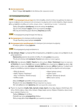 K E º ∞ § ∞ π O I ∞ ΄ O I O N O M A T I K O I T Y ¶ O I T O Y P H M A T O ™ 91
ı) ¢ÔÙÈÎ‹ ÚÔÛˆÈÎ‹:
º‡ÛÂÈ ‰’ ñ¿Ú¯ÂÈ ÙÔÖ˜ ·ÚÔÜÛÈ Ùa ÙáÓ àﬁÓÙˆÓ. [‰ÔÙ. ÚÔÛˆÈÎ‹ ÎÙËÙÈÎ‹]
‚. ∏ Î·ÙËÁÔÚËÌ·ÙÈÎ‹ ÌÂÙÔ¯‹
∏ Î·ÙËÁÔÚËÌ·ÙÈÎ‹ ÌÂÙÔ¯‹ Â›Ó·È ¿ÓÙ· ¿Ó·ÚıÚË, ··ÓÙ¿ ÛÂ ﬁÏÔ˘˜ ÙÔ˘˜ ¯ÚﬁÓÔ˘˜ Ô˘ ¤¯Ô˘Ó ÌÂ-
ÙÔ¯‹ Î·È ·Ó·Ê¤ÚÂÙ·È ÛÙÔ ˘ÔÎÂ›ÌÂÓÔ ‹ ÛÙÔ ·ÓÙÈÎÂ›ÌÂÓÔ ÙÔ˘ Ú‹Ì·ÙÔ˜ ·ﬁ ÙÔ ÔÔ›Ô ÂÍ·ÚÙ¿Ù·È. ¢¤¯ÂÙ·È ¿ÚÓËÛË
Ôé Î·È ÌÂÙ·ÊÚ¿˙ÂÙ·È Û˘Ó‹ıˆ˜ ÌÂ Ù· «ﬁÙÈ», «ˆ˜», «Ô˘» + ÔÚÈÛÙÈÎ‹ ‹ ÌÂ ÙÔ «Ó·» + ˘ÔÙ·ÎÙÈÎ‹:
^P÷·‰›ˆ˜ âÍÂÏÂÁ¯ı‹ÛÂÙ·È „Â˘‰ﬁÌÂÓÔ˜. (∂‡ÎÔÏ· ı· ·Ô‰ÂÈ¯ÙÂ› ﬁÙÈ „Â‡‰ÂÙ·È.)
EÁg ÌbÓ ÙÔ›Ó˘Ó àÂ›ÚËÎ· ÙÚ¤¯ˆÓ. (§ÔÈﬁÓ ÂÁÒ ÎÔ˘Ú¿ÛÙËÎ· Ó· ÙÚ¤¯ˆ.)
√r‰· ÙÔf˜ âÎÂÖ ñÔÏÔ›Ô˘˜ ìÌáÓ à‰˘Ó¿ÙÔ˘˜ âÛÔÌ¤ÓÔ˘˜ àÌ‡Ó·Ûı·È.
∏ Î·ÙËÁÔÚËÌ·ÙÈÎ‹ ÌÂÙÔ¯‹ ÏÂÈÙÔ˘ÚÁÂ› ÛÙÔÓ ÏﬁÁÔ ˆ˜:
·) ∫·ÙËÁÔÚÔ‡ÌÂÓÔ ÛÙÔ ˘ÔÎÂ›ÌÂÓÔ Û˘Ó‰ÂÙÈÎÔ‡ Ú‹Ì·ÙÔ˜:
oHÓ ÁaÚ ¶ÂÚÈÎÏ¤Ô˘˜ ÁÓÒÌË ÚﬁÙÂÚÔÓ ÓÂÓÈÎËÎ˘Ö·.
‚) ∫·ÙËÁÔÚËÌ·ÙÈÎﬁ˜ ÚÔÛ‰ÈÔÚÈÛÌﬁ˜ ÛÙÔ ˘ÔÎÂ›ÌÂÓÔ ‹ ÛÙÔ ·ÓÙÈÎÂ›ÌÂÓÔ ÙÔ˘ Ú‹Ì·ÙÔ˜:
√î ÔÏ¤ÌÈÔÈ ÷õÛıÔÓÙÔ Ùe ùÚÔ˜ â¯ﬁÌÂÓÔÓ.
ªÂ Î·ÙËÁÔÚËÌ·ÙÈÎ‹ ÌÂÙÔ¯‹ Û˘ÓÙ¿ÛÛÔÓÙ·È Ù·:
·) ÂåÌ›, Á›ÁÓÔÌ·È, ñ¿Ú¯ˆØ Ë ÌÂÙÔ¯‹ ¤¯ÂÈ ı¤ÛË Î·ÙËÁÔÚÔ˘Ì¤ÓÔ˘, ÌÂÙ·ÊÚ¿˙ÂÙ·È ˆ˜ Ú‹Ì·, ÂÓÒ Ë ÌÂÙ¿ÊÚ·ÛË ÙÔ˘ Ú‹-
Ì·ÙÔ˜ ·Ú·ÏÂ›ÂÙ·È:
¶ÚÔÛÂÔÈÎﬁÙÂ˜ Á›ÁÓÔÓÙ·È ÙÔÖ˜ ÁÔÓÂÜÛÈÓ Ôî ·Ö‰Â˜. (Δ· ·È‰È¿ ÌÔÈ¿˙Ô˘Ó ÛÙÔ˘˜ ÁÔÓÂ›˜.)
oHÓ ÔsÓ Î·d âÓ âÎÂ›ÓÔÈ˜ ÔÏÏa ÁÈÁÓﬁÌÂÓ·. (°›ÓÔÓÙ·Ó ÏÔÈﬁÓ ÔÏÏ¿ Î·È Û’ ÂÎÂ›Ó· Ù· ¯ÚﬁÓÈ·.)
‚) ‰ÉÏﬁ˜ ÂåÌÈ (Â›Ì·È Ê·ÓÂÚﬁ˜), ‰È·‚Èá / ‰È·Ì¤Óˆ (˙ˆ Î¿Ô˘ ÌﬁÓÈÌ·), ‰È¿Áˆ / ‰È·Á›ÁÓÔÌ·È (ÂÚÓÒ ÙÔÓ Î·ÈÚﬁ ÌÔ˘),
Ôé ‰È·ÏÂ›ˆ (‰Â ÛÙ·Ì·ÙÒ), ‰È·ÙÂÏá (Â›Ì·È Û˘ÓÂ¯Ò˜), Ï·Óı¿Óˆ (Ì¤Óˆ ··Ú·Ù‹ÚËÙÔ˜), Ôú¯ÔÌ·È (¤¯ˆ Ê‡ÁÂÈ), Ù˘Á-
¯¿Óˆ (Û˘Ì‚·›ÓÂÈ Ó· Â›Ì·È, Â›Ì·È), Ê·›ÓÔÌ·È / Ê·ÓÂÚﬁ˜ ÂåÌÈ (Â›Ì·È Ê·ÓÂÚﬁ˜), Êı¿Óˆ (ÚÔÊÙ·›Óˆ)Ø Ù· Ú‹Ì·Ù· ·˘Ù¿
ÌÔÚÂ› Ó· ·Ô‰ÔıÔ‡Ó ÌÂ ÙÚÔÈÎﬁ Â›ÚÚËÌ· Î·È Ë Î·ÙËÁÔÚËÌ·ÙÈÎ‹ ÌÂÙÔ¯‹ Ô˘ ÂÍ·ÚÙ¿Ù·È ·ﬁ ·˘Ù¿ ÌÂ Ú‹Ì·:
‰ÉÏﬁ˜ ÂåÌÈ (Ê·ÓÂÚ¿) Ôú¯ÔÌ·È (ÁÚ‹ÁÔÚ·, ·Ì¤Ûˆ˜)
‰È·‚Èá / ‰È·Ì¤Óˆ / ‰È·Á›ÁÓÔÌ·È / Ù˘Á¯¿Óˆ (Ù˘¯·›·)
‰È¿Áˆ / Ôé ‰È·ÏÂ›ˆ / ‰È·ÙÂÏá (Û˘ÓÂ¯Ò˜) Ê·›ÓÔÌ·È / Ê·ÓÂÚﬁ˜ ÂåÌÈ (Ê·ÓÂÚ¿)
Ï·Óı¿Óˆ (ÎÚ˘Ê¿) Êı¿Óˆ (ÚÒÙ·, ÚÒÙÔ˜)
¢ÉÏÔ˜ qÓ âÈı˘ÌáÓ ÚÔÛÂÏıÂÖÓ. (∂Èı˘ÌÔ‡ÛÂ Ê·ÓÂÚ¿ Ó· ¤ÚıÂÈ.)
º·ÓÂÚe˜ qÓ ÙÔÖ˜ ÓﬁÌÔÈ˜ Ï·ÙÚÂ‡ˆÓ. (º·ÓÂÚ¿ ˘ËÚÂÙÔ‡ÛÂ ÙÔ˘˜ ÓﬁÌÔ˘˜.)
AÏÏ’ ·éÙÔd Êı‹ÛÔÓÙ·È ÙÔÜÙÔ ‰Ú¿Û·ÓÙÂ˜. (∞ÏÏ’ ·˘ÙÔ› ÚÒÙÔÈ ı· ÙÔ Î¿ÓÔ˘Ó ·˘Ùﬁ.)
Á) P‹Ì·Ù· Ô˘ ÛËÌ·›ÓÔ˘Ó ¤Ó·ÚÍË, Ï‹ÍË, Î·ÚÙÂÚ›·, ·ÓÔ¯‹, Î¿Ì·ÙÔ, ﬁˆ˜ ôÚ¯ˆ, ôÚ¯ÔÌ·È, à·ÏÏ¿ÙÙÔÌ·È, àÔ-
ÏÂ›ˆ, âÈÏÂ›ˆ (·Ê‹Óˆ), Ï‹Áˆ, ·‡ˆ, ·‡ÔÌ·È, ñ¿Ú¯ˆ (·Ú¯›˙ˆ ÚÒÙÔ˜), àÓ¤¯ÔÌ·È, à·ÁÔÚÂ‡ˆ, Î¿ÌÓˆ (ÎÔ˘Ú¿-
˙ÔÌ·È), Î·ÚÙÂÚá, ñÔÌ¤Óˆ Î.Ù.ﬁ.:
òAÚÍÔÌ·È ‰È‰¿ÛÎˆÓ âÎ ÙáÓ ıÂ›ˆÓ.
¶·‡Û·ÛıÂ ÂÚd ÙÔ‡ÙÔ˘ Î·ÙËÁÔÚÔÜÓÙÂ˜ àÏÏ‹ÏˆÓ.
AÏÏa Ìc Î¿ÌFË˜ Ê›ÏÔÓ ôÓ‰Ú· ÂéÂÚÁÂÙáÓ. (ÌËÓ ÎÔ˘Ú·ÛÙÂ›˜ Ó· Â˘ÂÚÁÂÙÂ›˜)
¨ 126
¨ 125
¨ 124
 
