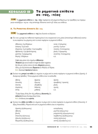 K E º ∞ § ∞ π O I B ΄ T A P H M A T I K A E ¶ I £ E T A ™ E - Ù Ô ˜ , - Ù ¤ Ô ˜ 99
KEº∞§∞πO IB΄
Δ· ÚËÌ·ÙÈÎ¿ Â›ıÂÙ· ÛÂ -ÙÔ˜, -Ù¤Ô˜ ·Ú¿ÁÔÓÙ·È ·ﬁ ÚËÌ·ÙÈÎ¿ ı¤Ì·Ù· ÌÂ ÙËÓ ÚÔÛı‹ÎË ÙˆÓ ·Ú·Áˆ-
ÁÈÎÒÓ Î·Ù·Ï‹ÍÂˆÓ -ÙÔ˜ Î·È -Ù¤Ô˜ ·ÓÙ›ÛÙÔÈ¯·. ∫Ï›ÓÔÓÙ·È Î·Ù¿ ÙË ‚ã ÎÏ›ÛË ÙˆÓ ÂÈı¤ÙˆÓ.
∞. Δ∞ ƒ∏ª∞Δπ∫∞ ∂¶π£∂Δ∞ ™∂ -ÙÔ˜
ŒÓ· ÚËÌ·ÙÈÎﬁ Â›ıÂÙÔ ÛÂ -ÙÔ˜ Â›Ó·È ‰˘Ó·ÙﬁÓ Ó· ‰ËÏÒÓÂÈ:
·) Ÿ,ÙÈ Î·È Ë ÌÂÙÔ¯‹ ÙÔ˘ ·ıËÙÈÎÔ‡ ·Ú·ÎÂÈÌ¤ÓÔ˘ ‹ ÙÔ˘ ÂÓÂÚÁËÙÈÎÔ‡ ‹ ÙÔ˘ Ì¤ÛÔ˘ (Û·ÓÈﬁÙÂÚ· ·ıËÙÈÎÔ‡) ÂÓÂÛÙÒ-
Ù· Î·È ·ÔÚ›ÛÙÔ˘ ÙÔ˘ Ú‹Ì·ÙÔ˜ ·ﬁ ÙÔ ÔÔ›Ô ·Ú¿ÁÂÙ·È ÙÔ ÚËÌ·ÙÈÎﬁ Â›ıÂÙÔ:
àı¿Ó·ÙÔ˜: ï Ìc ıÓ÷‹ÛÎˆÓ Ï˘Ùﬁ˜: ï ÏÂÏ˘Ì¤ÓÔ˜
àÓﬁËÙÔ˜: ï Ìc ÓÔáÓ ÌÂÓÂÙﬁ˜: ï Ì¤ÓˆÓ
ôÚ·ÎÙÔ˜: ï Ìc Ú¿Í·˜ / ï Ìc Ú·¯ıÂd˜ ÔÈËÙﬁ˜: ï ÂÔÈËÌ¤ÓÔ˜
àÊ‡Ï·ÎÙÔ˜: ï Ìc Ê˘Ï·ÙÙﬁÌÂÓÔ˜ ®ËÙﬁ˜: ï óÚÈÛÌ¤ÓÔ˜
ÁÚ·Ùﬁ˜: ï ÁÂÁÚ·ÌÌ¤ÓÔ˜ Û˘Ó·Ùﬁ˜: ï Û˘ÓËÌÌ¤ÓÔ˜
ıÓËÙﬁ˜: ï ıÓ÷‹ÛÎˆÓ Î.¿.
™ÔÊ›· ÁaÚ ÌﬁÓÔÓ ÙáÓ ÎÙËÌ¿ÙˆÓ àı¿Ó·ÙÔÓ.
AÓﬁËÙÔÓ ÁaÚ Î·d Ôé Î·ÏeÓ Ùe ·Úa ÙcÓ àÍ›·Ó Ù˘Á¯¿ÓÂÈÓ.
∫·d ‰Èa ÌbÓ ÙÔÜÙÔÓ ¿ÓÙ· Ù÷É ﬁÏÂÈ ôÚ·ÎÙ· Á¤ÁÔÓÂÓ.
√≈Ùˆ ÌbÓ ‰c à¤ÏÂ˘Û·Ó ôÚ·ÎÙÔÈ âÎ ªÈÏ‹ÙÔ˘ Ôî ¶¤ÚÛ·È.
N.E.: ¶ÚÔÛÔ¯‹! ∞Ê‡Ï·ÎÙË ‰È¿‚·ÛË.
‚) ∂ÎÂ›ÓÔÓ Ô˘ ÌÔÚÂ› Ó· ¿ıÂÈ ﬁ,ÙÈ ÛËÌ·›ÓÂÈ ÙÔ Ú‹Ì· ·ﬁ ÙÔ ÔÔ›Ô ·Ú¿ÁÂÙ·È ÙÔ ÚËÌ·ÙÈÎﬁ Â›ıÂÙÔ (ïÚ·Ùﬁ˜: ï
‰˘Ó¿ÌÂÓÔ˜ ïÚÄÛı·È). Δ¤ÙÔÈ· ÚËÌ·ÙÈÎ¿ Â›ıÂÙ· Â›Ó·È Ù· ·ÎﬁÏÔ˘ı·:
ô‚·ÙÔ˜ ôÚÚËÙÔ˜ ïÚ·Ùe˜
àÎÔ˘ÛÙe˜ ôÙÚˆÙÔ˜ ÚÔÛ‚·Ùe˜ / ÚÔÛÈÙe˜
àÓÂÎÙe˜ (‰È·)‚·Ùe˜ ®ËÙe˜
àÚﬁÛÈÙÔ˜ ‰È‰·ÎÙe˜ ÙÚˆÙe˜
êÙe˜ Ì·ıËÙe˜ Î.¿.
^O ÁaÚ ÏﬁÁÔ˜ ·úÙÈﬁ˜ âÛÙÈ ÙÉ˜ Ì·ı‹ÛÂˆ˜ àÎÔ˘ÛÙe˜ üÓ.
¢È‰·ÎÙc ±·Û· âÈÛÙ‹ÌË ‰ÔÎÂÖ ÂrÓ·È.
N.E.: O Î›Ó‰˘ÓÔ˜ ‹Ù·Ó ÔÚ·Ùﬁ˜.
Á) ∂ÎÂ›ÓÔÓ Ô˘ ·Í›˙ÂÈ Ó· ¿ıÂÈ ﬁ,ÙÈ ÛËÌ·›ÓÂÈ ÙÔ Ú‹Ì· ·ﬁ ÙÔ ÔÔ›Ô ·Ú¿ÁÂÙ·È ÙÔ ÚËÌ·ÙÈÎﬁ Â›ıÂÙÔ (â·ÈÓÂÙﬁ˜: ï
ôÍÈÔ˜ â·ÈÓÂÖÛı·È). ªÂÚÈÎ¿ ·ﬁ ·˘Ù¿ Ù· ÚËÌ·ÙÈÎ¿ Â›ıÂÙ· Â›Ó·È Ù· ·Ú·Î¿Ùˆ:
àÁ·ÛÙe˜ (·ÍÈÔı·‡Ì·ÛÙÔ˜) Î·Ù·Á¤Ï·ÛÙÔ˜
à‚›ˆÙÔ˜ ÌÂÌÙe˜ (·ÍÈﬁÌÂÌÙÔ˜)
‚ÈˆÙe˜ ÌÓËÌÔÓÂ˘Ùe˜ (·ÍÈÔÌÓËÌﬁÓÂ˘ÙÔ˜)
â·ÈÓÂÙe˜ (·ÍÈ¤·ÈÓÔ˜) ÂÚ›‚ÏÂÙÔ˜ (·ÍÈÔı·‡Ì·ÛÙÔ˜)
˙ËÏˆÙe˜ (·ÍÈÔ˙‹ÏÂ˘ÙÔ˜) ÈÛÙe˜ (·ÍÈﬁÈÛÙÔ˜)
ı·˘Ì·ÛÙe˜ (·ÍÈÔı·‡Ì·ÛÙÔ˜) ÛÂÙe˜ (·ÍÈÔÛ¤‚·ÛÙÔ˜) Î.¿.
¨ 140
¨ 139
T· ÚËÌ·ÙÈÎ¿ Â›ıÂÙ·
ÛÂ -ÙÔ˜, -Ù¤Ô˜
 