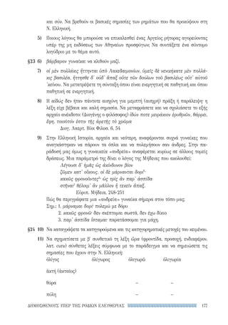177ΔΗΜΟΣΘΕΝΟΥΣ ΥΠΕΡ ΤΗΣ ΡΟΔΙΩΝ ΕΛΕΥΘΕΡΙΑΣ
και σύν. Να βρεθούν οι βασικές σημασίες των ρημάτων που θα προκύψουν στη
Ν. Ελληνική.
	 5)	Ποιους λόγους θα μπορούσε να επικαλεσθεί ένας Αργείος ρήτορας αγορεύοντας
υπέρ της μη εκδόσεως των Αθηναίων προσφύγων; Να συντάξετε ένα σύντομο
λογύδριο με το θέμα αυτό.
§23	6)	 βάρβαρον γυναῖκα: να κλιθούν μαζί.
	 7)	οἱ μὲν πολλάκις ἥττηνται ὑπὸ Λακεδαιμονίων, ὑμεῖς δὲ νενικήκατε μὲν πολλά-
κις βασιλέα, ἥττησθε δ' οὐδ' ἅπαξ οὔτε τῶν δούλων τοῦ βασιλέως οὔτ' αὐτοῦ
'κείνου. Να μετατρέψετε τη σύνταξη όπου είναι ενεργητική σε παθητική και όπου
παθητική σε ενεργητική.
	 8)	Η αἰδώς δεν ήταν πάντοτε αισχύνη για μεμπτή (αισχρή) πράξη ή παράλειψη· η
λέξη είχε βέβαια και καλή σημασία. Να μεταφράσετε και να σχολιάσετε το εξής
αρχαίο ανέκδοτο: (Διογένης ο φιλόσοφος) ἰδών ποτε μειράκιον ἐρυθριῶν, θάρρει,
ἔφη, τοιοῦτόν ἐστιν τῆς ἀρετῆς τὸ χρῶμα
Διογ. Λαερτ. Βίοι Φιλοσ. 6, 54
	 9)	Στην Ελληνική Ιστορία, αρχαία και νεότερη, αναφέρονται συχνά γυναίκες που
αναγκάστηκαν να πάρουν τα όπλα και να πολεμήσουν σαν άνδρες. Στην πα-
ράδοσή μας όμως η γυναικεία «ανδρεία» αναφέρεται κυρίως σε άλλους τομείς
δράσεως. Μια παράμετρό της δίνει ο λόγος της Μήδειας που ακολουθεί:
Λέγουσι δ' ἡμᾶς ὡς ἀκίνδυνον βίον
ζῶμεν κατ' οἴκους, οἱ δὲ μάρνανται δορί1
·
κακῶς φρονοῦντες2
· ὡς τρὶς ἂν παρ' ἀσπίδα
στῆναι3
θέλοιμ' ἂν μᾶλλον ἢ τεκεῖν ἅπαξ.
Εὐριπ. Μήδεια, 248-251
Πώς θα περιγράφατε μια «ανδρεία» γυναίκα σήμερα στον τόπο μας;
Σημ.: 1. μάρναμαι δορί· πολεμώ με δόρυ
	2. κακῶς φρονῶ· δεν σκέπτομαι σωστά, δεν έχω δίκιο
	3. παρ' ἀσπίδα ἵσταμαι· παρατάσσομαι για μάχη.
§24	10)	Να καταγράψετε τα κατηγορούμενα και τις κατηγορηματικές μετοχές του κειμένου.
	 11)	Να σχηματίσετε με β′ συνθετικό τη λέξη ὤρα (φροντίδα, προσοχή, ενδιαφέρον,
λατ. cura) σύνθετες λέξεις σύμφωνα με το παράδειγμα και να σημειώσετε τις
σημασίες που έχουν στην Ν. Ελληνική:
ὀλίγος	 ὀλίγωρος	 ὀλιγωρῶ	ὀλιγωρία
ἀκτή (ἀκταῖος)	 	 	
θύρα	 	 –	 –
πύλη	 	 –	 –
22-0159_RHTORIKA KEIMENA.indb 177 3/5/14 5:12 PM
 